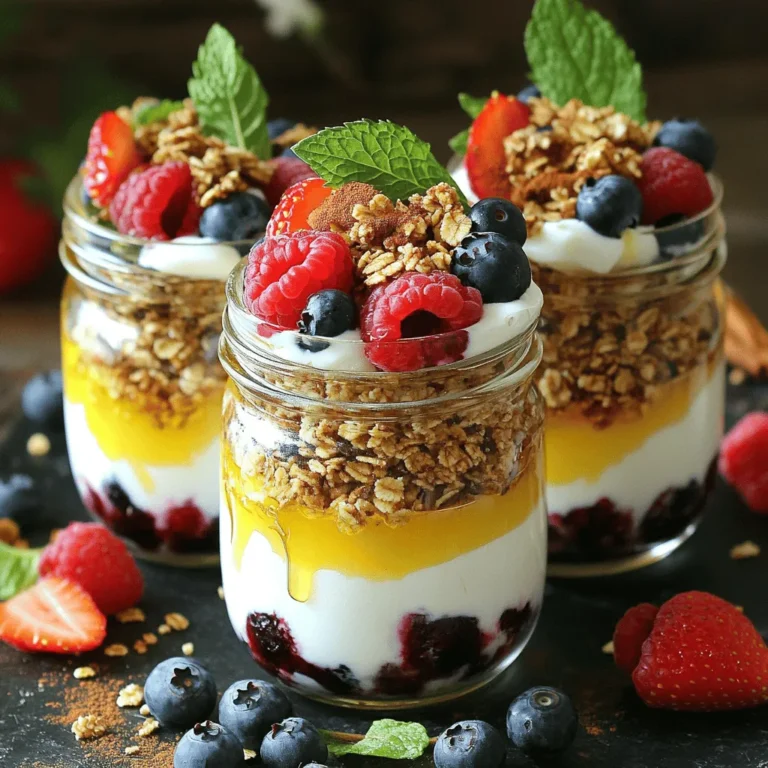 To make Greek yogurt parfait jars, you need a few key ingredients: - 2 cups Greek yogurt (plain or flavored) - 1 cup granola (your choice of flavor) - 1 cup mixed berries (strawberries, blueberries, raspberries) These ingredients create a tasty base. The Greek yogurt adds creaminess and protein. The granola gives a lovely crunch, while the berries offer freshness and natural sweetness. You can add some optional ingredients for more flavor: - 2 tablespoons honey or maple syrup (optional) - A sprinkle of cinnamon (optional) - Fresh mint leaves for garnish Honey or maple syrup sweetens the yogurt. A pinch of cinnamon gives a warm touch. Mint leaves add a pop of color and freshness to your parfaits. Greek yogurt is packed with protein, calcium, and probiotics. It helps with digestion and keeps you feeling full. The berries bring vitamins and antioxidants, which are great for your health. Granola provides fiber and energy, making this parfait a balanced meal or snack. You can enjoy this treat without guilt! Check out the Full Recipe to get started on these delicious Greek yogurt parfait jars. To make your parfait jars, start by washing the mixed berries. Use strawberries, blueberries, and raspberries for the best mix. If you use strawberries, slice them into smaller pieces. This makes them easier to layer. Next, gather your Greek yogurt. You can use plain or flavored yogurt based on your taste. Grab a clean jar or glass to build your parfait. Begin with a big spoonful of Greek yogurt at the bottom. Make sure it’s a good layer. Next, add granola on top of the yogurt. Press the granola down lightly; this helps it stick. After that, place a layer of mixed berries over the granola. Spread them out evenly for a colorful look. If you like sweetness, drizzle honey or maple syrup on top. Optionally, sprinkle some cinnamon to bring out the flavors. Repeat these layers until the jar is full. End with a layer of berries on top. For a nice finish, garnish with a few fresh mint leaves. They add color and a fresh taste. Cover the jar with a lid or plastic wrap. Place it in the fridge for at least 30 minutes. This allows all the flavors to mix well. Now you are ready to enjoy a delicious Greek yogurt parfait! For the complete recipe, check the Full Recipe section. To make your Greek yogurt parfait look amazing, use clear jars. This way, you can see each layer. Start with yogurt at the bottom. Then, add granola and berries. Keep layers even for a pretty look. Use a spoon to push down the granola. This creates a nice base. You can repeat layers until the jar is full. Always finish with berries on top. A sprig of mint adds a nice touch too! When picking yogurt, choose plain or flavored Greek yogurt. Plain yogurt is great for adding your own sweeteners. For granola, select a flavor you enjoy. A nutty or fruity granola works well. Choose fresh, ripe berries for the best taste. Strawberries, blueberries, and raspberries are perfect. If you like sweet, add honey or maple syrup. A sprinkle of cinnamon can also boost flavor. Always pick the freshest ingredients for a tasty parfait! If you want to skip store-bought granola, making your own is easy. Just mix oats, nuts, and a sweetener. Bake it until golden, and you have homemade granola. You can add spices like cinnamon or nutmeg for flavor. Dried fruits like raisins or cranberries can also work. This way, you control the sugar and flavors. Homemade granola is a fun way to be creative with your parfait. {{image_2}} You love Greek yogurt parfaits, but what if you're vegan? You can switch to plant-based yogurt. Look for almond, coconut, or soy yogurt. These options taste great and have a similar creamy texture. Use the same layering method as before. You can also add nuts or seeds for crunch. Chia seeds or hemp seeds work well! If you're gluten-free, don't worry! You can still enjoy parfaits. Choose gluten-free granola. Many brands offer tasty options. You can also use puffed rice or oats as a base. These choices keep your parfait crunchy. Just make sure to check the labels for gluten-free certification. Fruits change with the seasons, and so can your parfaits! In spring, try strawberries and blueberries. In summer, use peaches or mangoes for a tropical twist. Fall brings apples and pears, while winter can feature citrus fruits. Each season offers unique flavors, so mix it up! You can even freeze fruits to enjoy them year-round. Explore these variations to make your Greek yogurt parfait jars exciting! For the complete recipe, check out the Full Recipe section. After you make your Greek yogurt parfait jars, proper storage is key. Use airtight containers or jars with lids. This keeps your parfait fresh and tasty. If you layer parfaits in jars, seal them well. Store them in the fridge. This way, they stay cool and delicious. Greek yogurt parfaits can last about 2 to 3 days in the fridge. The yogurt and berries stay fresh during this time. However, granola can get soggy if stored too long. For best taste, eat your parfaits within one day if possible. You can always add granola fresh just before serving. This keeps the crunch intact. Meal prep makes life easier. You can prepare several jars at once. Just layer the yogurt, berries, and honey in jars. Leave out the granola until you are ready to eat. This way, you have a quick and healthy snack or breakfast ready to go. Take a parfait jar with you when you leave home. They are perfect for busy mornings or picnics. Enjoy your Greek yogurt parfait jars fresh and flavorful with these tips! The best yogurt for parfaits is Greek yogurt. It is thick and creamy. This texture holds layers well. You can use plain or flavored Greek yogurt. Plain yogurt allows you to control sweetness. Flavored options add taste without extra work. Yes, you can make Greek Yogurt Parfaits ahead of time. I recommend making them the night before. This gives the flavors time to mix. Store your parfaits in the fridge. They stay fresh for about 2 to 3 days. Just keep the granola separate to stay crunchy. You can easily make a parfait without granola. Use nuts or seeds for crunch instead. Chopped almonds or sunflower seeds work well. You can also layer in oats or coconut flakes. These add texture and flavor. You can mix in extra fruits or chocolate for more fun. For the full recipe, check out the Greek Yogurt Parfait Jars section. Greek yogurt parfaits are easy and fun to make. We covered key ingredients and how to layer them perfectly. I shared tips for storing and meal prepping these tasty treats. You can even adapt them to fit vegan or gluten-free diets. With so many flavors to explore, your parfaits can change with the seasons. Enjoy your healthy, delicious concoctions!