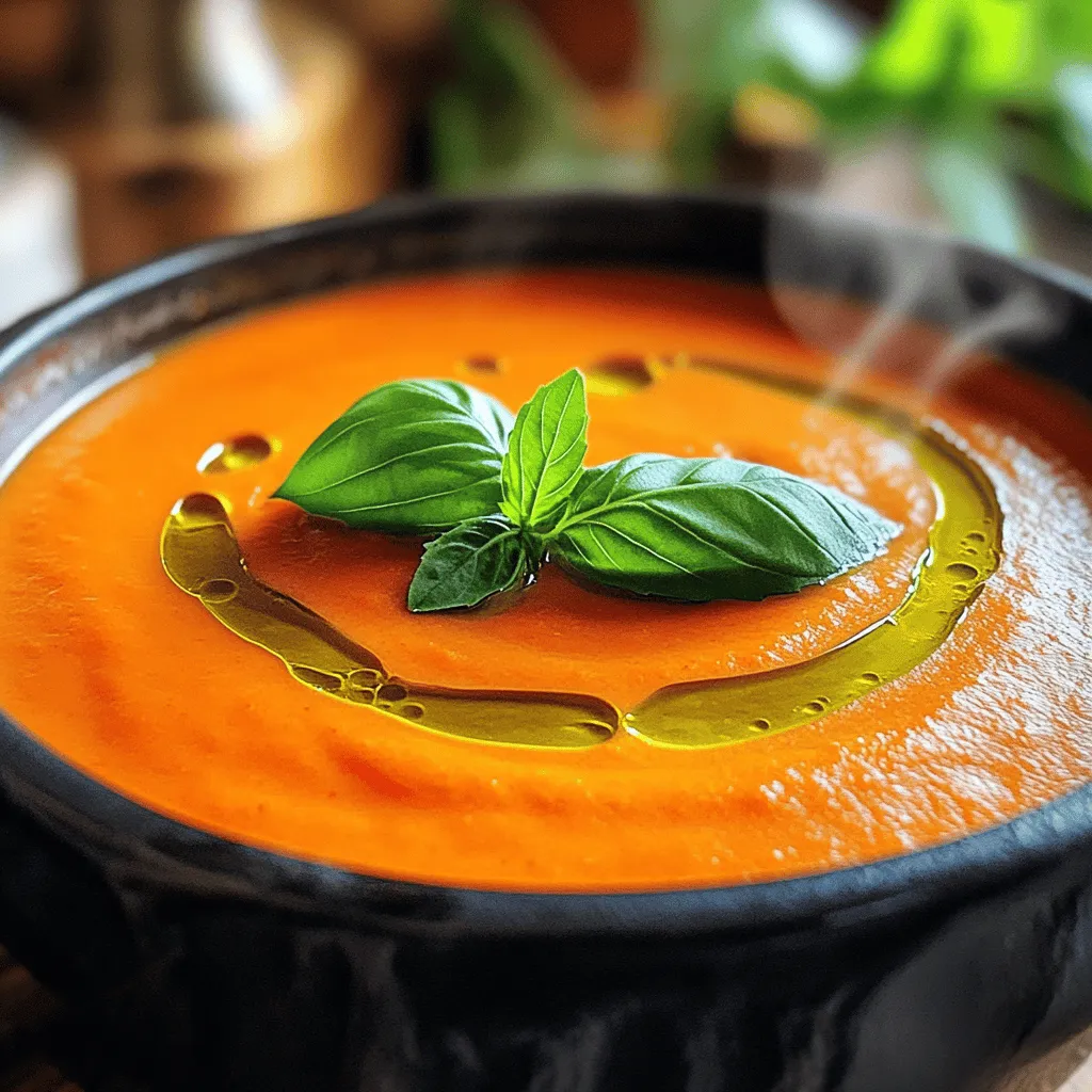 To make the best creamy roasted red pepper soup, you'll need simple ingredients. Each one adds flavor and depth to the dish. Here’s what you’ll need: - 4 large red bell peppers, halved and seeded - 1 medium onion, chopped - 3 cloves garlic, minced - 2 cups vegetable broth - 1 cup heavy cream (or coconut cream for a dairy-free option) - 1 tablespoon olive oil - 1 teaspoon smoked paprika - Salt and pepper to taste - Fresh basil leaves for garnish Each ingredient plays a crucial role. The red bell peppers give the soup its sweet and smoky flavor. Onion and garlic add depth and aroma. Vegetable broth gives a warm base, while heavy cream makes it rich and smooth. Smoked paprika adds a unique twist, making it even more delicious. Use fresh basil for a bright finish. Check out the Full Recipe for more details on making this comforting soup. 1. Preheat oven and prepare ingredients Begin by preheating your oven to 400°F (200°C). This heat will bring out the best in the peppers. While waiting, gather your ingredients. You will need 4 large red bell peppers, 1 medium onion, 3 cloves of garlic, and some broth. 2. Roast red bell peppers Cut the bell peppers in half and remove the seeds. Place them cut side down on a baking sheet. Drizzle with olive oil, then roast them in the oven for 25-30 minutes. Look for blistered skins and tender flesh. This step gives the soup a rich, sweet flavor. 1. Sauté onions and garlic While the peppers roast, heat 1 tablespoon of olive oil in a large pot over medium heat. Add your chopped onion. Cook it for about 5-7 minutes until it turns clear. This step builds a tasty base for your soup. 2. Add spices and aromas Once the onion is ready, stir in 3 minced garlic cloves and 1 teaspoon of smoked paprika. Cook for another 1-2 minutes until you smell the aromas. The smoked paprika adds depth to the flavor, making it special. 1. Combine roasted peppers with base After roasting, let the peppers cool slightly. Peel off the skins, then add them to the pot with the onions and garlic. Pour in 2 cups of vegetable broth. Bring everything to a simmer and cook for about 10 minutes. This helps all the flavors blend. 2. Blend until smooth and stir in cream Use an immersion blender to mix the soup until it is smooth. If you don’t have one, you can carefully transfer it to a blender in batches. After blending, stir in 1 cup of heavy cream. Season with salt and pepper to taste. Warm the soup gently but do not let it boil. Now, you have a delicious creamy roasted red pepper soup ready to serve! For the full recipe, check the detailed instructions above. Choosing ripe red bell peppers Pick peppers that are bright red and firm. Look for a smooth skin with no blemishes. Ripe peppers are sweeter and add more flavor to your soup. They also have a rich color that makes your dish pop. Optimal roasting techniques Roasting brings out the natural sweetness of red peppers. Set your oven to 400°F (200°C). Place the peppers cut side down on a baking sheet. Drizzle lightly with olive oil. Roast them for 25-30 minutes. You want the skins to blister and the peppers to be soft. Using an immersion blender vs. traditional blender An immersion blender is a quick and easy way to blend soup. You can blend right in the pot. This saves time and cuts down on mess. If you use a traditional blender, let the soup cool a bit. Blend in batches to avoid splatter. Additional spices and herbs suggestions You can add more flavor to your soup with spices. Try a pinch of cayenne for heat. Fresh herbs like thyme or oregano can also boost the taste. For a smoky flavor, add a bit more smoked paprika. Experiment to find what you like best! {{image_2}} For a dairy-free soup, use coconut cream instead of heavy cream. Coconut cream adds a rich texture and a hint of sweetness. To do this, simply replace the 1 cup of heavy cream in the recipe with 1 cup of coconut cream. The soup will maintain its creamy feel while being dairy-free. This swap works well, especially if you like a touch of coconut flavor. If you enjoy some heat, add red pepper flakes to the soup. Start with 1/2 teaspoon and adjust to your taste. You can add the flakes when you sauté the onions and garlic. This gives the spice time to bloom and mix with the other flavors. The heat from the red pepper flakes pairs well with the sweetness of the roasted peppers, making each spoonful exciting. Want a heartier soup? Add vegetables or beans for a chunky texture. You can include diced zucchini, carrots, or even canned beans like cannellini or chickpeas. Chop the veggies and add them to the pot right after you blend in the roasted peppers. Let them simmer for about 10 minutes. This creates a filling meal and adds more nutrients. Feel free to mix and match based on what you have at home. For the full recipe, check out the details above! To store leftover soup, let it cool first. Pour the soup into an airtight container. Make sure to seal it tightly. Place the container in the fridge. The soup will last for about three to four days. When you are ready to eat, just take it out and reheat. Freezing creamy soup is easy. First, let the soup cool completely. Use freezer-safe containers or bags. Leave some space at the top, as soup expands when frozen. Label the containers with the date. You can freeze the soup for up to three months. When you want to enjoy it again, just take it out of the freezer. Reheating soup can be tricky. To keep the flavor, use a pot on low heat. Stir the soup often as it warms up. If it looks too thick, add a splash of broth or water. Do not boil the soup, as it can change the texture. Enjoy it hot and fresh! For the full recipe, check out the link above. How do I make creamy roasted red pepper soup vegan? You can easily make this soup vegan by replacing heavy cream with coconut cream. This gives the soup a rich taste without dairy. Also, check your vegetable broth to ensure it is vegan-friendly. Can I use roasted red peppers from a jar? Yes, using jarred roasted red peppers is a great shortcut. They save time and still add a lovely flavor to the soup. Just drain them well before adding them to your pot. What can I serve with this soup? This soup pairs wonderfully with crusty bread or a fresh salad. You can also serve grilled cheese sandwiches for a cozy meal. For something lighter, try a cucumber and tomato salad. Each serving of creamy roasted red pepper soup has approximately: - Calories: 300 - Fat: 20g - Carbohydrates: 30g - Protein: 4g These values can vary based on the specific ingredients you use. You can elevate your soup by adding toppings like: - Croutons for crunch - A drizzle of olive oil for richness - A sprinkle of fresh herbs for brightness This soup also works well as a starter or a main dish. Pair it with a light wine or a refreshing iced tea for a perfect meal. For more ideas, check out the Full Recipe. This blog post covered the key steps to make creamy roasted red pepper soup. We explored the main ingredients, cooking methods, and tips for great flavor. You can adjust this recipe for various dietary needs or tastes. Store leftovers properly for the best results. Remember, cooking is about having fun and trying new things. Enjoy making this delicious soup and share it with friends and family. You’ll impress them with your skills!