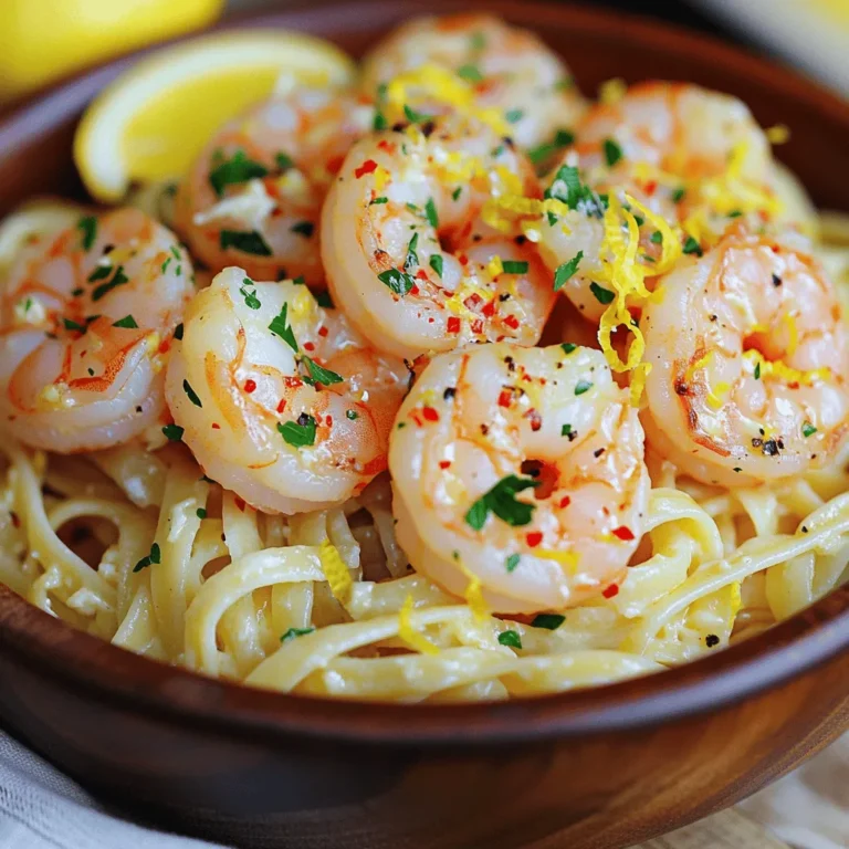 - 1 pound large shrimp, peeled and deveined - 8 ounces linguine or spaghetti - 4 tablespoons unsalted butter - 4 cloves garlic, minced - 1 teaspoon red pepper flakes (adjust to taste) - 1 lemon, zested and juiced - 1/4 cup fresh parsley, chopped - Salt and black pepper to taste - 1/2 cup chicken broth or vegetable broth - Grated Parmesan cheese for serving (optional) Gather these ingredients for your Easy Shrimp Scampi. Start with fresh shrimp. Look for shrimp that is firm and has a nice pink color. Choose linguine or spaghetti for the pasta. Both work well in this dish. Unsalted butter adds a rich flavor to the sauce. You will need garlic for a fragrant base. Red pepper flakes give a nice kick. Adjust them to your taste. Use a fresh lemon to bring brightness to the dish. Zest it carefully before juicing for the best flavor. Chop some fresh parsley for garnish. It adds color and freshness to your plate. Season with salt and black pepper to enhance the flavors. Broth adds depth to the sauce. Choose chicken or vegetable broth based on your preference. You can add grated Parmesan cheese on top if you like. It melts beautifully and adds creaminess. This simple list of ingredients makes a delightful meal that is quick and easy. For the full recipe, check [Full Recipe]. Enjoy cooking! - Bring a large pot of salted water to a boil. - Cook linguine or spaghetti until al dente. - Drain and reserve some pasta water. Cooking the pasta is simple. First, add a good amount of salt to the water. This adds flavor. Then, drop in the pasta. Stir it occasionally so it doesn’t stick. The package will tell you how long to cook it. You want it to be firm, but not hard. This is called al dente. Once done, drain the pasta. Don’t forget to save some water for later! - Melt butter in a large skillet over medium heat. - Add shrimp, seasoning them with salt, pepper, and red pepper flakes. - Cook until shrimp turn pink and opaque. Now, let’s cook the shrimp. In a big skillet, melt some butter over medium heat. This adds a nice flavor. Add the shrimp and sprinkle salt, pepper, and red pepper flakes on top. These spices give it a kick! Cook for about 2 to 3 minutes. You will see the shrimp change color. They should look pink and opaque when they are ready. This means they are cooked just right! - Sauté garlic in the same skillet until fragrant. - Stir in chicken or vegetable broth, lemon juice, and zest. - Allow sauce to simmer for thickening. Next, we make the tasty sauce. In the same skillet, add more butter and toss in minced garlic. Sauté the garlic for 1 to 2 minutes. You want it to smell great but not burn. Then, pour in the broth, lemon juice, and lemon zest. Stir it well and let it simmer for about 3 to 4 minutes. This helps thicken the sauce and blend all the flavors. - Return shrimp to skillet along with cooked pasta and parsley. - Mix well, using reserved pasta water as needed for consistency. It’s time to combine everything! Add the cooked shrimp back into the skillet. Next, add the pasta and some chopped parsley. Mix it all together. If the sauce is too thick, add some of that reserved pasta water. This will help the sauce coat the pasta nicely. - Adjust seasoning as desired. - Serve hot with optional grated Parmesan cheese. Finally, taste your dish. You can add more salt, pepper, or red pepper flakes if needed. Serve it hot in a pasta bowl. If you like, sprinkle some grated Parmesan cheese on top. It makes the dish even better! For a nice touch, add extra parsley and a lemon wedge on the side. Enjoy your tasty shrimp scampi! For the full recipe, check out the detailed instructions provided earlier. To cook shrimp just right, keep an eye on the timing. Cook shrimp over medium heat for 2-3 minutes. You want them to turn pink and opaque. Too long, and they get rubbery. Avoid high heat, as it cooks them too fast. - Timing: 2-3 minutes is usually perfect. - Temperature: Use medium heat to keep them tender. To prevent rubbery shrimp, don't crowd the pan. If you add too many, they steam instead of sauté. Cook in batches if needed. You can switch up the sauce to match your taste. Want it creamier? Add a splash of cream or a dollop of mascarpone. If you like more zing, add extra lemon juice or zest. - Modifications: Try cream for richness or add extra lemon for brightness. - Spice Levels: Adjust red pepper flakes to make it milder or hotter based on your preference. Feel free to mix in herbs like basil or oregano for extra flavor. Garnishing makes your dish pop! Fresh parsley adds a nice green touch. A lemon wedge on the side looks great too. - Garnishing Tips: Use parsley and lemon for color. - Serving Dishes: A large pasta bowl makes it look fancy. Consider serving in individual bowls for a more personal touch. It makes every plate feel special. For the full recipe, check out the [Full Recipe]. {{image_2}} If you want to change things up, try using chicken or tofu instead of shrimp. Chicken cooks well in this dish and has a nice flavor. Tofu is great for a vegetarian option and soaks up the sauce well. You can also use different types of pasta, like penne or fettuccine, to give the dish a new twist. Choose the pasta you love most! To boost the taste, consider adding more herbs or spices. Fresh basil or thyme can add a nice touch. If you like some crunch, try adding bell peppers or spinach. These veggies not only add flavor but also pack in extra nutrition. A handful of cherry tomatoes can also brighten the dish and add a pop of color. Making a gluten-free version is easy. Just swap out regular pasta for gluten-free pasta. Many brands offer tasty options that work well. For a dairy-free alternative, you can skip the butter and use olive oil instead. This keeps the dish light while still being delicious. You can also leave out the Parmesan cheese for a completely dairy-free meal. To store leftover shrimp scampi, place it in an airtight container. Use a container that seals well to keep it fresh. You can keep it in the fridge for up to three days. After that, the shrimp may lose its taste and texture. Always make sure the dish cools down before sealing it. You can freeze shrimp scampi if you want to save it for later. First, let it cool completely. Then, place it in a freezer-safe container or bag. Remove as much air as possible to prevent freezer burn. It can last for up to three months in the freezer. When you’re ready to eat, thaw it in the fridge overnight before reheating. For safe reheating, use the microwave or a skillet. If you choose the microwave, heat it in short bursts to avoid overcooking the shrimp. Stir it often to warm it evenly. If you prefer a skillet, add a splash of broth or water to keep it moist. Heat over low to medium heat, stirring gently. This helps restore freshness and flavor. For the full recipe, check out the [Full Recipe]. The best shrimp for scampi are large shrimp, usually labeled as "U15" or "16-20." These sizes mean there are 15 or fewer shrimp per pound. They cook quickly and give a nice bite. Fresh shrimp have a sweet taste and bounce when you press them. If you can't find fresh shrimp, frozen shrimp work well too. Just make sure they are peeled and deveined. Yes, you can make shrimp scampi ahead of time. Cook the shrimp and sauce, then store them separately from the pasta. Let them cool first. Use airtight containers to keep them fresh. You can store them in the fridge for up to two days. When ready to eat, simply reheat the shrimp and sauce in a skillet. Cook the pasta fresh for the best taste. To turn up the heat, add more red pepper flakes. You can also include fresh chili peppers or hot sauce. Another option is to add a pinch of cayenne pepper while cooking. Start with a little, then taste as you go. This way, you can find the right level of spice for your taste. Shrimp scampi can be a healthy option. Shrimp are low in calories and high in protein. They also contain omega-3 fatty acids, which are good for your heart. The dish does have butter, which adds fat, but you can use less or substitute it with olive oil. Adding fresh herbs and lemon juice boosts flavor without many calories. Enjoying this dish in moderation can be part of a balanced diet. This blog post covered everything you need for perfect shrimp scampi. We discussed key ingredients, step-by-step instructions, and helpful tips for cooking the dish. You can customize it based on your taste and enjoy leftovers. Remember, whether you're using shrimp, chicken, or tofu, this dish is versatile. By following these guidelines, you can create a delightful meal that impresses everyone. Try experimenting with flavors and enjoy the delicious results. Happy cooking!