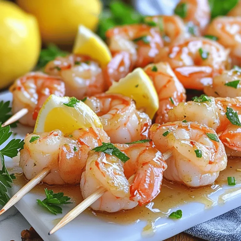 - 1 pound large shrimp, peeled and deveined - 1/4 cup honey - 3 cloves garlic, minced - 2 tablespoons soy sauce - 1 tablespoon fresh lemon juice For the best flavor, fresh ingredients work wonders. When I use large shrimp, they soak up the marinade well. Honey adds sweetness, while garlic brings a rich taste. Soy sauce provides a savory kick, and lemon juice balances the flavors. - 1 tablespoon olive oil - 1 teaspoon crushed red pepper flakes - Salt and pepper to taste - Skewers (soaked in water if wooden) Olive oil helps the shrimp cook well on the grill. The red pepper flakes add a bit of heat, so adjust them based on your spice preference. Always season with salt and pepper to enhance the dish. If you use wooden skewers, soaking them prevents burning while grilling. - Lemon wedges - Fresh parsley Lemon wedges brighten the dish and make it look appealing. Fresh parsley adds a pop of color and freshness. These garnishes make your skewers not just tasty but also beautiful. For the full recipe, check out the details above. First, gather your marinade ingredients. In a bowl, mix together the honey, minced garlic, soy sauce, lemon juice, olive oil, crushed red pepper flakes, salt, and pepper. Whisk this mixture well until it’s blended. Next, add your peeled and deveined shrimp to the bowl. Make sure each shrimp gets coated with the marinade. Cover the bowl with plastic wrap and place it in the fridge. Let it marinate for at least 30 minutes. This helps the shrimp soak up all that yummy flavor. While the shrimp marinates, it's time to get your grill ready. Preheat the grill to medium-high heat. If you use wooden skewers, soak them in water for about 30 minutes. This step is key. It stops the skewers from burning while grilling. Now for the fun part! Start by threading the marinated shrimp onto the skewers. Leave a little space between each shrimp to help them cook evenly. Place the skewers on the grill. Cook the shrimp for about 2-3 minutes on each side. You’ll know they’re done when they turn pink and opaque. During cooking, brush any extra marinade over the shrimp. This gives them an extra burst of flavor. Once cooked, remove the skewers from the grill and let them rest for a minute. Enjoy these delicious Honey Garlic Shrimp Skewers! For the full recipe, check out the details above. To get the best Honey Garlic Shrimp Skewers, set your grill to medium-high heat. This temperature cooks the shrimp nicely without burning them. You want the grill hot enough to sear the shrimp but not so hot that they turn dry. Leave a little space between each shrimp on the skewers. This helps them cook evenly. If they are too close, they will steam instead of grilling. Proper spacing lets the heat circulate around each piece. Want to spice things up? You can add extra herbs like cilantro, basil, or even a pinch of cumin. These will give your skewers a unique twist. If you want a touch of sweetness, try adding a bit of orange juice or zest. For a different flavor, you can swap the marinade. Try teriyaki sauce for a sweet and savory taste. Or use a spicy chili paste for heat. The options are endless, and each twist can create a new favorite. Pair your Honey Garlic Shrimp Skewers with fresh sides. A light salad with mixed greens and a citrus dressing works great. You can also serve them with a side of grilled vegetables for added color and flavor. For presentation, arrange the skewers on a large platter. Add lemon wedges and sprigs of parsley for a pop of color. This not only makes it look appealing but adds freshness to each bite. Don’t forget to have extra dipping sauce on the side for your guests! {{image_2}} You can change the main protein in this recipe. If you want to swap shrimp for chicken, use boneless chicken breast cut into bite-sized pieces. For a plant-based option, tofu works great too. Just press the tofu to remove excess water before marinating. You can also switch the sweetener. If honey is not your thing, try maple syrup or agave. These options will add a unique twist to the flavor. You can cook these shrimp in different ways. Grilling adds a smoky taste, which makes the dish special. However, if you don’t have a grill, you can bake the shrimp in the oven. Set your oven to 400°F (200°C) and cook for about 10-12 minutes. Another great option is to use a skillet on the stovetop. Heat a bit of oil and cook the shrimp for 2-3 minutes on each side until they turn pink and opaque. To enhance the taste, you can add tropical elements. Pineapple chunks or shredded coconut can give your skewers a fun twist. Don’t be afraid to experiment with herbs! Fresh cilantro, basil, or mint can add freshness and depth. Try adding a mix of herbs to see what suits your taste best. For the full recipe, check out the Honey Garlic Shrimp Skewers section. After you enjoy your honey garlic shrimp skewers, store any leftovers in the fridge. Place them in a clean, airtight container. This will keep them fresh and safe to eat. Try to eat them within three days for the best taste. If you want to keep them longer, you can freeze them. Wrap the skewers tightly in plastic wrap or foil, then put them in a freezer bag. Cooked shrimp skewers can last up to three months in the freezer. When it's time to eat your leftovers, reheating them properly is key. The oven works best for this. Preheat your oven to 350°F. Place the skewers on a baking sheet and cover them with foil. Heat for about 10-15 minutes until warm. If you're in a rush, you can use the microwave. Place the shrimp on a microwave-safe plate and cover it with a damp paper towel. Heat in short bursts of 30 seconds until warmed. To keep the shrimp juicy, avoid overheating them. Cooked honey garlic shrimp skewers can last in the fridge for about three days. After that, the shrimp may spoil. Signs of spoilage include a sour smell, a slimy texture, or discoloration. If you notice any of these signs, it's best to throw them away. Always prioritize your health and safety when it comes to food storage. For the best flavor, marinate the shrimp for at least 30 minutes. This time allows the shrimp to soak up the sweet and savory notes of the marinade. If you have time, marinating for up to 2 hours enhances the taste even more. Just remember not to exceed this time, as shrimp can become mushy. Yes, you can use frozen shrimp. To prepare frozen shrimp, first, thaw them in the fridge overnight. If you need them quicker, place the shrimp in a sealed bag and submerge it in cold water for about 15-20 minutes. Once thawed, rinse them under cold water and pat dry before marinating. Several sides pair well with Honey Garlic Shrimp Skewers. Try serving them with: - Steamed rice or quinoa for a filling base. - Grilled vegetables like zucchini or bell peppers for a colorful plate. - A fresh salad with mixed greens and a light vinaigrette for crunch. - Garlic bread to soak up any extra sauce. Yes, you can make Honey Garlic Shrimp Skewers in the oven. Preheat your oven to 400°F (200°C). Place the skewers on a baking sheet lined with foil. Bake for about 8-10 minutes, flipping halfway through. The shrimp should be pink and opaque when done. This method is perfect if you don’t have a grill. For more details, check the [Full Recipe]. This blog post covers all you need for perfect Honey Garlic Shrimp Skewers. You learned about the key ingredients, including shrimp, honey, and garlic. I shared step-by-step grilling instructions and useful tips for a better cook. Plus, I offered variations for different tastes and storage advice for leftovers. Now you can make delicious skewers with confidence. Enjoy trying new flavors and impressing your friends and family with this recipe!