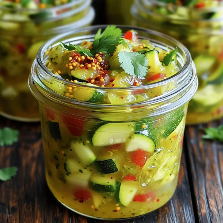 - 4 medium zucchinis, finely chopped - 1 large onion, minced - 1 red bell pepper, finely diced - 2 cloves garlic, minced - 1 tablespoon ginger, grated - 1 cup apple cider vinegar - ¾ cup sugar - 1 tablespoon mustard seeds - 1 tablespoon chili flakes (adjust to taste) - 1 teaspoon turmeric powder - 1 teaspoon salt - ¼ cup fresh cilantro, chopped Gather these ingredients before you start. Each one adds a unique flavor. The zucchinis give a fresh taste, while the onion and garlic add depth. The ginger brings warmth, and the vinegar balances everything with a tangy kick. You can customize the chili flakes to match your heat level. If you love spice, add more! The mustard seeds pop for a fun texture. Turmeric adds color and a hint of earthiness. - Large mixing bowl - Pot for cooking - Measuring cups and spoons - Knife and cutting board - Sterilized jars for storage Make sure you have all these tools ready. A large mixing bowl helps mix the veggies well. The pot needs to be big enough to hold everything while it simmers. A sharp knife makes chopping easy. Use sterilized jars to keep your relish fresh. With these ingredients and tools, you're set to make a delicious spicy zucchini relish. For the full recipe, check out the complete steps that follow. First, wash the zucchinis well under cold water. This removes dirt and ensures they are clean. Next, cut off both ends of the zucchinis. Now, finely chop the zucchinis into small pieces. This helps them cook evenly. For the other veggies, mince the onion and garlic. Dice the red bell pepper. Lastly, grate the ginger. Gather all the chopped veggies in a large mixing bowl. In a large pot, pour in the apple cider vinegar. Add the sugar, mustard seeds, chili flakes, turmeric powder, and salt. Stir the mixture well, making sure the sugar dissolves. Heat this blend over medium heat until it simmers. Once it’s simmering, add your chopped vegetables to the pot. Bring everything to a gentle boil. After boiling, lower the heat and let it simmer for 30 to 40 minutes. Stir occasionally to prevent sticking. This helps all the flavors blend together. Once the relish thickens to your desired texture, remove it from heat. Stir in the fresh cilantro for a burst of flavor. Allow the relish to cool slightly. Then, transfer it to sterilized jars. Seal the jars tightly. Let them cool completely at room temperature before storing in the refrigerator. To make the best spicy zucchini relish, chop your veggies finely. This allows the flavors to mix well. When the pieces are small, they soak up the spices. Use a sharp knife for clean cuts. This helps keep your veggies fresh and bright. If you want to change the heat, adjust the chili flakes. Start with a smaller amount and taste. You can always add more if you like it spicier. For less heat, you can skip the chili flakes or use mild peppers. Remember, it’s all about what you enjoy. Want to boost the taste? Try adding fresh herbs like dill or basil. A splash of lime juice can brighten the flavor too. You could even add some cumin for a warm twist. Mix and match to find your favorite flavor combo. Experimenting makes cooking fun! {{image_2}} You can swap out the zucchinis for other veggies. Try cucumbers for a crunchier taste. Yellow squash also works well. If you want a twist, use eggplant or bell peppers. Each will add its unique flavor to the relish. Want to change up the taste? Add spices like cumin or coriander for warmth. Fresh herbs like basil or mint can brighten the relish. A squeeze of lemon or lime juice brings a zesty kick. These flavor additions can make your relish special and unique. Spicy zucchini relish pairs well with many dishes. Use it as a topping for grilled meats. It also works great on tacos or sandwiches. Mix it into salads for extra crunch. Serve it alongside cheese and crackers for a delightful snack. To keep your spicy zucchini relish fresh, store it in clean, airtight jars. Make sure to fill each jar, leaving a small space at the top. This helps maintain flavor and keeps the relish from spoiling. Place the jars in the fridge after they cool down. The cold slows down spoilage and keeps the relish tasty. When stored properly, spicy zucchini relish lasts about 2 to 3 weeks in the fridge. Always check for signs of spoilage. If you see mold or an off smell, it’s best to throw it away. Fresh relish has a bright color and a strong scent. If those fade, it may be time to let it go. If you want to keep the relish longer, freezing is a great option. Use freezer-safe jars or bags. Leave space for expansion as the relish freezes. This will prevent jar breakage. The relish can last up to 6 months in the freezer. When you're ready to use it, thaw it in the fridge overnight. Enjoy your spicy zucchini relish anytime with these simple storage methods! You can add spicy zucchini relish to many dishes. Try it on hot dogs or burgers for a tasty twist. It works great as a topping for grilled meats or fish. You can also mix it into salads for a kick. Use it as a spread on sandwiches or wraps. It adds flavor to rice or grain bowls too. Yes, you can make spicy zucchini relish without sugar. Use honey or agave syrup as a sweetener. You can also try using stevia for a low-calorie option. If you skip the sugar, the relish will be less sweet. This may change the overall taste but can still be delicious. You can use white vinegar or rice vinegar instead of apple cider vinegar. Each type of vinegar has a unique taste. White vinegar gives a sharper flavor, while rice vinegar is milder and sweeter. Choose based on your taste preference and what you have on hand. For the full recipe, check out the detailed instructions above. We explored how to make spicy zucchini relish with simple ingredients and steps. You learned about preparing, cooking, and storing this delicious dish. Remember to chop your veggies finely for the best taste. Feel free to adjust spice levels to match your preference. This relish adds zing to many meals. With proper storage, it stays fresh for weeks. Enjoy your homemade relish and experiment with flavors to find your favorite twist!