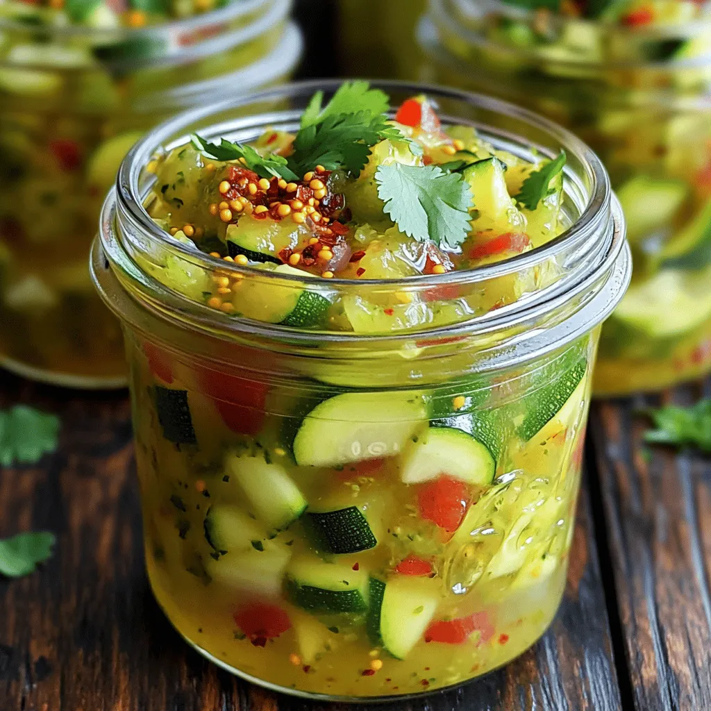 - 4 medium zucchinis, finely chopped - 1 large onion, minced - 1 red bell pepper, finely diced - 2 cloves garlic, minced - 1 tablespoon ginger, grated - 1 cup apple cider vinegar - ¾ cup sugar - 1 tablespoon mustard seeds - 1 tablespoon chili flakes (adjust to taste) - 1 teaspoon turmeric powder - 1 teaspoon salt - ¼ cup fresh cilantro, chopped Gather these ingredients before you start. Each one adds a unique flavor. The zucchinis give a fresh taste, while the onion and garlic add depth. The ginger brings warmth, and the vinegar balances everything with a tangy kick. You can customize the chili flakes to match your heat level. If you love spice, add more! The mustard seeds pop for a fun texture. Turmeric adds color and a hint of earthiness. - Large mixing bowl - Pot for cooking - Measuring cups and spoons - Knife and cutting board - Sterilized jars for storage Make sure you have all these tools ready. A large mixing bowl helps mix the veggies well. The pot needs to be big enough to hold everything while it simmers. A sharp knife makes chopping easy. Use sterilized jars to keep your relish fresh. With these ingredients and tools, you're set to make a delicious spicy zucchini relish. For the full recipe, check out the complete steps that follow. First, wash the zucchinis well under cold water. This removes dirt and ensures they are clean. Next, cut off both ends of the zucchinis. Now, finely chop the zucchinis into small pieces. This helps them cook evenly. For the other veggies, mince the onion and garlic. Dice the red bell pepper. Lastly, grate the ginger. Gather all the chopped veggies in a large mixing bowl. In a large pot, pour in the apple cider vinegar. Add the sugar, mustard seeds, chili flakes, turmeric powder, and salt. Stir the mixture well, making sure the sugar dissolves. Heat this blend over medium heat until it simmers. Once it’s simmering, add your chopped vegetables to the pot. Bring everything to a gentle boil. After boiling, lower the heat and let it simmer for 30 to 40 minutes. Stir occasionally to prevent sticking. This helps all the flavors blend together. Once the relish thickens to your desired texture, remove it from heat. Stir in the fresh cilantro for a burst of flavor. Allow the relish to cool slightly. Then, transfer it to sterilized jars. Seal the jars tightly. Let them cool completely at room temperature before storing in the refrigerator. To make the best spicy zucchini relish, chop your veggies finely. This allows the flavors to mix well. When the pieces are small, they soak up the spices. Use a sharp knife for clean cuts. This helps keep your veggies fresh and bright. If you want to change the heat, adjust the chili flakes. Start with a smaller amount and taste. You can always add more if you like it spicier. For less heat, you can skip the chili flakes or use mild peppers. Remember, it’s all about what you enjoy. Want to boost the taste? Try adding fresh herbs like dill or basil. A splash of lime juice can brighten the flavor too. You could even add some cumin for a warm twist. Mix and match to find your favorite flavor combo. Experimenting makes cooking fun! {{image_2}} You can swap out the zucchinis for other veggies. Try cucumbers for a crunchier taste. Yellow squash also works well. If you want a twist, use eggplant or bell peppers. Each will add its unique flavor to the relish. Want to change up the taste? Add spices like cumin or coriander for warmth. Fresh herbs like basil or mint can brighten the relish. A squeeze of lemon or lime juice brings a zesty kick. These flavor additions can make your relish special and unique. Spicy zucchini relish pairs well with many dishes. Use it as a topping for grilled meats. It also works great on tacos or sandwiches. Mix it into salads for extra crunch. Serve it alongside cheese and crackers for a delightful snack. To keep your spicy zucchini relish fresh, store it in clean, airtight jars. Make sure to fill each jar, leaving a small space at the top. This helps maintain flavor and keeps the relish from spoiling. Place the jars in the fridge after they cool down. The cold slows down spoilage and keeps the relish tasty. When stored properly, spicy zucchini relish lasts about 2 to 3 weeks in the fridge. Always check for signs of spoilage. If you see mold or an off smell, it’s best to throw it away. Fresh relish has a bright color and a strong scent. If those fade, it may be time to let it go. If you want to keep the relish longer, freezing is a great option. Use freezer-safe jars or bags. Leave space for expansion as the relish freezes. This will prevent jar breakage. The relish can last up to 6 months in the freezer. When you're ready to use it, thaw it in the fridge overnight. Enjoy your spicy zucchini relish anytime with these simple storage methods! You can add spicy zucchini relish to many dishes. Try it on hot dogs or burgers for a tasty twist. It works great as a topping for grilled meats or fish. You can also mix it into salads for a kick. Use it as a spread on sandwiches or wraps. It adds flavor to rice or grain bowls too. Yes, you can make spicy zucchini relish without sugar. Use honey or agave syrup as a sweetener. You can also try using stevia for a low-calorie option. If you skip the sugar, the relish will be less sweet. This may change the overall taste but can still be delicious. You can use white vinegar or rice vinegar instead of apple cider vinegar. Each type of vinegar has a unique taste. White vinegar gives a sharper flavor, while rice vinegar is milder and sweeter. Choose based on your taste preference and what you have on hand. For the full recipe, check out the detailed instructions above. We explored how to make spicy zucchini relish with simple ingredients and steps. You learned about preparing, cooking, and storing this delicious dish. Remember to chop your veggies finely for the best taste. Feel free to adjust spice levels to match your preference. This relish adds zing to many meals. With proper storage, it stays fresh for weeks. Enjoy your homemade relish and experiment with flavors to find your favorite twist!