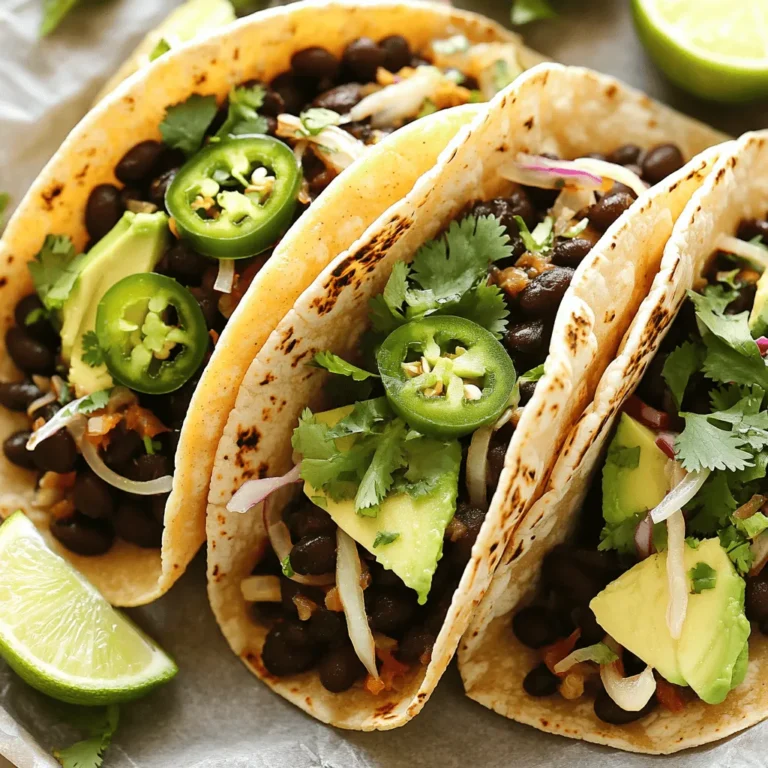 To start, let's gather the key ingredients for your spicy black bean tacos. Here’s what you need: - 2 cans (15 oz each) black beans, rinsed and drained - 1 tablespoon olive oil - 1 small onion, finely chopped - 2 cloves garlic, minced - 1 jalapeño, finely chopped (seeds removed for less heat) - 1 teaspoon ground cumin - 1 teaspoon smoked paprika - 1/2 teaspoon cayenne pepper (adjust to taste) - Salt and pepper to taste - 8 small corn tortillas - 1 avocado, sliced - 1 cup shredded cabbage (purple or green) - Fresh cilantro, chopped, for garnish - Lime wedges, for serving These ingredients create a tasty and healthy meal that is easy to make. The black beans are the main star. They are full of fiber and protein. The spices add great flavor, while the vegetables provide crunch. Once you've made your tacos, you can customize them with optional toppings. Here are some ideas: - Salsa or pico de gallo - Sour cream or Greek yogurt - Shredded cheese - Pickled onions - Hot sauce for extra heat Feel free to mix and match toppings. This lets you create your own perfect taco. These spicy black bean tacos are great for many diets. They are vegetarian and can be made vegan by skipping any dairy toppings. The black beans are high in protein, making them filling. If you are gluten-free, make sure to use corn tortillas. For those watching their salt intake, you can adjust the amount of salt and use low-sodium beans. You can enjoy this recipe with confidence, knowing it fits different dietary needs. Check out the Full Recipe for a delicious meal that everyone will love. To make your black bean filling, start with a medium skillet. Heat one tablespoon of olive oil over medium heat. Add one small, finely chopped onion. Sauté it for about three to four minutes until it turns soft and clear. Then, add two minced garlic cloves and one chopped jalapeño. If you want less heat, remove the seeds from the jalapeño. Cook this mix for another two minutes. Next, it’s time for the black beans. Use two cans of black beans, rinsed and drained. Add them to the pan along with one teaspoon of ground cumin, one teaspoon of smoked paprika, and half a teaspoon of cayenne pepper. Season with salt and pepper to taste. Stir everything well and let it cook for five to seven minutes. This helps blend the flavors. You can slightly mash some beans to make the filling creamier. Now, let’s get the corn tortillas ready. Take eight small corn tortillas. Heat a dry skillet over medium heat. Place one tortilla in the skillet, cooking it for about 30 seconds on each side. You want them warm and soft, not crisp. Once they are pliable, place them on a plate. Cover them with a clean towel to keep them warm while you finish your filling. Now comes the fun part—assembling your tacos! Take one warm tortilla and spoon some of the black bean mixture into the center. Don’t overfill; a few spoonfuls will do. Top it with slices of avocado, a handful of shredded cabbage, and some fresh chopped cilantro. Repeat this for each tortilla. Serve your tacos with lime wedges on the side for a zesty kick. If you want the full recipe, you can find it above. Enjoy your tasty creation! To make your spicy black bean tacos pop, you can adjust the spices. Start with the basic recipe, then taste and modify. If you like heat, add more cayenne pepper. If you want a smoky flavor, increase the smoked paprika. You can also add fresh herbs like cilantro for extra freshness. Always remember to mix well and let the flavors blend. Soggy tacos are a common problem. To avoid this, warm your tortillas just before filling them. Use a dry skillet for about 30 seconds on each side. This makes them soft but not wet. Also, add your toppings right before serving. This keeps the tortillas crisp, allowing you to enjoy every bite. Meal prep can save you time. You can make the black bean filling ahead of time. Store it in the fridge for up to three days. When you're ready to eat, just heat it in a pan. Warm your tortillas while the filling heats. This way, you can enjoy fresh tacos in just minutes. Follow the [Full Recipe] for quick and easy steps! {{image_2}} You can easily make these tacos vegetarian and vegan. The black beans are already plant-based, which makes them a great choice. To keep it vegan, skip any dairy toppings like cheese or sour cream. Instead, add more fresh toppings like guacamole or diced tomatoes. These additions give a burst of flavor and keep the meal fresh and light. If you want to change up the protein, try using lentils or quinoa. Both options are filling and work well with the spices. Lentils cook quickly and soak up flavors well. Quinoa adds a nice crunch and a different texture. You can also use shredded jackfruit for a meatier feel. This option is great for adding more variety to your tacos. You can adjust the spice level to fit your taste. For a milder taco, remove the jalapeño seeds and use less cayenne pepper. You can also add sweet peppers for flavor without heat. If you love spice, add more cayenne or even some chili powder. For a smoky flavor, consider adding chipotle peppers in adobo sauce. This gives the tacos a different twist and a deeper taste. Experimenting with these variations can lead to new favorites. You can find the full recipe for Spicy Black Bean Tacos to get started on your cooking adventure! To store leftover black bean filling, let it cool first. Use an airtight container to keep it fresh. Place the filling in the container and seal it tightly. It will stay good for up to three days in the fridge. If you want to enjoy it later, freezing is a great option. When you’re ready to eat, you can reheat the black bean filling. Transfer it to a skillet over medium heat. Stir it often until it's hot throughout. You can also use the microwave. Place the filling in a microwave-safe bowl and heat for about one to two minutes. Stir it halfway to ensure even heating. If you want to freeze the tacos, it’s best to do it before adding fresh toppings. Wrap each taco tightly in plastic wrap. Then place them in a freezer-safe bag. They can stay frozen for up to two months. When you want to eat them, thaw in the fridge overnight. Reheat in the oven or a skillet for a crispy finish. You can then add your favorite toppings fresh before serving. Make sure to check out the Full Recipe for more details! To make Spicy Black Bean Tacos less spicy, you can remove the jalapeño seeds. You can also use less cayenne pepper. Another option is to add more beans to the mix. This will balance the heat. You can also serve the tacos with sour cream or yogurt. These toppings help cool the spice level. Yes, you can use other beans for this recipe. Pinto beans work well and have a nice flavor. Kidney beans are another option, adding a different taste. You can even use lentils for a fun twist. Just make sure to adjust cooking times if needed. The key is to keep the texture hearty and satisfying. You can serve many things with Spicy Black Bean Tacos. Some tasty sides include rice or quinoa. A fresh salad with lime dressing pairs well too. You might also enjoy guacamole or salsa for extra flavor. Chips are a great snack on the side. For drinks, try a light beer or refreshing lemonade. You can find the Full Recipe to make these delicious tacos and more! Spicy Black Bean Tacos are a tasty and easy meal to make. You now know the key ingredients, plus fun toppings and dietary options. I showed you how to prepare the filling, heat the tortillas, and assemble the tacos. Our tips help boost flavor and keep them fresh. You can also explore variations and find storage ideas to enjoy later. Remember, tacos are flexible; adjust spices or toppings to fit your taste. Enjoy creating your perfect Spicy Black Bean Tacos!