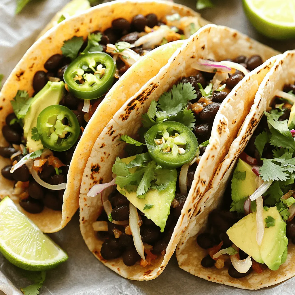 To start, let's gather the key ingredients for your spicy black bean tacos. Here’s what you need: - 2 cans (15 oz each) black beans, rinsed and drained - 1 tablespoon olive oil - 1 small onion, finely chopped - 2 cloves garlic, minced - 1 jalapeño, finely chopped (seeds removed for less heat) - 1 teaspoon ground cumin - 1 teaspoon smoked paprika - 1/2 teaspoon cayenne pepper (adjust to taste) - Salt and pepper to taste - 8 small corn tortillas - 1 avocado, sliced - 1 cup shredded cabbage (purple or green) - Fresh cilantro, chopped, for garnish - Lime wedges, for serving These ingredients create a tasty and healthy meal that is easy to make. The black beans are the main star. They are full of fiber and protein. The spices add great flavor, while the vegetables provide crunch. Once you've made your tacos, you can customize them with optional toppings. Here are some ideas: - Salsa or pico de gallo - Sour cream or Greek yogurt - Shredded cheese - Pickled onions - Hot sauce for extra heat Feel free to mix and match toppings. This lets you create your own perfect taco. These spicy black bean tacos are great for many diets. They are vegetarian and can be made vegan by skipping any dairy toppings. The black beans are high in protein, making them filling. If you are gluten-free, make sure to use corn tortillas. For those watching their salt intake, you can adjust the amount of salt and use low-sodium beans. You can enjoy this recipe with confidence, knowing it fits different dietary needs. Check out the Full Recipe for a delicious meal that everyone will love. To make your black bean filling, start with a medium skillet. Heat one tablespoon of olive oil over medium heat. Add one small, finely chopped onion. Sauté it for about three to four minutes until it turns soft and clear. Then, add two minced garlic cloves and one chopped jalapeño. If you want less heat, remove the seeds from the jalapeño. Cook this mix for another two minutes. Next, it’s time for the black beans. Use two cans of black beans, rinsed and drained. Add them to the pan along with one teaspoon of ground cumin, one teaspoon of smoked paprika, and half a teaspoon of cayenne pepper. Season with salt and pepper to taste. Stir everything well and let it cook for five to seven minutes. This helps blend the flavors. You can slightly mash some beans to make the filling creamier. Now, let’s get the corn tortillas ready. Take eight small corn tortillas. Heat a dry skillet over medium heat. Place one tortilla in the skillet, cooking it for about 30 seconds on each side. You want them warm and soft, not crisp. Once they are pliable, place them on a plate. Cover them with a clean towel to keep them warm while you finish your filling. Now comes the fun part—assembling your tacos! Take one warm tortilla and spoon some of the black bean mixture into the center. Don’t overfill; a few spoonfuls will do. Top it with slices of avocado, a handful of shredded cabbage, and some fresh chopped cilantro. Repeat this for each tortilla. Serve your tacos with lime wedges on the side for a zesty kick. If you want the full recipe, you can find it above. Enjoy your tasty creation! To make your spicy black bean tacos pop, you can adjust the spices. Start with the basic recipe, then taste and modify. If you like heat, add more cayenne pepper. If you want a smoky flavor, increase the smoked paprika. You can also add fresh herbs like cilantro for extra freshness. Always remember to mix well and let the flavors blend. Soggy tacos are a common problem. To avoid this, warm your tortillas just before filling them. Use a dry skillet for about 30 seconds on each side. This makes them soft but not wet. Also, add your toppings right before serving. This keeps the tortillas crisp, allowing you to enjoy every bite. Meal prep can save you time. You can make the black bean filling ahead of time. Store it in the fridge for up to three days. When you're ready to eat, just heat it in a pan. Warm your tortillas while the filling heats. This way, you can enjoy fresh tacos in just minutes. Follow the [Full Recipe] for quick and easy steps! {{image_2}} You can easily make these tacos vegetarian and vegan. The black beans are already plant-based, which makes them a great choice. To keep it vegan, skip any dairy toppings like cheese or sour cream. Instead, add more fresh toppings like guacamole or diced tomatoes. These additions give a burst of flavor and keep the meal fresh and light. If you want to change up the protein, try using lentils or quinoa. Both options are filling and work well with the spices. Lentils cook quickly and soak up flavors well. Quinoa adds a nice crunch and a different texture. You can also use shredded jackfruit for a meatier feel. This option is great for adding more variety to your tacos. You can adjust the spice level to fit your taste. For a milder taco, remove the jalapeño seeds and use less cayenne pepper. You can also add sweet peppers for flavor without heat. If you love spice, add more cayenne or even some chili powder. For a smoky flavor, consider adding chipotle peppers in adobo sauce. This gives the tacos a different twist and a deeper taste. Experimenting with these variations can lead to new favorites. You can find the full recipe for Spicy Black Bean Tacos to get started on your cooking adventure! To store leftover black bean filling, let it cool first. Use an airtight container to keep it fresh. Place the filling in the container and seal it tightly. It will stay good for up to three days in the fridge. If you want to enjoy it later, freezing is a great option. When you’re ready to eat, you can reheat the black bean filling. Transfer it to a skillet over medium heat. Stir it often until it's hot throughout. You can also use the microwave. Place the filling in a microwave-safe bowl and heat for about one to two minutes. Stir it halfway to ensure even heating. If you want to freeze the tacos, it’s best to do it before adding fresh toppings. Wrap each taco tightly in plastic wrap. Then place them in a freezer-safe bag. They can stay frozen for up to two months. When you want to eat them, thaw in the fridge overnight. Reheat in the oven or a skillet for a crispy finish. You can then add your favorite toppings fresh before serving. Make sure to check out the Full Recipe for more details! To make Spicy Black Bean Tacos less spicy, you can remove the jalapeño seeds. You can also use less cayenne pepper. Another option is to add more beans to the mix. This will balance the heat. You can also serve the tacos with sour cream or yogurt. These toppings help cool the spice level. Yes, you can use other beans for this recipe. Pinto beans work well and have a nice flavor. Kidney beans are another option, adding a different taste. You can even use lentils for a fun twist. Just make sure to adjust cooking times if needed. The key is to keep the texture hearty and satisfying. You can serve many things with Spicy Black Bean Tacos. Some tasty sides include rice or quinoa. A fresh salad with lime dressing pairs well too. You might also enjoy guacamole or salsa for extra flavor. Chips are a great snack on the side. For drinks, try a light beer or refreshing lemonade. You can find the Full Recipe to make these delicious tacos and more! Spicy Black Bean Tacos are a tasty and easy meal to make. You now know the key ingredients, plus fun toppings and dietary options. I showed you how to prepare the filling, heat the tortillas, and assemble the tacos. Our tips help boost flavor and keep them fresh. You can also explore variations and find storage ideas to enjoy later. Remember, tacos are flexible; adjust spices or toppings to fit your taste. Enjoy creating your perfect Spicy Black Bean Tacos!