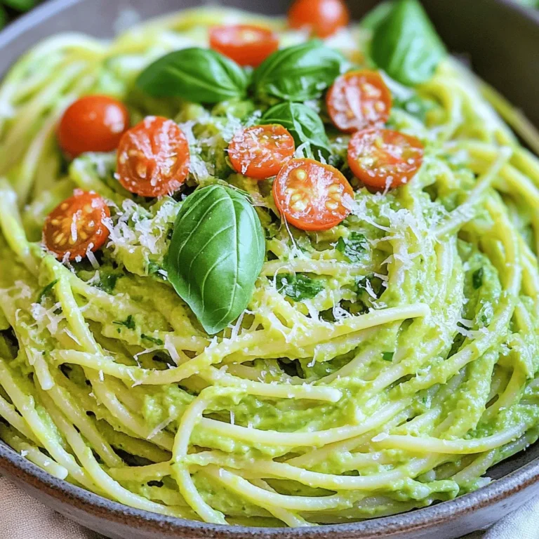 - 12 oz spaghetti or favorite pasta - 2 ripe avocados - 2 cloves garlic - ¼ cup fresh basil - ½ cup cherry tomatoes - Grated Parmesan cheese or nutritional yeast - 2 tablespoons lemon juice - ¼ cup olive oil - Salt and pepper to taste In this creamy avocado pasta recipe, the main ingredients work together to create a rich, velvety dish. The spaghetti serves as a perfect base, while the ripe avocados provide creaminess. Fresh garlic adds flavor, and basil brings a nice herbal note. If you want to add more texture and color, cherry tomatoes are a great choice. They add a burst of freshness. You can also sprinkle some grated Parmesan cheese or nutritional yeast for a cheesy flavor. To make the sauce pop, we use lemon juice and olive oil. They add brightness and richness. Don’t forget to season with salt and pepper to taste. This will enhance all the flavors in the dish. For the full recipe, check out the instructions later to see how to bring these ingredients together. To cook spaghetti to al dente, start with a large pot. Fill it with water and add salt. Bring the water to a boil. Add your spaghetti and stir it gently. Cook according to the package instructions, usually around 8 to 10 minutes. You want the pasta to be firm but not hard when you bite it. Why is reserving pasta water important? Reserving pasta water helps to create a smooth sauce. The starchy water adds creaminess and helps the sauce stick to the pasta. Make sure to save about one cup before draining the pasta. For the avocado sauce, grab a food processor. Add two ripe avocados, minced garlic, and fresh basil leaves. Then, pour in lemon juice and olive oil. Blend until everything is smooth and creamy. If the sauce is too thick, add some reserved pasta water. This helps you get the right texture for your sauce. Now, it’s time to mix everything. In a large bowl or back in the pot, add your cooked spaghetti. Pour the avocado sauce over the pasta. Use tongs to toss it all together. If the sauce seems dry, add more pasta water until it coats the spaghetti well. You can also incorporate optional ingredients. If you like, gently fold in halved cherry tomatoes. They add color and a fresh taste to your dish. To make your avocado pasta super creamy, use ripe avocados. They blend easily and give that smooth texture we all love. Cut the avocados into smaller pieces before blending. This helps them mix well with garlic and basil. When blending, make sure to scrape down the sides of the bowl. This ensures everything gets mixed evenly. For seasoning, start with salt and pepper. Taste the sauce as you mix. If it needs more flavor, add a little lemon juice. This gives brightness to the dish. Garnishing makes your dish look special. Fresh basil leaves add a pop of color. You can also sprinkle some grated cheese on top. This adds a nice touch and flavor. Serve your pasta in bowls or on plates. A simple, clean plate makes the food stand out. You can add some cherry tomatoes for color and freshness. They make your dish look even better. One big mistake is overcooking the pasta. This makes it mushy and less tasty. Cook it just until it is al dente. Another mistake is using unripe avocados. They won't blend well and can taste bitter. Always choose ripe avocados for the best results. If you're unsure, gently press the avocado. It should have a little give. {{image_2}} You can make this creamy avocado pasta vegan and gluten-free. Use gluten-free pasta to make it safe for those with gluten allergies. For a vegan option, skip the Parmesan cheese and use nutritional yeast instead. This gives a cheesy taste without dairy. If you have nut allergies, avoid any nut-based substitutes. You can still enjoy a creamy sauce using ripe avocados. Add spices or herbs for a twist. A pinch of red pepper flakes adds heat. Fresh parsley or cilantro can change the flavor profile. Mix in alternative sauces for more variety. Try a splash of soy sauce for umami or a dollop of pesto for a fresh taste. These small changes can make a big difference. You can adapt this recipe with seasonal produce. In spring, add asparagus or peas for a fresh crunch. In summer, mix in zucchini or bell peppers for color and taste. For a heartier dish, consider adding cooked chicken or shrimp. This turns your creamy avocado pasta into a filling meal. Adjusting with what’s in season makes it fun and tasty. To keep creamy avocado pasta fresh, store it in the fridge. Place it in an airtight container. This helps prevent the sauce from browning. You can store it for up to three days. Make sure to cover it well to keep the flavors intact. When you want to enjoy leftovers, reheat them gently. The best method is using a pan on low heat. Add a splash of olive oil or a bit of pasta water. This helps keep the sauce creamy. Avoid using a microwave as it can separate the sauce. You can freeze creamy avocado pasta, but it may change texture. If you want to freeze it, do so right after making it. Use an airtight container and press out as much air as possible. When you're ready to eat, thaw it in the fridge overnight. Reheat gently to restore creaminess. You can use any pasta you like. I recommend spaghetti for its long strands. Fettuccine also works well, as it holds the sauce nicely. If you prefer a gluten-free option, try brown rice pasta or zucchini noodles. Both choices taste great and give a fun twist to the dish. Yes, you can prepare this dish ahead of time. Cook the pasta and make the avocado sauce separately. Store them in airtight containers in the fridge. When you are ready to eat, mix them together. You may need to add a splash of pasta water to refresh the sauce. To keep your avocado sauce green, use lemon juice right away. The acidity helps slow down browning. Cover the sauce tightly with plastic wrap, pressing it against the surface. This minimizes air exposure. You can also store it in an airtight container to keep it fresh longer. This blog post guided you through making a creamy avocado pasta. You learned about key ingredients, like fresh avocados and garlic. I shared step-by-step instructions to cook the pasta and blend an easy sauce. We explored tips for perfecting creaminess and avoiding common mistakes. Trying different flavors and ingredients can keep this dish exciting. Remember to store leftovers properly to maintain freshness. Enjoy your cooking adventure, and make the most of this tasty, simple meal!