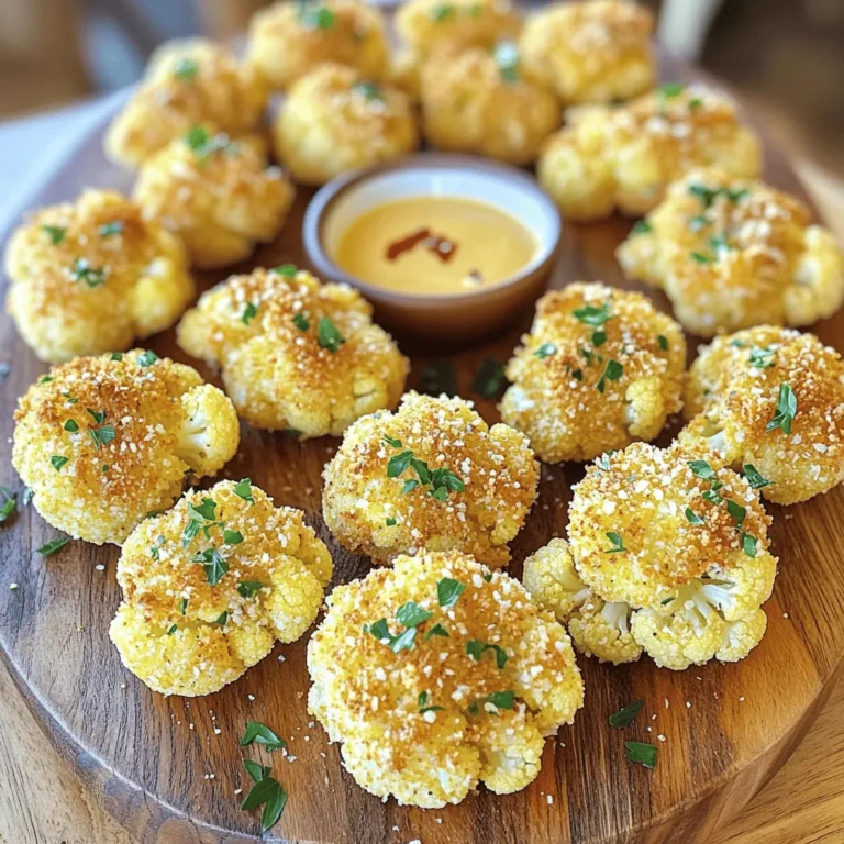 To make crispy cauliflower bites, gather these key ingredients: - 1 large head of cauliflower, cut into bite-sized florets - 1 cup all-purpose flour - 1 cup sparkling water - 1 teaspoon garlic powder - 1 teaspoon onion powder - 1 teaspoon paprika - ½ teaspoon smoked paprika - ½ teaspoon salt - ½ teaspoon black pepper - 1 cup panko breadcrumbs - Oil for frying or cooking spray for baking These ingredients create a light and crunchy coating. The cauliflower soaks up the flavor well, making every bite delicious. For those who want to boost flavor, consider adding: - 1 teaspoon dried parsley - ½ teaspoon cayenne pepper (for added heat) These optional ingredients add a nice twist. They make your bites more exciting and can cater to different tastes. If you need to swap out some ingredients, here are a few ideas: - Use gluten-free flour instead of all-purpose flour. - Replace sparkling water with regular water or a non-dairy milk for a different texture. - Try different spices like cumin or chili powder for a unique flavor profile. These substitutions ensure you can still enjoy crispy cauliflower bites, no matter your dietary needs. For the full recipe, check out the detailed instructions. Start by rinsing your large head of cauliflower under cool water. This removes any dirt. Next, cut the cauliflower into bite-sized florets. Aim for uniform sizes to ensure even cooking. Once done, set the florets aside on a clean towel to dry. In a large bowl, combine one cup of all-purpose flour and one cup of sparkling water. Whisk until the mixture is smooth. Add in one teaspoon of garlic powder, one teaspoon of onion powder, one teaspoon of paprika, and half a teaspoon each of smoked paprika, salt, and black pepper. Mix well. The batter should be thick enough to coat the cauliflower but not too heavy. Take each cauliflower floret and dip it into the batter. Make sure it is fully coated, but allow the excess batter to drip off. Next, roll the floret in one cup of panko breadcrumbs. This gives the bites a nice crunch. Ensure each piece is well coated, then place them on a plate. You can choose to fry or bake your cauliflower bites. For frying, heat oil in a deep skillet over medium-high heat. Fry the bites in batches for 4-5 minutes until golden brown. Use a slotted spoon to remove them and let them drain on paper towels. If you prefer baking, preheat your oven to 425°F (220°C). Arrange the coated cauliflower on a baking sheet lined with parchment paper. Spray the tops with cooking spray. Bake for 25-30 minutes, flipping halfway through, until they are crispy and golden. For the full recipe, you can refer back to the ingredients and instructions provided earlier in this article. To get crispy cauliflower bites, focus on the batter. Use cold sparkling water. This adds air bubbles and makes the batter light. Coat each floret well in batter. Shake off any extra batter. After that, roll it in panko breadcrumbs. Panko gives a great crunch. When frying, heat oil to the right temperature. If it’s too cool, the cauliflower will absorb oil and get soggy. Fry in small batches. This keeps the oil hot and helps achieve that perfect crunch. For flavor, try adding spices to your batter. Garlic powder, onion powder, and paprika are great choices. You can even add cayenne for heat. If you want more flavor, mix in dried herbs like oregano or thyme. Toss the cauliflower in your favorite seasoning blends before coating. This adds layers of taste. Don’t forget to season the panko breadcrumbs too. A sprinkle of salt and pepper can go a long way. One common mistake is not drying the cauliflower. Make sure it’s dry before coating. Excess water can make the batter slide off. Another mistake is overcrowding the pan when frying. This drops the oil temperature and leads to soggy bites. If you bake, don’t skip the cooking spray. This helps get a golden color. Lastly, resist the urge to flip them too soon. Let them cook until they are golden before turning. Follow these tips for the best results with your crispy cauliflower bites. For the full recipe, check out the details above. {{image_2}} If you love spice, try adding cayenne pepper to the batter. Just ½ teaspoon gives your bites a nice kick. Mix it in with the other spices before you coat the cauliflower. You can also serve them with a spicy dipping sauce for extra heat. Hot sauce mixed with mayo works great! To make these bites gluten-free, swap the all-purpose flour for a gluten-free blend. Look for a brand that fits well for frying. You can also use almond flour or chickpea flour. These options give a nice flavor and texture. The panko breadcrumbs need to be gluten-free too. Many brands sell them, so check the label. You can get creative with herbs and spices. Try adding Italian seasoning or taco seasoning to the batter for fun flavors. Fresh herbs like rosemary or thyme can also add a nice twist. You can even mix a bit of grated cheese into the breadcrumbs for a cheesy touch. This way, you can personalize your crispy cauliflower bites to fit your taste. For the full recipe, check out the details above! To store leftover cauliflower bites, let them cool first. Place them in an airtight container. Make sure to add a paper towel at the bottom. This helps absorb any moisture. Keep the container in the fridge for up to three days. The bites may lose some crunch but still taste great. When you reheat cauliflower bites, aim to restore their crispiness. The best way is to use an oven. Preheat your oven to 350°F (175°C). Spread the bites on a baking sheet in a single layer. Heat them for about 10 minutes. You can also use an air fryer. Set it to 350°F (175°C) for about 5 minutes. Both methods keep them crunchy. You can freeze crispy cauliflower bites for later. After cooking, let them cool completely. Place them in a single layer on a baking sheet. Freeze them for about 1-2 hours until firm. Then, transfer them to a freezer-safe bag. They can last up to three months. When ready to eat, simply reheat them straight from the freezer using the oven or air fryer for the best results. For the full recipe, check the details above. Yes, you can make crispy cauliflower bites in an air fryer. Air fryers use hot air to cook food, which gives it a nice crunch. To do this, follow the same steps for coating the cauliflower. Then, place the bites in the air fryer basket. Set the temperature to 400°F (200°C) and cook for about 15-20 minutes. Shake the basket halfway through to ensure even cooking. They will come out crispy and delicious! Several dipping sauces match well with crispy cauliflower bites. Here are some ideas: - Ranch dressing - Buffalo sauce - Garlic aioli - Sweet chili sauce - BBQ sauce Try a few to find your favorite! You can tell the cauliflower is fully cooked when it is golden brown and crispy. If frying, it should take about 4-5 minutes. If baking, check around 25-30 minutes. Insert a fork into a floret; it should be tender inside. The more crispy the outside, the better the taste! Yes, you can make a vegan batter easily. Instead of using all-purpose flour and sparkling water, mix 1 cup of chickpea flour with 1 cup of water. Add in the same spices to keep the flavor. This mix will coat your cauliflower bites perfectly and still keep them crispy. For the full process, check out the Full Recipe! Crispy cauliflower bites are easy and fun to make. We covered key ingredients, step-by-step instructions, and useful tips to get them just right. Don’t forget the many flavor variations you can try. Proper storage and reheating methods help keep leftovers tasty. With these ideas, you'll impress your friends and family. Enjoy exploring the crunch and flavors of cauliflower bites. Grab your ingredients and start cooking today!