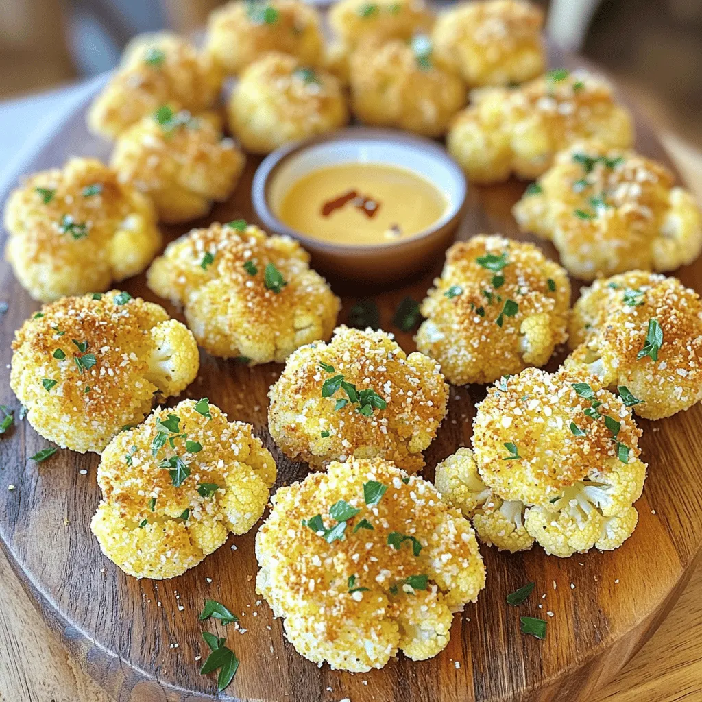 To make crispy cauliflower bites, gather these key ingredients: - 1 large head of cauliflower, cut into bite-sized florets - 1 cup all-purpose flour - 1 cup sparkling water - 1 teaspoon garlic powder - 1 teaspoon onion powder - 1 teaspoon paprika - ½ teaspoon smoked paprika - ½ teaspoon salt - ½ teaspoon black pepper - 1 cup panko breadcrumbs - Oil for frying or cooking spray for baking These ingredients create a light and crunchy coating. The cauliflower soaks up the flavor well, making every bite delicious. For those who want to boost flavor, consider adding: - 1 teaspoon dried parsley - ½ teaspoon cayenne pepper (for added heat) These optional ingredients add a nice twist. They make your bites more exciting and can cater to different tastes. If you need to swap out some ingredients, here are a few ideas: - Use gluten-free flour instead of all-purpose flour. - Replace sparkling water with regular water or a non-dairy milk for a different texture. - Try different spices like cumin or chili powder for a unique flavor profile. These substitutions ensure you can still enjoy crispy cauliflower bites, no matter your dietary needs. For the full recipe, check out the detailed instructions. Start by rinsing your large head of cauliflower under cool water. This removes any dirt. Next, cut the cauliflower into bite-sized florets. Aim for uniform sizes to ensure even cooking. Once done, set the florets aside on a clean towel to dry. In a large bowl, combine one cup of all-purpose flour and one cup of sparkling water. Whisk until the mixture is smooth. Add in one teaspoon of garlic powder, one teaspoon of onion powder, one teaspoon of paprika, and half a teaspoon each of smoked paprika, salt, and black pepper. Mix well. The batter should be thick enough to coat the cauliflower but not too heavy. Take each cauliflower floret and dip it into the batter. Make sure it is fully coated, but allow the excess batter to drip off. Next, roll the floret in one cup of panko breadcrumbs. This gives the bites a nice crunch. Ensure each piece is well coated, then place them on a plate. You can choose to fry or bake your cauliflower bites. For frying, heat oil in a deep skillet over medium-high heat. Fry the bites in batches for 4-5 minutes until golden brown. Use a slotted spoon to remove them and let them drain on paper towels. If you prefer baking, preheat your oven to 425°F (220°C). Arrange the coated cauliflower on a baking sheet lined with parchment paper. Spray the tops with cooking spray. Bake for 25-30 minutes, flipping halfway through, until they are crispy and golden. For the full recipe, you can refer back to the ingredients and instructions provided earlier in this article. To get crispy cauliflower bites, focus on the batter. Use cold sparkling water. This adds air bubbles and makes the batter light. Coat each floret well in batter. Shake off any extra batter. After that, roll it in panko breadcrumbs. Panko gives a great crunch. When frying, heat oil to the right temperature. If it’s too cool, the cauliflower will absorb oil and get soggy. Fry in small batches. This keeps the oil hot and helps achieve that perfect crunch. For flavor, try adding spices to your batter. Garlic powder, onion powder, and paprika are great choices. You can even add cayenne for heat. If you want more flavor, mix in dried herbs like oregano or thyme. Toss the cauliflower in your favorite seasoning blends before coating. This adds layers of taste. Don’t forget to season the panko breadcrumbs too. A sprinkle of salt and pepper can go a long way. One common mistake is not drying the cauliflower. Make sure it’s dry before coating. Excess water can make the batter slide off. Another mistake is overcrowding the pan when frying. This drops the oil temperature and leads to soggy bites. If you bake, don’t skip the cooking spray. This helps get a golden color. Lastly, resist the urge to flip them too soon. Let them cook until they are golden before turning. Follow these tips for the best results with your crispy cauliflower bites. For the full recipe, check out the details above. {{image_2}} If you love spice, try adding cayenne pepper to the batter. Just ½ teaspoon gives your bites a nice kick. Mix it in with the other spices before you coat the cauliflower. You can also serve them with a spicy dipping sauce for extra heat. Hot sauce mixed with mayo works great! To make these bites gluten-free, swap the all-purpose flour for a gluten-free blend. Look for a brand that fits well for frying. You can also use almond flour or chickpea flour. These options give a nice flavor and texture. The panko breadcrumbs need to be gluten-free too. Many brands sell them, so check the label. You can get creative with herbs and spices. Try adding Italian seasoning or taco seasoning to the batter for fun flavors. Fresh herbs like rosemary or thyme can also add a nice twist. You can even mix a bit of grated cheese into the breadcrumbs for a cheesy touch. This way, you can personalize your crispy cauliflower bites to fit your taste. For the full recipe, check out the details above! To store leftover cauliflower bites, let them cool first. Place them in an airtight container. Make sure to add a paper towel at the bottom. This helps absorb any moisture. Keep the container in the fridge for up to three days. The bites may lose some crunch but still taste great. When you reheat cauliflower bites, aim to restore their crispiness. The best way is to use an oven. Preheat your oven to 350°F (175°C). Spread the bites on a baking sheet in a single layer. Heat them for about 10 minutes. You can also use an air fryer. Set it to 350°F (175°C) for about 5 minutes. Both methods keep them crunchy. You can freeze crispy cauliflower bites for later. After cooking, let them cool completely. Place them in a single layer on a baking sheet. Freeze them for about 1-2 hours until firm. Then, transfer them to a freezer-safe bag. They can last up to three months. When ready to eat, simply reheat them straight from the freezer using the oven or air fryer for the best results. For the full recipe, check the details above. Yes, you can make crispy cauliflower bites in an air fryer. Air fryers use hot air to cook food, which gives it a nice crunch. To do this, follow the same steps for coating the cauliflower. Then, place the bites in the air fryer basket. Set the temperature to 400°F (200°C) and cook for about 15-20 minutes. Shake the basket halfway through to ensure even cooking. They will come out crispy and delicious! Several dipping sauces match well with crispy cauliflower bites. Here are some ideas: - Ranch dressing - Buffalo sauce - Garlic aioli - Sweet chili sauce - BBQ sauce Try a few to find your favorite! You can tell the cauliflower is fully cooked when it is golden brown and crispy. If frying, it should take about 4-5 minutes. If baking, check around 25-30 minutes. Insert a fork into a floret; it should be tender inside. The more crispy the outside, the better the taste! Yes, you can make a vegan batter easily. Instead of using all-purpose flour and sparkling water, mix 1 cup of chickpea flour with 1 cup of water. Add in the same spices to keep the flavor. This mix will coat your cauliflower bites perfectly and still keep them crispy. For the full process, check out the Full Recipe! Crispy cauliflower bites are easy and fun to make. We covered key ingredients, step-by-step instructions, and useful tips to get them just right. Don’t forget the many flavor variations you can try. Proper storage and reheating methods help keep leftovers tasty. With these ideas, you'll impress your friends and family. Enjoy exploring the crunch and flavors of cauliflower bites. Grab your ingredients and start cooking today!