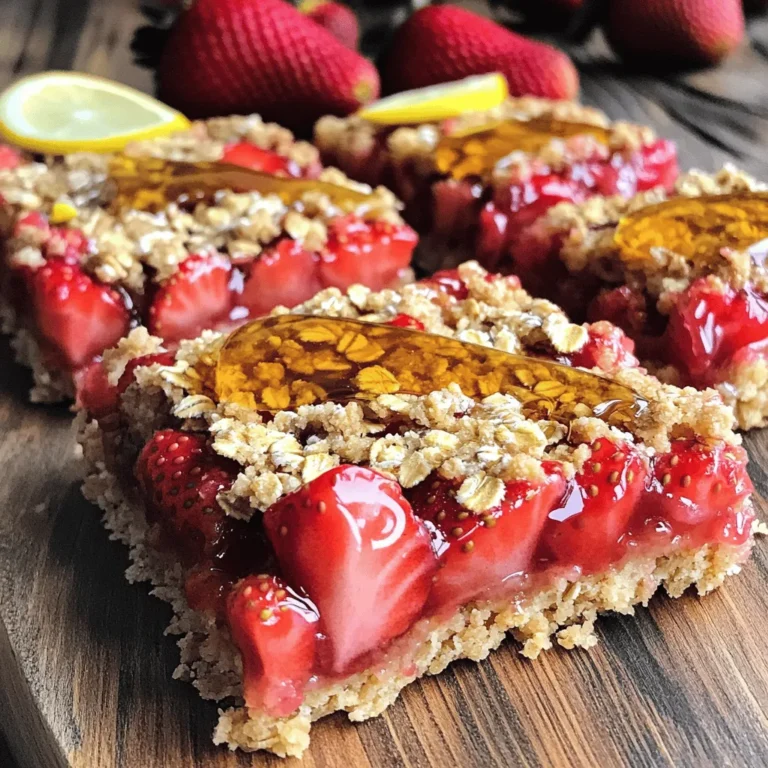 To make Easy Strawberry Oat Bars, gather the following ingredients: - 1 ½ cups rolled oats - ½ cup almond flour - ½ cup brown sugar, packed - 1 teaspoon baking powder - ¼ teaspoon salt - ½ teaspoon cinnamon - ½ cup unsalted butter, melted - 1 large egg - 1 teaspoon vanilla extract - 1 ½ cups fresh strawberries, hulled and chopped - 2 tablespoons honey or maple syrup - Zest of 1 lemon These ingredients are simple yet pack a delightful punch. The oats give a hearty base, while strawberries bring a fresh burst of flavor. You can easily swap some ingredients if needed. Here are a few ideas: - Use whole wheat flour instead of almond flour for a heartier texture. - Swap brown sugar for coconut sugar for a lower glycemic option. - Replace unsalted butter with coconut oil for a dairy-free treat. - Use flaxseed meal mixed with water as a vegan egg substitute. These swaps help you cater the recipe to your taste or dietary needs. Want to take your bars to the next level? Here are some fun add-ins: - Mix in ½ cup of chopped nuts like walnuts or almonds for crunch. - Add ½ teaspoon of vanilla bean paste for a richer flavor. - Toss in some chocolate chips for a sweet twist. - Sprinkle in seeds like chia or hemp for added nutrition. These optional ingredients let you get creative while enjoying the classic strawberry taste. For the full recipe, check the details above! Start by gathering your ingredients. You will need rolled oats, almond flour, brown sugar, and more. Preheat your oven to 350°F (175°C). This step is key for baking. Grease an 8x8 inch baking dish or line it with parchment paper. This makes it easier to remove the bars later. In a big bowl, mix the rolled oats, almond flour, brown sugar, baking powder, salt, and cinnamon. Stir well to blend everything. In another bowl, whisk the melted butter, egg, and vanilla extract. This adds flavor and moisture to your bars. Now, pour this wet mixture into the dry mix. Stir until just combined. Press about two-thirds of this oat mixture into the bottom of your prepared dish. This will form the base. Next, chop fresh strawberries and combine them with honey and lemon zest in a skillet. Cook this mix over medium heat for about five minutes. The strawberries will soften and become juicy. Once done, spread this strawberry mix evenly over the oat base. Crumble the remaining oat mix on top of the strawberries. This adds a nice texture. Place the dish in your preheated oven. Bake for 25-30 minutes. The top should turn golden brown and feel firm. Keep an eye on it, so it doesn’t overbake. After baking, let the bars cool in the pan for at least 15 minutes. If you used parchment paper, this is the time to lift the bars out. Cool them completely on a wire rack before cutting them into squares. For a chewy texture, do not overmix the wet and dry ingredients. Press the base firmly, but not too hard. This keeps it light. Use fresh strawberries for the best flavor. If you want, use a mix of fruits for variety. If the bars seem too crumbly, try adding a bit more melted butter next time. This can help them stick together better. Enjoy your Easy Strawberry Oat Bars as a delightful snack! For the full recipe, check the provided instructions. When making Easy Strawberry Oat Bars, avoid these common mistakes: - Not measuring ingredients: Use a measuring cup for each ingredient. - Overmixing: Mix wet and dry ingredients until just combined to keep bars soft. - Skipping the parchment paper: This helps with easy removal and cleanup. - Not cooling before cutting: Let the bars cool completely, or they may crumble. You can easily make these bars ahead. Bake and cool them completely. Then, wrap each bar in plastic wrap. Place the wrapped bars in a freezer bag. They last up to three months. Thaw them in the fridge overnight before enjoying. Serve your bars in fun ways: - Top with yogurt: A dollop of yogurt adds creaminess. - Drizzle with honey: A little extra honey enhances sweetness. - Add fresh fruit: Scatter fresh strawberries on top for color and flavor. - Pair with a drink: Enjoy with tea or milk for a tasty snack. For the full recipe, check out Easy Strawberry Oat Bars. {{image_2}} You can swap strawberries for other fruits. Think blueberries, raspberries, or peaches. Each fruit brings its own flavor. Blueberries add sweetness, while raspberries add a tart touch. You can even mix fruits together for a tasty twist. Just remember to adjust the sugar if needed. Making these bars vegan is simple. Replace the egg with a flax egg. Mix one tablespoon of flaxseed meal with three tablespoons of water. Let it sit until it thickens. You can also use coconut oil instead of butter. This keeps the bars rich and flavorful without dairy. To make these bars gluten-free, choose certified gluten-free oats. Almond flour is already gluten-free, so you’re set there. You can also try using coconut flour or a gluten-free flour blend. Just adjust the liquid in your recipe since these flours absorb moisture differently. Feel free to explore the Full Recipe for more details on how to achieve these variations! To keep your Easy Strawberry Oat Bars fresh, store them in an airtight container. Use parchment paper between layers to prevent sticking. Place them in a cool, dry spot or in the fridge for longer freshness. This method keeps the bars soft and tasty. When stored properly, these bars last about 5 days at room temperature. If you refrigerate them, they can stay fresh for up to 7 days. Always check for any signs of spoilage before eating. If you want to enjoy your bars warm, simply microwave them for 10-15 seconds. This will bring back some of the fresh-baked goodness. You can also enjoy them cold, paired with yogurt for a refreshing treat. For the best flavor, I recommend serving them soon after baking. For the full recipe, check the earlier section. Yes, you can! Frozen strawberries work well in this recipe. Just thaw them first and drain any extra juice. This helps keep the bars from getting too soggy. To boost the health factor, consider these tips: - Use whole grain oats for more fiber. - Replace brown sugar with maple syrup or honey. - Add nuts or seeds for healthy fats. - Swap almond flour with a nut-free option if needed. These bars pair well with many tasty treats. Try serving them with: - A scoop of yogurt for creaminess. - Fresh fruit slices for extra flavor. - A drizzle of honey for sweetness. Yes, you can use regular flour instead of almond flour. However, this might change the texture a bit. Almond flour adds moisture and nutty flavor that regular flour lacks. Absolutely! Just double all the ingredients. Use a larger baking dish, like a 9x13 inch pan, to fit everything. Keep an eye on the baking time, as it may need a little longer. For the full recipe, check the earlier section! In this article, we explored how to make simple, tasty strawberry oat bars. We covered the ingredients, including substitutes and add-ins. I shared step-by-step instructions for prep and baking. Tips helped you avoid common mistakes and offered serving ideas. We also looked at different fruit variations and storage tips. These bars are fun to customize and easy to store. Enjoy making your own batch!
