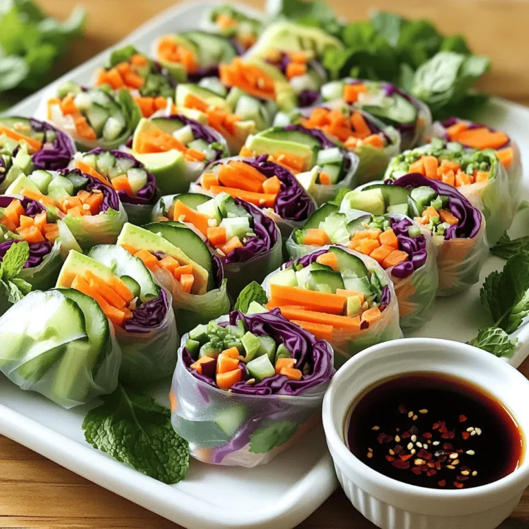 To make these tasty spring rolls, you'll need: - 10 rice paper wrappers - 1 cup shredded red cabbage - 1 cup julienned carrots - 1 cup cucumber, julienned - 1 bell pepper (any color), julienned - 1 avocado, sliced - 1/2 cup fresh mint leaves - 1/2 cup fresh cilantro leaves - 1 cup cooked vermicelli noodles (optional) These ingredients bring color and crunch. Each veggie adds flavor and nutrients. The rice paper wraps everything together. They are light and chewy. You can find them in most grocery stores. For extra taste, consider adding: - Cooked shrimp or chicken - Sliced radishes - Avocado oil for drizzling - Red pepper flakes for heat These optional items give you many choices. You can mix and match based on what you have. Don’t fear trying new flavors. It can change the whole dish! A good sauce makes spring rolls better. For the dipping sauce, gather: - 1/4 cup soy sauce - 1 tablespoon sesame oil - Red pepper flakes (optional, for heat) This sauce is simple but tasty. Mix soy sauce with sesame oil for a rich flavor. Adding red pepper flakes gives it a kick. You can adjust the heat to your liking. Check out the Full Recipe for step-by-step instructions on how to make these delicious Rainbow Veggie Spring Rolls! Start by filling a large bowl with warm water. This will help soften the rice paper. Dip one rice paper wrapper into the warm water for about 10-15 seconds. You want it soft but not mushy. Once it is ready, lay it flat on a clean surface or cutting board. In the center of your softened wrapper, layer a small amount of shredded red cabbage, julienned carrots, cucumber, bell pepper, avocado slices, and a few mint and cilantro leaves. If you like a bit of extra texture, you can add a couple of tablespoons of cooked vermicelli noodles. Just make sure not to overstuff it! To roll the spring roll, fold the sides of the rice paper over the filling. Next, grab the edge closest to you and start to roll forward. Tuck in the fillings as you go. Roll tightly but gently until it is sealed. This keeps all the yummy fillings inside. For the dipping sauce, take a small bowl. Combine soy sauce and a splash of sesame oil. If you like a kick, add red pepper flakes to taste. This sauce pairs perfectly with the fresh rolls. Make sure to check the Full Recipe for all the details! Enjoy your Rainbow Veggie Spring Rolls! To keep your spring rolls fresh, store them in an airtight container. Place a damp paper towel between layers to prevent drying. You can also wrap them in plastic wrap. This keeps the rice paper moist. If you plan to eat them later, avoid adding the dipping sauce until you're ready. This helps keep the rolls from getting soggy. A colorful plate makes your spring rolls pop! Use a mix of bright veggies like red cabbage, orange carrots, and green cucumbers. Arrange the fillings in neat, even layers. This way, each roll shows off its vibrant colors. You can even sprinkle sesame seeds on top for extra flair. Presentation matters, so have fun with it! Many home cooks make a few common mistakes. First, don’t overfill the rice paper. This can lead to broken rolls. Second, avoid soaking the wrappers for too long. They can become too soft and tear easily. Lastly, remember to roll tightly but gently. If you roll too loosely, the filling may fall out. Keep these tips in mind for perfect spring rolls every time! {{image_2}} You can boost your spring rolls with protein. Great choices include shrimp, tofu, or chicken. Simply cook your protein of choice and slice it thin. Place it in the center of your rice paper with the veggies. This adds flavor and makes the rolls filling. It also gives a nice crunch. For a vegan option, try marinated tofu. It’s tasty and adds great texture. Want to spice things up? Add some heat with sriracha or chili sauce. You can mix a bit into your dipping sauce. If you like, sprinkle red pepper flakes inside the rolls. For a kick, use spicy peppers like jalapeños or Thai chilis. This makes each bite exciting. Adjust the spice to your taste, so everyone can enjoy. Using seasonal veggies adds freshness to your rolls. In spring, use fresh asparagus or snap peas. In summer, add juicy tomatoes or zucchini. Fall brings great options like roasted sweet potatoes or butternut squash. Winter veggies like kale or Brussels sprouts also work well. Mixing in seasonal produce keeps your rolls vibrant and tasty. You can get creative with what you have on hand. Enjoy these variations to make your Rainbow Veggie Spring Rolls even more fun! Check out the Full Recipe for more ideas. Store leftover spring rolls in an airtight container. Place a damp paper towel in the container to keep them fresh. This helps prevent the rice paper from drying out. Keep the container in the fridge. Eat the rolls within two days for the best taste. If you notice any sogginess, just re-roll them in fresh rice paper. To freeze spring rolls, first wrap each roll in plastic wrap. Place them in a single layer in a freezer bag. Squeeze out as much air as you can. This helps prevent freezer burn. When ready to eat, let them thaw in the fridge overnight. You can also cook them straight from the freezer. Just add a few extra minutes to the cooking time. Most ingredients in the rainbow veggie spring rolls last about a week in the fridge. Here’s a quick guide: - Rice paper wrappers: Store in a cool, dry place. They can last for months. - Fresh vegetables: Use within 5 to 7 days for the best crunch and color. - Herbs: Mint and cilantro stay fresh for about a week. Keep them in a jar of water in the fridge. By knowing these storage tips, you can enjoy your rainbow veggie spring rolls for longer! For the full recipe, check out the details above. The best vegetables are colorful and crunchy. I love using: - Shredded red cabbage - Julienned carrots - Cucumber - Bell peppers - Avocado These veggies add great flavor and texture. You can pick any fresh veggies you enjoy. Try adding herbs like mint and cilantro for a fresh taste. Yes, you can use flavored rice paper wrappers. They add a fun twist to your rolls. Look for wrappers that match your filling flavors. Just remember to soak them in warm water until soft. To make spring rolls crispy, fry them in hot oil. Heat a pan with enough oil to cover the bottom. Fry each spring roll until golden brown. You can also bake them for a healthier option. Bake at 400°F (200°C) for about 15-20 minutes. Yes, there are gluten-free options! Rice paper wrappers are naturally gluten-free. For the dipping sauce, use tamari instead of soy sauce. Always check labels to ensure your ingredients are gluten-free. Enjoy your delicious Rainbow Veggie Spring Rolls with peace of mind! Rainbow veggie spring rolls are fun and tasty. You learned about key ingredients and step-by-step instructions for making them. I shared tips to keep your rolls fresh and colorful. We also explored variations with protein and spice. Now, you have all you need to create your own delicious spring rolls. Stay creative and enjoy experimenting with flavors and ingredients. Happy rolling!