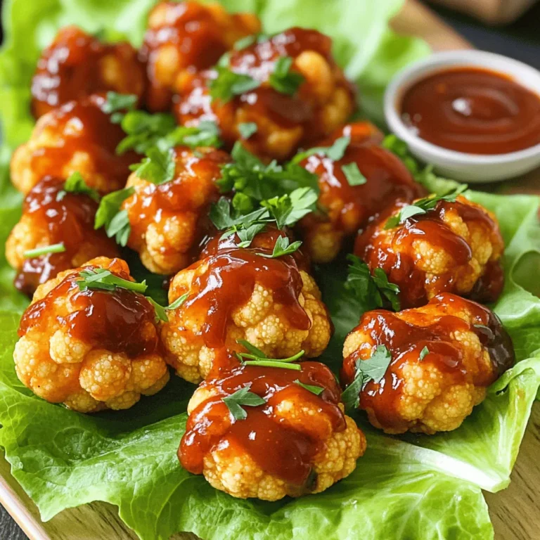 - 1 medium head of cauliflower, cut into bite-sized florets - 1 cup all-purpose flour (or gluten-free flour) - 1 cup water - 1 teaspoon garlic powder - 1 teaspoon onion powder - 1 teaspoon smoked paprika - ½ teaspoon salt - ½ teaspoon pepper - 1 cup BBQ sauce (your favorite brand or homemade) - 2 tablespoons olive oil - Fresh parsley, chopped (for garnish) Cauliflower is the star of this dish. It has a mild taste and cooks well. When roasted, it turns crispy and tender. Using flour makes a nice batter that sticks to the cauliflower. You can swap all-purpose flour with gluten-free flour for a lighter option. BBQ sauce gives the bites a sweet and tangy flavor. Choose a sauce you love for the best taste. Fresh parsley not only adds color but also a fresh taste. If you don’t have garlic powder, use fresh minced garlic. You can replace onion powder with finely chopped onions. For the BBQ sauce, try teriyaki sauce for a different twist. If you want a spicy kick, add cayenne pepper to the batter. Instead of olive oil, you could use vegetable oil. To make BBQ cauliflower bites, start by gathering your ingredients. You will need: - 1 medium head of cauliflower, cut into bite-sized florets - 1 cup all-purpose flour (or gluten-free flour) - 1 cup water - 1 teaspoon garlic powder - 1 teaspoon onion powder - 1 teaspoon smoked paprika - ½ teaspoon salt - ½ teaspoon pepper - 1 cup BBQ sauce (your favorite brand or homemade) - 2 tablespoons olive oil - Fresh parsley, chopped (for garnish) First, preheat your oven to 450°F (230°C). Line a baking sheet with parchment paper. Next, in a large bowl, whisk together the flour, garlic powder, onion powder, smoked paprika, salt, and pepper. Gradually add the water and mix until smooth. The batter should not have lumps. Now, dip each cauliflower floret into the batter. Make sure each piece is fully coated. Shake off any excess batter before placing them on the baking sheet. Spread them out evenly. Bake the cauliflower for 25-30 minutes until crispy and golden brown. Flip them halfway through to ensure even cooking. After they bake, toss the cauliflower bites in a bowl with BBQ sauce. Coat each piece well. Then, return the coated bites to the baking sheet. Bake them for an additional 10 minutes. This step helps the BBQ sauce caramelize, adding amazing flavor. To get that perfect crunch, ensure your oven is fully preheated. Space the cauliflower bites well on the baking sheet. If they’re too close, they may steam instead of crisp up. When you flip them halfway, be gentle to keep the batter intact. If you want more heat, you can add a pinch of cayenne pepper to the batter. Enjoy this easy recipe with your favorite dip! For the full recipe, check [Full Recipe]. When making BBQ cauliflower bites, avoid these common mistakes: - Overcrowding the baking sheet: This can lead to soggy bites. Space them out. - Not coating evenly: Make sure each floret is fully covered in batter. This helps them crisp up. - Ignoring flipping: Turn them halfway through baking for even cooking. This ensures they brown nicely. To boost the flavors in your BBQ cauliflower bites, try these tips: - Add spices: Include a pinch of cayenne for heat or smoked salt for depth. These small changes make a big impact. - Use homemade sauces: If you have time, make your own BBQ sauce. Homemade sauces can balance sweetness and tang perfectly. - Experiment with herbs: Mix in dried herbs like oregano or thyme to the batter for added flavor. For a complete meal, pair your BBQ cauliflower bites with: - Fresh salads: A crisp green salad balances the rich flavors of the bites. - Dips: Serve with ranch or blue cheese dressing for an extra zing. - Grains: Quinoa or brown rice makes a filling side dish. They soak up any extra sauce wonderfully. For the full recipe, check out the detailed instructions above! {{image_2}} If you want a gluten-free option, swap regular flour for gluten-free flour. This change makes the batter just as tasty. Try almond flour or a gluten-free all-purpose mix. Both options work well and keep the flavor. Just make sure to check the labels for hidden gluten. To add some heat, mix crushed red pepper flakes into your batter. Start with a pinch and test it out. You can also use spicy BBQ sauce instead of the regular kind. This will give your cauliflower bites a nice kick. Another idea is to add cayenne pepper to the flour mix. It amps up the spice level without losing flavor. You can bake or air fry your BBQ cauliflower bites. Baking gives a crispy texture with less oil. It's easy and requires no special equipment. To bake, follow the full recipe and set your oven to 450°F (230°C). If you use an air fryer, preheat it to 375°F (190°C). Cook in small batches for about 15-20 minutes. Shake the basket halfway through for even cooking. Air frying can make the bites even crispier, so choose what works best for you! To keep your BBQ cauliflower bites fresh, place them in an airtight container. Make sure they are completely cool before sealing. This helps maintain their crispy texture. If you have extra BBQ sauce, store it separately. You can use it later for dipping. When you reheat, use an oven or an air fryer. Preheat your oven to 350°F (175°C). Spread the cauliflower bites on a baking sheet. Heat them for about 10-15 minutes. This keeps them crunchy. Avoid using a microwave, as it makes them soggy. BBQ cauliflower bites last up to three days in the fridge. If you freeze them, they can last up to three months. Just make sure to store them in a freezer-safe bag. Label the bag with the date to keep track. For the best taste, eat them fresh or within a few days. For more detailed instructions, refer to the Full Recipe. To make BBQ Cauliflower Bites vegan, swap the all-purpose flour with chickpea flour, or use any gluten-free flour. For the batter, mix flour with water, garlic powder, onion powder, smoked paprika, salt, and pepper. This keeps the recipe plant-based. Most BBQ sauces are vegan, but check the label to be sure. Yes, you can use frozen cauliflower. Thaw the florets first and pat them dry. This helps remove excess moisture, which can make the bites soggy. The cooking time may change slightly, so keep an eye on them as they bake. Each serving of BBQ Cauliflower Bites has about 150 calories. They contain around 6 grams of protein, 25 grams of carbs, and 4 grams of fat. The exact numbers depend on the BBQ sauce you choose. This dish is a healthier alternative to traditional wings, offering fiber and vitamins. You can find BBQ-flavored cauliflower bites at many grocery stores. Look in the frozen section or the snack aisle. Brands like Trader Joe's or Whole Foods often have tasty options. You can also check online for delivery right to your door. Making homemade BBQ sauce is simple. Combine 1 cup of ketchup, 1 tablespoon of apple cider vinegar, 2 tablespoons of brown sugar, and 1 teaspoon of smoked paprika in a bowl. Stir well until smooth. Adjust the sweetness or tanginess to your taste by adding more sugar or vinegar. This sauce works great with BBQ Cauliflower Bites. For the full recipe, check the previous sections. In this post, we explored tasty BBQ cauliflower bites. We covered what goes into them, how to cook them, and even some great tips. Remember to avoid common mistakes for the best flavor. You can try different cooking methods and store them properly for later. Whether you like it spicy or gluten-free, there are options for everyone. Enjoy making these bites at home!