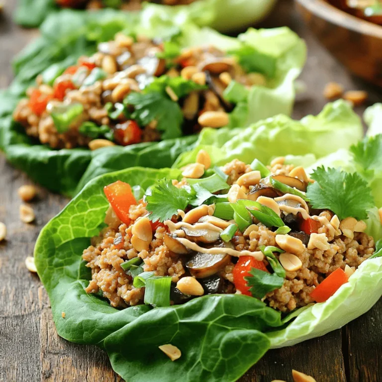 - 1 lb ground chicken - 1 cup shiitake mushrooms, finely chopped - 1 red bell pepper, diced - 3 tablespoons soy sauce - 1 tablespoon hoisin sauce - 1 tablespoon sesame oil - 1 head of butter lettuce or romaine lettuce leaves, separated - Chopped peanuts or cashews for garnish - Fresh cilantro for garnish The main ingredients in this recipe create a tasty base for your wraps. Ground chicken provides protein and moisture. Shiitake mushrooms add umami and depth. Diced red bell pepper brings sweetness and color. For the sauce, soy sauce gives a salty kick. Hoisin sauce adds sweetness and richness. Sesame oil brings a nutty flavor that ties it all together. Finally, the garnishes are key. Fresh lettuce leaves cradle your filling. Chopped peanuts or cashews add crunch. Fresh cilantro gives a pop of herbiness. You can find the full recipe above for exact measurements and steps. Enjoy crafting these delicious wraps! First, heat sesame oil in a large skillet over medium heat. This oil gives the wraps a nice flavor. Next, add minced garlic and grated ginger. Sauté for about one minute until you smell their aroma. Then, add the ground chicken to the skillet. Break it apart with a wooden spoon. Cook for about 5 to 7 minutes until the chicken is browned and fully cooked. Now, stir in the chopped shiitake mushrooms and diced red bell pepper. Cook these for an additional 3 to 4 minutes until the vegetables are tender. This step adds texture and color to your dish. After that, pour in the soy sauce, hoisin sauce, and rice vinegar. Stir everything together until well mixed. Season with salt and pepper to taste. This mixture brings all the flavors together. To assemble, scoop a generous spoonful of the chicken mixture into a lettuce leaf. This is where the fun begins! Top with chopped peanuts or cashews for some crunch. Add fresh cilantro for a burst of freshness. Serve immediately, letting guests wrap their own lettuce cups. This makes for a fun and interactive meal. For the complete recipe, check out the [Full Recipe]. To cook ground chicken well, heat your skillet first. Add sesame oil and let it get hot. Then, add minced garlic and grated ginger. Cook until fragrant, about one minute. Next, add the ground chicken. Break it apart with a spoon. Cook for five to seven minutes until it's brown. For crunchy veggies, don't overcook them. After adding shiitake mushrooms and red bell pepper, cook for just three to four minutes. This keeps them crisp and fresh. To add heat, try chili paste or sriracha. Start with a small amount. You can always add more if you want it spicier. Also, feel free to play with spices. Try adding a pinch of five-spice powder or a dash of black pepper. Each spice adds a new layer of flavor. For serving, arrange the wraps on a large plate. Place the chicken mixture in the center. This way, guests can serve themselves. To keep the lettuce crisp, wash and dry the leaves well. Store them in a sealed bag with a paper towel. This helps absorb moisture and keeps the leaves fresh. For the full recipe, check the [Full Recipe]. {{image_2}} You can switch the ground chicken for other meats. Ground turkey works great. It has less fat and a mild flavor. Ground beef is another option if you want a richer taste. If you want a vegetarian dish, try using tofu. Press the tofu first to remove extra water. Then crumble it into small pieces. Cook it just like you would the chicken. It will soak up all the nice flavors. The sauce makes the dish pop. You can try different sauces for fun. Teriyaki sauce adds sweetness and a nice glaze. Peanut sauce gives a creamy texture that many love. If you need a gluten-free option, use tamari instead of soy sauce. It tastes similar but is safe for those avoiding gluten. This change will keep your meal flavorful. Adding more veggies makes your wraps even better. Carrots add crunch and sweetness. Water chestnuts give a nice texture. Chop them up small and stir them in with the chicken. Fresh herbs can boost the flavor too. Cilantro adds brightness, while mint gives a fresh taste. Just sprinkle them in before you wrap everything up. You can find more ideas in the Full Recipe. To store your chicken mixture, let it cool first. Place it in a clean, airtight container. This keeps it fresh for up to three days. To keep your lettuce fresh, wrap the leaves in a damp paper towel. Then, place them in a plastic bag. Store this in the vegetable crisper of your fridge. Yes, you can freeze the chicken mixture! Use an airtight container or freezer bag. Be sure to label it with the date. It can last up to three months in the freezer. For thawing, place it in the fridge overnight. Reheat in a skillet over medium heat until hot. Stir well to ensure even warming. Leftovers last about three days in the fridge. After that, they may spoil. Signs of spoilage include a sour smell or a change in color. If you see mold, throw it away. Always trust your senses when checking for freshness. Enjoy the full recipe for more delicious details! I love using butter lettuce for wraps. Its leaves are tender and perfect for holding the filling. Butter lettuce has a nice, soft texture, making it easy to bite into. Romaine is another option. It has a crisp and sturdy texture. Romaine leaves can hold more filling, but they may be a bit tougher to chew. Both types work well, but I prefer butter lettuce for its flavor and feel. Yes, you can prep ahead. Cook the chicken mixture and let it cool down. Then, store it in an airtight container in the fridge. Store the lettuce leaves separately to keep them fresh. This way, you can assemble the wraps right before serving. You can also chop the veggies ahead of time. Just keep them in the fridge until you are ready to cook. You can serve the wraps with a side of rice or quinoa. This adds some heartiness to the meal. Try a simple dip like sweet chili sauce or soy sauce for extra flavor. Fresh vegetables on the side, like carrot sticks or cucumber slices, also make a great addition. Don’t forget to offer chopped peanuts or cashews as a crunchy garnish. To make it gluten-free, switch soy sauce for tamari. Tamari has a similar taste but is gluten-free. You should also check hoisin sauce for gluten. Some brands offer gluten-free versions. Use fresh ingredients and avoid pre-packaged sauces unless they are labeled gluten-free. These small changes let everyone enjoy the meal without worry. For the full recipe, check out the Asian Chicken Lettuce Wraps recipe. Asian Chicken Lettuce Wraps combine simple ingredients and delightful flavors. You learned to prepare juicy ground chicken, fresh veggies, and a tasty sauce. Remember to play with different proteins and sauces for variety. Store leftovers wisely to keep them fresh. These wraps are fun to make and even better to eat. Enjoy creating your versions and impress your family or friends with great snacks!