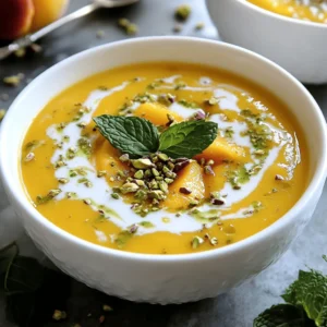 This chilled peach soup is a delight. It’s bright, refreshing, and easy to make. You can enjoy it as a starter or a dessert. It takes just 15 minutes to prep and needs 2 hours to chill. This recipe serves 4 people. For the best flavor, gather these simple ingredients: - 4 ripe peaches, peeled and pitted - 1 cup plain Greek yogurt - 1 cup almond milk - 2 tablespoons honey (or maple syrup for vegan option) - Juice of 1 lemon - 1 teaspoon vanilla extract - A pinch of salt - Fresh mint leaves for garnish - Crushed pistachios for topping (optional) You can easily adjust this recipe for different diets. If you need a vegan option, swap Greek yogurt for coconut yogurt. You can use any plant-based milk instead of almond milk. For a nut-free version, use oat milk or soy milk. Honey can be replaced with agave syrup for a vegan option. These swaps keep the soup tasty and inclusive for everyone. First, gather all your ingredients. You need four ripe peaches, Greek yogurt, almond milk, honey, lemon juice, vanilla extract, salt, mint leaves, and crushed pistachios. Next, peel and pit the peaches. Cut them into small chunks. This makes blending easier. Add the peach chunks to your blender. Now, pour in the Greek yogurt and almond milk. Next, add honey or maple syrup for sweetness. Squeeze in the lemon juice and add the vanilla extract and salt. Blend everything on high speed. You want it smooth and creamy. If you like bits of peach, pulse the blender a few times. Taste the mixture. If it needs more sweetness, add honey. If it needs more tang, add lemon juice. Once blended, pour the soup into a bowl or pitcher. Cover it with plastic wrap and refrigerate. Chill it for at least two hours. When you’re ready to serve, stir the soup gently. Pour it into chilled bowls. Garnish with fresh mint leaves and crushed pistachios. This adds taste and a nice look. For a fun twist, drizzle a bit of almond milk on top. Enjoy this refreshing summer treat! Serve your chilled peach soup in nice bowls. A chilled bowl helps keep the soup cool. Drizzle a bit of almond milk on top. Add a fresh mint leaf for a bright touch. You can also sprinkle crushed pistachios for crunch. This makes the dish look fancy and tasty. You can change the soup's taste to fit your mood. If you want it sweeter, add more honey or maple syrup. For a tangy kick, squeeze in more lemon juice. Taste as you go to find the right balance. This soup is all about what you like. To make this soup, you need a good blender. A high-speed blender works best for smooth soup. You might also want a fine mesh strainer if you prefer an ultra-smooth texture. Having chilled bowls ready is key to serving it just right. Following the Full Recipe will guide you through these steps effortlessly. {{image_2}} To make this chilled peach soup vegan, swap the Greek yogurt for a dairy-free option. Use coconut yogurt or cashew cream. They add creaminess and flavor. For sweeteners, honey works, but maple syrup is perfect for vegans. Just follow the same steps from the Full Recipe. Enjoy your vegan treat! This recipe is mostly gluten-free already. Just ensure your yogurt and almond milk are gluten-free. Most brands are safe. If you want to add a garnish, nuts like pistachios fit well. They add crunch without gluten. This soup makes a great gluten-free dish for any summer meal. If you can’t find peaches or want to try something new, use other fruits. Ripe nectarines or plums work great too. Watermelon can be a fun twist, adding a refreshing taste. Mix it up with berries for a colorful soup. These fruity options keep the same creamy texture. Store chilled peach soup in a clean airtight container. This keeps it fresh and tasty. I like to use glass jars or plastic containers with tight lids. Always let it cool before sealing. This prevents extra moisture from forming inside. In the fridge, your chilled peach soup will stay good for about 3 to 5 days. Make sure to check for any signs of spoilage before eating. If it smells sour or looks off, it's best to toss it. Trust your senses! You can freeze chilled peach soup for up to 3 months. Just pour it into freezer-safe containers, leaving some space at the top. The soup will expand as it freezes. When you’re ready to enjoy, thaw it in the fridge overnight. Then, stir well before serving. This will help bring back its creamy texture. For the full recipe, check back to the earlier section. Yes, you can use frozen peaches. Just thaw them first. This makes the soup cold and tasty. Frozen peaches may change the texture a bit, but they still work well. Chilled peach soup pairs well with many dishes. Try serving it with: - Light salads - Grilled chicken - Shrimp tacos - A slice of crusty bread These options bring out the soup's sweet flavor. Yes, this recipe is super easy to double. Just use double the ingredients. It takes the same time to make. You can blend it all at once if your blender is big enough. Enjoy sharing this refreshing dish with friends! This blog post walked you through making a tasty chilled peach soup. You learned about the fresh ingredients and easy substitutions. I shared tips for blending and serving this dish perfectly. You also found variations to fit different diets and storage tips to keep it fresh. Make this soup your own with unique flavors. Enjoy every bite and impress your guests!