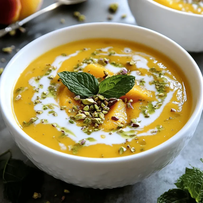 This chilled peach soup is a delight. It’s bright, refreshing, and easy to make. You can enjoy it as a starter or a dessert. It takes just 15 minutes to prep and needs 2 hours to chill. This recipe serves 4 people. For the best flavor, gather these simple ingredients: - 4 ripe peaches, peeled and pitted - 1 cup plain Greek yogurt - 1 cup almond milk - 2 tablespoons honey (or maple syrup for vegan option) - Juice of 1 lemon - 1 teaspoon vanilla extract - A pinch of salt - Fresh mint leaves for garnish - Crushed pistachios for topping (optional) You can easily adjust this recipe for different diets. If you need a vegan option, swap Greek yogurt for coconut yogurt. You can use any plant-based milk instead of almond milk. For a nut-free version, use oat milk or soy milk. Honey can be replaced with agave syrup for a vegan option. These swaps keep the soup tasty and inclusive for everyone. First, gather all your ingredients. You need four ripe peaches, Greek yogurt, almond milk, honey, lemon juice, vanilla extract, salt, mint leaves, and crushed pistachios. Next, peel and pit the peaches. Cut them into small chunks. This makes blending easier. Add the peach chunks to your blender. Now, pour in the Greek yogurt and almond milk. Next, add honey or maple syrup for sweetness. Squeeze in the lemon juice and add the vanilla extract and salt. Blend everything on high speed. You want it smooth and creamy. If you like bits of peach, pulse the blender a few times. Taste the mixture. If it needs more sweetness, add honey. If it needs more tang, add lemon juice. Once blended, pour the soup into a bowl or pitcher. Cover it with plastic wrap and refrigerate. Chill it for at least two hours. When you’re ready to serve, stir the soup gently. Pour it into chilled bowls. Garnish with fresh mint leaves and crushed pistachios. This adds taste and a nice look. For a fun twist, drizzle a bit of almond milk on top. Enjoy this refreshing summer treat! Serve your chilled peach soup in nice bowls. A chilled bowl helps keep the soup cool. Drizzle a bit of almond milk on top. Add a fresh mint leaf for a bright touch. You can also sprinkle crushed pistachios for crunch. This makes the dish look fancy and tasty. You can change the soup's taste to fit your mood. If you want it sweeter, add more honey or maple syrup. For a tangy kick, squeeze in more lemon juice. Taste as you go to find the right balance. This soup is all about what you like. To make this soup, you need a good blender. A high-speed blender works best for smooth soup. You might also want a fine mesh strainer if you prefer an ultra-smooth texture. Having chilled bowls ready is key to serving it just right. Following the Full Recipe will guide you through these steps effortlessly. {{image_2}} To make this chilled peach soup vegan, swap the Greek yogurt for a dairy-free option. Use coconut yogurt or cashew cream. They add creaminess and flavor. For sweeteners, honey works, but maple syrup is perfect for vegans. Just follow the same steps from the Full Recipe. Enjoy your vegan treat! This recipe is mostly gluten-free already. Just ensure your yogurt and almond milk are gluten-free. Most brands are safe. If you want to add a garnish, nuts like pistachios fit well. They add crunch without gluten. This soup makes a great gluten-free dish for any summer meal. If you can’t find peaches or want to try something new, use other fruits. Ripe nectarines or plums work great too. Watermelon can be a fun twist, adding a refreshing taste. Mix it up with berries for a colorful soup. These fruity options keep the same creamy texture. Store chilled peach soup in a clean airtight container. This keeps it fresh and tasty. I like to use glass jars or plastic containers with tight lids. Always let it cool before sealing. This prevents extra moisture from forming inside. In the fridge, your chilled peach soup will stay good for about 3 to 5 days. Make sure to check for any signs of spoilage before eating. If it smells sour or looks off, it's best to toss it. Trust your senses! You can freeze chilled peach soup for up to 3 months. Just pour it into freezer-safe containers, leaving some space at the top. The soup will expand as it freezes. When you’re ready to enjoy, thaw it in the fridge overnight. Then, stir well before serving. This will help bring back its creamy texture. For the full recipe, check back to the earlier section. Yes, you can use frozen peaches. Just thaw them first. This makes the soup cold and tasty. Frozen peaches may change the texture a bit, but they still work well. Chilled peach soup pairs well with many dishes. Try serving it with: - Light salads - Grilled chicken - Shrimp tacos - A slice of crusty bread These options bring out the soup's sweet flavor. Yes, this recipe is super easy to double. Just use double the ingredients. It takes the same time to make. You can blend it all at once if your blender is big enough. Enjoy sharing this refreshing dish with friends! This blog post walked you through making a tasty chilled peach soup. You learned about the fresh ingredients and easy substitutions. I shared tips for blending and serving this dish perfectly. You also found variations to fit different diets and storage tips to keep it fresh. Make this soup your own with unique flavors. Enjoy every bite and impress your guests!