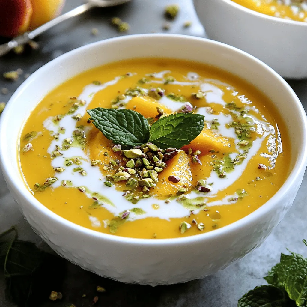 This chilled peach soup is a delight. It’s bright, refreshing, and easy to make. You can enjoy it as a starter or a dessert. It takes just 15 minutes to prep and needs 2 hours to chill. This recipe serves 4 people. For the best flavor, gather these simple ingredients: - 4 ripe peaches, peeled and pitted - 1 cup plain Greek yogurt - 1 cup almond milk - 2 tablespoons honey (or maple syrup for vegan option) - Juice of 1 lemon - 1 teaspoon vanilla extract - A pinch of salt - Fresh mint leaves for garnish - Crushed pistachios for topping (optional) You can easily adjust this recipe for different diets. If you need a vegan option, swap Greek yogurt for coconut yogurt. You can use any plant-based milk instead of almond milk. For a nut-free version, use oat milk or soy milk. Honey can be replaced with agave syrup for a vegan option. These swaps keep the soup tasty and inclusive for everyone. First, gather all your ingredients. You need four ripe peaches, Greek yogurt, almond milk, honey, lemon juice, vanilla extract, salt, mint leaves, and crushed pistachios. Next, peel and pit the peaches. Cut them into small chunks. This makes blending easier. Add the peach chunks to your blender. Now, pour in the Greek yogurt and almond milk. Next, add honey or maple syrup for sweetness. Squeeze in the lemon juice and add the vanilla extract and salt. Blend everything on high speed. You want it smooth and creamy. If you like bits of peach, pulse the blender a few times. Taste the mixture. If it needs more sweetness, add honey. If it needs more tang, add lemon juice. Once blended, pour the soup into a bowl or pitcher. Cover it with plastic wrap and refrigerate. Chill it for at least two hours. When you’re ready to serve, stir the soup gently. Pour it into chilled bowls. Garnish with fresh mint leaves and crushed pistachios. This adds taste and a nice look. For a fun twist, drizzle a bit of almond milk on top. Enjoy this refreshing summer treat! Serve your chilled peach soup in nice bowls. A chilled bowl helps keep the soup cool. Drizzle a bit of almond milk on top. Add a fresh mint leaf for a bright touch. You can also sprinkle crushed pistachios for crunch. This makes the dish look fancy and tasty. You can change the soup's taste to fit your mood. If you want it sweeter, add more honey or maple syrup. For a tangy kick, squeeze in more lemon juice. Taste as you go to find the right balance. This soup is all about what you like. To make this soup, you need a good blender. A high-speed blender works best for smooth soup. You might also want a fine mesh strainer if you prefer an ultra-smooth texture. Having chilled bowls ready is key to serving it just right. Following the Full Recipe will guide you through these steps effortlessly. {{image_2}} To make this chilled peach soup vegan, swap the Greek yogurt for a dairy-free option. Use coconut yogurt or cashew cream. They add creaminess and flavor. For sweeteners, honey works, but maple syrup is perfect for vegans. Just follow the same steps from the Full Recipe. Enjoy your vegan treat! This recipe is mostly gluten-free already. Just ensure your yogurt and almond milk are gluten-free. Most brands are safe. If you want to add a garnish, nuts like pistachios fit well. They add crunch without gluten. This soup makes a great gluten-free dish for any summer meal. If you can’t find peaches or want to try something new, use other fruits. Ripe nectarines or plums work great too. Watermelon can be a fun twist, adding a refreshing taste. Mix it up with berries for a colorful soup. These fruity options keep the same creamy texture. Store chilled peach soup in a clean airtight container. This keeps it fresh and tasty. I like to use glass jars or plastic containers with tight lids. Always let it cool before sealing. This prevents extra moisture from forming inside. In the fridge, your chilled peach soup will stay good for about 3 to 5 days. Make sure to check for any signs of spoilage before eating. If it smells sour or looks off, it's best to toss it. Trust your senses! You can freeze chilled peach soup for up to 3 months. Just pour it into freezer-safe containers, leaving some space at the top. The soup will expand as it freezes. When you’re ready to enjoy, thaw it in the fridge overnight. Then, stir well before serving. This will help bring back its creamy texture. For the full recipe, check back to the earlier section. Yes, you can use frozen peaches. Just thaw them first. This makes the soup cold and tasty. Frozen peaches may change the texture a bit, but they still work well. Chilled peach soup pairs well with many dishes. Try serving it with: - Light salads - Grilled chicken - Shrimp tacos - A slice of crusty bread These options bring out the soup's sweet flavor. Yes, this recipe is super easy to double. Just use double the ingredients. It takes the same time to make. You can blend it all at once if your blender is big enough. Enjoy sharing this refreshing dish with friends! This blog post walked you through making a tasty chilled peach soup. You learned about the fresh ingredients and easy substitutions. I shared tips for blending and serving this dish perfectly. You also found variations to fit different diets and storage tips to keep it fresh. Make this soup your own with unique flavors. Enjoy every bite and impress your guests!
