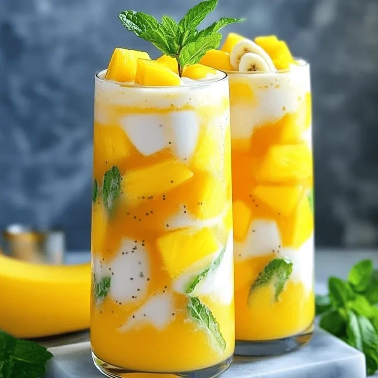 - 1 ripe mango, peeled and diced - 1 cup fresh pineapple, diced - 1 banana, sliced - 1 cup coconut milk (or almond milk) - 1 tablespoon honey or agave syrup - 1 tablespoon chia seeds - Ice cubes (as desired) - A handful of fresh mint leaves When making a Tropical Mango Pineapple Smoothie, fresh, ripe fruits are key. Start with a mango that feels soft to the touch. This means it's sweet and ready to eat. Pineapples should also be fresh, with a sweet smell at the base. Bananas add creaminess. You can use coconut milk for a tropical twist or almond milk for a nutty taste. If you want extra sweetness, add honey or agave syrup. Chia seeds can give your smoothie a nice texture and boost nutrition. Ice cubes keep it cool and refreshing. Finally, fresh mint leaves make a lovely garnish. They add a pop of color and flavor. For more details, check out the Full Recipe. Start by preparing your fruits. First, peel and dice the mango into small chunks. Next, take your fresh pineapple and dice it as well. Finally, slice the banana into rounds. In a blender, combine all your fruits. Add the diced mango, pineapple, and sliced banana. Next, pour in the coconut milk. If you want some sweetness, add honey or agave syrup. For added texture, throw in chia seeds. Pulse the blender on low speed a few times to break down the big fruit pieces. After that, blend on high speed until the mix is smooth and creamy. Once your smoothie is ready, pour it into tall glasses. To make it look even better, garnish each glass with a sprig of fresh mint leaves. Enjoy your refreshing Tropical Mango Pineapple Smoothie! To get the right texture in your Tropical Mango Pineapple Smoothie, adjust the thickness with ice or liquid. If you want it thicker, add more ice. If it feels too thick, pour in a bit more coconut milk or water. Start blending with a few ice cubes. Then, add more as needed. This way, you can control the smoothness and chill. Taste your smoothie after blending. If it needs more sweetness, add honey or agave syrup. Blend again until mixed well. This helps you find the perfect balance. You can also use ripe fruits. They add natural sweetness. Always remember, you can adjust as you go. Blend on low speed first to break down the larger pieces. Once the fruit starts to combine, switch to high speed. Blend until smooth and creamy, usually for about 30 seconds. This method ensures all ingredients mix well. Don't rush this step; it makes a big difference in texture. {{image_2}} You can easily make this smoothie dairy-free. Instead of using coconut milk, try almond milk or oat milk. Both options keep the smoothie creamy and delicious. They also add unique flavors. If you want a nutty touch, almond milk is perfect. For a smoother, richer taste, choose oat milk. Either way, your Tropical Mango Pineapple Smoothie will still taste amazing. Want to pack in more nutrition? Add more fruits! You can toss in extra mango or even some spinach. Spinach blends well and boosts vitamins without changing the taste much. Other great choices include berries or kiwi. They add natural sweetness and fun colors. Feel free to mix and match based on what you love or have at home! To make your smoothie even tastier, consider adding spices or extracts. A dash of vanilla can give a warm flavor. If you like a bit of spice, try adding grated ginger. It adds a nice kick and is very healthy. Cinnamon is also a fantastic option. It pairs well with tropical flavors and brings out the sweetness. These small additions can transform your smoothie into something special! You can keep a prepared smoothie in the fridge for about one day. After that, the taste and texture may change. If you plan to enjoy it later, store it in an airtight container. This helps keep the smoothie fresh. When you're ready to drink, give it a good shake or stir. This will mix up any separation that may occur. To freeze portions for future smoothies, pour the smoothie into ice cube trays or small containers. Leave some space at the top, as liquids expand when frozen. Once frozen, pop the cubes into a freezer bag. This way, you can grab a few cubes whenever you want a quick treat. They will hold their flavor well for about three months. When you're ready to enjoy your frozen smoothie, you will need to re-blend it. Start by adding a splash of coconut milk or water to help it blend smoothly. If the smoothie is too thick, add more liquid gradually. Blend until it reaches your desired consistency. This method will make your smoothie creamy and refreshing again. Yes, you can use frozen fruits! They make the smoothie cold and thick. Frozen mango and pineapple work great. Just toss them into the blender as you would with fresh ones. This also helps keep the smoothie fresh longer if you can't use fresh fruit right away. To make your smoothie thicker, add more ice cubes or use less liquid. You can also add a banana or some chia seeds. Both help create a rich, creamy texture. If you want a smoothie bowl, just blend it less so it's chunkier. This smoothie is packed with nutrients! Mango is high in vitamins A and C, great for your skin. Pineapple has bromelain, which helps digestion. Bananas provide potassium, good for your heart. Coconut milk has healthy fats, giving you energy. Overall, this smoothie is sweet and healthy! For the complete recipe, check out the *Tropical Mango Pineapple Bliss* recipe. You learned how to make a delicious Tropical Mango Pineapple Smoothie. We covered the key ingredients, like ripe mango and coconut milk, and optional additions to enhance flavor. I shared easy steps to prepare, blend, and serve your smoothie. You also got tips for texture and sweetness, plus ideas for tasty variations. Lastly, I provided storage methods for your smoothies. Enjoy your drink, and let it bring a burst of tropical joy to your day!