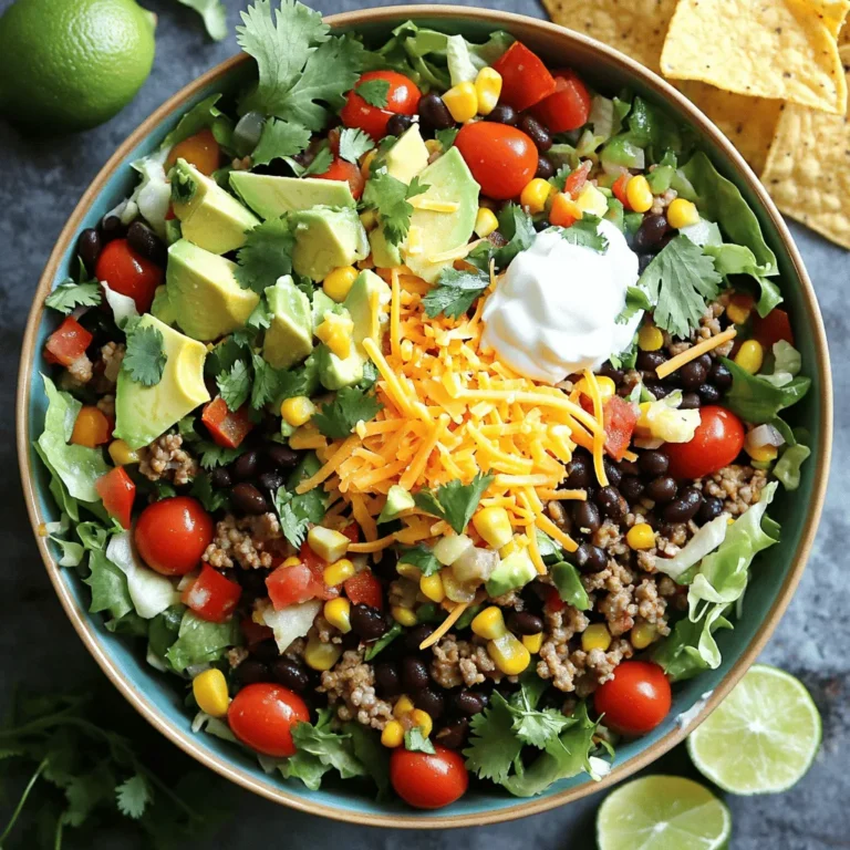The Zesty Fiesta Taco Salad is a fun and tasty meal. It mixes fresh veggies with savory meat and zesty toppings. This salad is great for lunch or dinner. You can make it in just 30 minutes. The full recipe will help you create this vibrant dish. Here are the main ingredients you will need: - 1 lb ground turkey (or beef) - 1 packet taco seasoning - 1 can (15 oz) black beans, rinsed and drained - 1 can (15 oz) corn, drained - 1 large bell pepper, diced (any color) - 1 cup cherry tomatoes, halved - 1 avocado, diced - 1 cup shredded lettuce (romaine or iceberg) - 1/2 cup shredded cheese (cheddar or a Mexican blend) - 1/4 cup sour cream - 1/4 cup salsa - 1/4 cup fresh cilantro, chopped - Tortilla chips for garnish - Lime wedges for serving Each ingredient adds its own flavor and texture. The ground turkey or beef gives protein. The beans and corn add fiber and sweetness. The fresh veggies bring bright colors and crunch. You can add extra ingredients to make the salad even better: - Sliced jalapeños for heat - Chopped green onions for sharpness - A squeeze of lime juice for zest - Avocado dressing for creaminess These options let you customize the salad to your taste. Feel free to get creative! To start, heat a skillet over medium heat. Add 1 pound of ground turkey or beef. Cook the meat until it turns brown. Use a spatula to break the meat apart. Next, sprinkle in the taco seasoning. Pour in 1/2 cup of water and stir well. Bring this mix to a simmer for about 5 minutes. Keep an eye on it until the sauce thickens. After that, remove it from heat and let it cool a bit. While the meat cools, grab a large mixing bowl. Add 1 can of black beans, rinsed and drained. Then, toss in 1 can of corn that is drained. Chop up 1 large bell pepper and add it. Next, halve 1 cup of cherry tomatoes and add them too. Don't forget to dice 1 avocado and toss that in as well. Finally, add 1 cup of shredded lettuce. Gently mix all the ingredients together. Once the taco meat has cooled, add it to your salad base. Use a spoon to gently toss everything together. Make sure the meat and veggies mix well. If you aren’t serving it right away, seal the salad in an airtight container. When you’re ready, divide the zesty taco salad into bowls. Top each bowl with 1/2 cup shredded cheese and a dollop of sour cream. Add a spoonful of salsa for flavor. Finish it off with fresh cilantro and a handful of tortilla chips. Serve lime wedges on the side for an extra burst of flavor. For the complete recipe, check out the Full Recipe. For a tasty taco salad, always start with fresh ingredients. They make a big difference. If using ground turkey, make sure to brown it well. This adds flavor. Don't skip the taco seasoning; it brings the dish to life. Remember to let the meat cool before mixing it with the veggies. This keeps the lettuce crisp and fresh. To make your salad look great, layer the ingredients in a large bowl. Start with lettuce, then add the meat, beans, and veggies. Top it with cheese and a dollop of sour cream. Sprinkle fresh cilantro on top for a pop of color. Serve it in clear bowls to show off the layers. Add tortilla chips on the side for crunch. If you like heat, add some diced jalapeños to the salad. You can also mix hot salsa in with the sour cream for extra kick. For a milder taste, stick with mild salsa and skip the jalapeños. Taste as you go to find the right heat level for you. This way, everyone will enjoy your zesty fiesta taco salad. {{image_2}} You can easily switch up the Zesty Fiesta Taco Salad to make it vegetarian. Use a mix of beans instead of meat. Black beans and kidney beans work great together. You can also add lentils for a nice texture. Just season them with taco seasoning for that classic flavor. This option is rich in protein and fiber. Plus, it keeps the salad light and fresh! Salsa adds a burst of flavor to your salad. You can use any salsa you like—mild, medium, or hot. Fresh pico de gallo is also a tasty choice. For a twist, try a creamy avocado dressing. It pairs well with the tangy elements in the salad. You can even mix yogurt with lime juice and cilantro for a zesty kick! There are many ways to make this salad healthier. Swap ground turkey for lean chicken or tofu. Use Greek yogurt instead of sour cream to cut calories. You can also replace cheese with nutritional yeast for a dairy-free option. If you want more crunch, add sliced radishes or cucumbers. These swaps keep the salad tasty while adding nutrients. For the full recipe, check out the earlier details! Store your Zesty Fiesta Taco Salad in an airtight container. This keeps it fresh. It lasts up to three days in the fridge. Before you eat, check for any signs of spoilage. If it looks or smells off, throw it away. To keep it tasty, store toppings like cheese and sour cream separately. This helps avoid sogginess. Freezing taco salad is not ideal. The veggies can get mushy. However, you can freeze the taco meat. Place it in a freezer-safe bag. It lasts up to three months in the freezer. When you're ready to eat, let it thaw in the fridge overnight. You can then add fresh toppings to your salad. To reheat the taco meat, place it in a skillet over low heat. Stir often to warm it evenly. Add a splash of water if it seems dry. Heat until it's hot, but don't overcook it. You want it juicy! Once warm, mix it back with fresh salad ingredients for the best flavor. Enjoy your meal just as fresh as the first time! Yes, you can use different meats in this salad. Ground turkey is lean and tasty. If you prefer beef, that works too. You can also try chicken or pork. For a vegetarian option, use black beans or lentils instead. These choices add nice flavor and protein. To make this taco salad gluten-free, check your taco seasoning. Some brands add gluten. Use certified gluten-free seasoning to stay safe. Also, choose gluten-free tortilla chips. Most fresh veggies, beans, and cheese are naturally gluten-free. This way, everyone can enjoy the meal! Store leftovers in an airtight container in the fridge. Keep the salad and toppings separate. This helps keep everything fresh. When ready to eat, combine the salad again. You can add a splash of lime for flavor. Enjoy it within three days for the best taste. For the full recipe, check the section above! This blog post covered how to make a tasty taco salad. We explored the key and optional ingredients, along with step-by-step instructions for making the dish. Cooking tips ensured your success, while variations let you customize flavors. Understanding storage and addressing common questions helps you enjoy your meal longer. With these insights, you can create a taco salad that fits your taste and needs. Happy cooking!