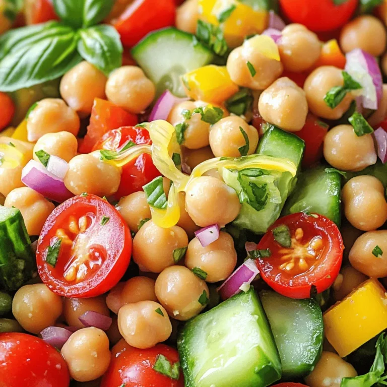 To make a refreshing Lemon Basil Chickpea Salad, you need the following: - 1 can (15 oz) chickpeas, drained and rinsed - 1 cup cherry tomatoes, halved - 1 cucumber, diced - 1 bell pepper (any color), diced - 1/4 red onion, finely chopped - 1/4 cup fresh basil leaves, chopped - Juice of 1 lemon - 3 tablespoons extra-virgin olive oil - Salt and pepper to taste - 1/4 teaspoon garlic powder - 1/4 teaspoon red pepper flakes (optional) When picking your produce, choose firm tomatoes and bright, crisp cucumbers. Look for bell peppers that feel heavy for their size. Fresh basil should smell sweet and look vibrant. These tips help ensure your salad shines with flavor. You can add extra flavor and texture to your salad with these options: - Avocado, diced for creaminess - Feta cheese, crumbled for a salty kick - Olives, sliced for a briny touch - Grilled corn for sweetness Feel free to swap ingredients based on what’s in season. For example, use zucchini in summer or roasted butternut squash in fall. This flexibility makes the salad fun and fresh all year long. For the complete recipe, check out the [Full Recipe]. To make the Lemon Basil Chickpea Salad, start with a large bowl. Combine the following ingredients: - 1 can (15 oz) chickpeas, drained and rinsed - 1 cup cherry tomatoes, halved - 1 cucumber, diced - 1 bell pepper (any color), diced - 1/4 red onion, finely chopped - 1/4 cup fresh basil leaves, chopped Mix these well. The chickpeas add protein and texture. The tomatoes and cucumber bring freshness and crunch. The bell pepper adds color, while the onion gives a mild zing. Once mixed, let’s prepare the dressing. You can serve the salad right away, but I suggest letting it sit for at least 10 minutes. This time helps the flavors blend nicely. For the dressing, grab a small bowl. Whisk together these ingredients: - Juice of 1 lemon - 3 tablespoons extra-virgin olive oil - Salt and pepper to taste - 1/4 teaspoon garlic powder - 1/4 teaspoon red pepper flakes (optional) The lemon juice gives a bright, tangy taste. Olive oil adds richness. Adjust the salt and pepper to your liking. If you want a kick, add the red pepper flakes. Aim for a smooth blend in your dressing. Drizzle it over your salad and toss gently. Taste the salad and adjust seasoning if needed. Enjoy this vibrant dish fresh, or chill it for a refreshing bite. For the full recipe, check out the detailed instructions. You can pair Lemon Basil Chickpea Salad with many dishes. It goes well with grilled chicken or fish. You can also serve it with warm pita bread for a filling meal. For a light lunch, try it with a scoop of quinoa. When presenting the salad, use a large, bright bowl. This makes the colors pop and draws attention. Garnish with extra basil leaves or lemon slices for a fresh look. Adjusting the seasonings can make this salad perfect for your taste. If you like more zest, add extra lemon juice. For added heat, sprinkle in more red pepper flakes. You can also mix in more garlic powder for a stronger flavor. If you have leftovers, store them in an airtight container. To enhance the flavors, let the salad rest for a bit before eating. Reheating is not usually needed, but you can warm it slightly if you prefer. Just be careful not to heat it too much, as the fresh veggies taste best cold. {{image_2}} You can easily switch up the vegetables in your Lemon Basil Chickpea Salad. Here are some ideas: - Zucchini: Grate or dice it for a fresh crunch. - Carrots: Shred them for a sweet touch. - Corn: Add sweet corn for extra flavor and texture. You can also swap out chickpeas for other legumes: - Black beans: They add a rich, earthy taste. - Lentils: These will make your salad even heartier. For herbs, feel free to get creative: - Mint: It gives a refreshing twist. - Cilantro: Perfect if you love its bold flavor. When it comes to dressings, you can personalize it: - Balsamic vinaigrette: Adds a tangy sweetness. - Greek yogurt dressing: For a creamy element. This salad is versatile for different diets. To make it vegan, simply ensure the dressing is plant-based. You can replace any non-vegan ingredients with plant-friendly options: - Use nutritional yeast instead of cheese for a cheesy flavor without dairy. For gluten-free needs, this salad is already safe! Just make sure any added ingredients are gluten-free. To lower calories, skip the oil or use less. You can also add more veggies to bulk it up without extra calories. If you want to boost protein, consider these options: - Feta cheese: Crumble it on top for creamy richness. - Grilled chicken: Adds heartiness and flavor. With these variations, your Lemon Basil Chickpea Salad can fit any taste or diet. Check out the Full Recipe for all the details! To keep your Lemon Basil Chickpea Salad fresh, store it in an airtight container. Glass containers work well, but plastic ones are fine too. Make sure the lid closes tightly. Place the salad in the fridge right away. This helps lock in flavors and keeps everything crisp. If you have extra dressing, store it separately. This way, your salad won’t get soggy. When you’re ready to eat, simply drizzle the dressing over the salad and toss it again. Your salad will stay fresh in the fridge for about three days. After that, the veggies may lose their crunch. Look for signs of spoilage. If the salad smells off or looks slimy, it’s time to toss it. Make sure to check the basil too. If the leaves turn brown or wilt, it’s best to discard them. Enjoy your salad while it’s fresh for the best taste. For the full recipe, check [Full Recipe]. What can I add to make this salad heartier? You can add cooked quinoa or farro for more fiber. Chopped avocado adds creaminess. Grilled chicken or shrimp boosts protein. Can I make this salad ahead of time? Yes, you can make this salad ahead. It tastes even better after sitting for a while. Just store it in the fridge. Is there a substitute for chickpeas in this recipe? If you don't have chickpeas, try black beans or cannellini beans. Both offer protein and a nice texture. This salad is not just tasty; it’s healthy too. One serving has about 250 calories. It has 10 grams of fat and 12 grams of protein. - Chickpeas provide protein and fiber. - Tomatoes add vitamins and antioxidants. - Cucumbers keep the salad light and refreshing. - Basil offers flavor and has anti-inflammatory properties. How to make the salad more flavorful? To enhance the taste, add more lemon juice or fresh herbs. A pinch of cumin can also add depth. Recommendation for preparing for meal prepping When meal prepping, keep the dressing separate. This keeps the salad fresh and crisp. Store it in airtight containers for best results. This blog post walked you through making a fresh and tasty Lemon Basil Chickpea Salad. We covered the main ingredients and tips for choosing the best produce. You learned how to make a flavorful dressing and plenty of serving ideas. In conclusion, this salad is easy to customize for any diet and season. With proper storage, it stays fresh and tasty for days. Enjoy making this salad and share it with friends and family for a healthy treat!
