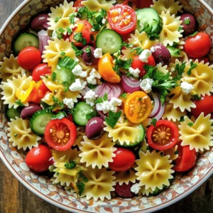 To make a tasty Zesty Greek Pasta Salad, you need fresh, vibrant ingredients. Here’s what to gather: - 8 oz. farfalle pasta (or your choice of pasta) - 1 cup cherry tomatoes, halved - 1 cucumber, diced - 1/2 red onion, thinly sliced - 1 cup Kalamata olives, pitted and halved - 1 cup feta cheese, crumbled - 1/4 cup fresh parsley, chopped - 1/4 cup olive oil - 2 tablespoons red wine vinegar (or lemon juice) - 1 teaspoon dried oregano - 1 clove garlic, minced - Salt and pepper to taste These ingredients create a bright flavor that makes the salad shine. You can add your own twist to this salad. Here are some options: - Bell peppers for extra crunch - Artichoke hearts for a tangy bite - Spinach or arugula for more greens - Chickpeas for added protein - Avocado for creaminess Feel free to mix in these ingredients based on what you like. If you can’t find some ingredients, don’t worry! Here are some tips: - Use any pasta shape you prefer. Penne or rotini work well too. - Swap Kalamata olives for green olives if desired. - Feta can be replaced with goat cheese for a different flavor. - Use fresh herbs like dill or mint instead of parsley for a unique taste. These swaps help you create a salad that suits your taste. For the complete recipe, check the [Full Recipe]. To make a great Zesty Greek Pasta Salad, start with the pasta. Use 8 oz. of farfalle or your favorite kind. Bring a big pot of salted water to a boil. Add the pasta and cook it until it's al dente. This usually takes about 8 to 10 minutes. Drain the pasta and rinse it with cold water. This stops the cooking and cools the pasta. You want it nice and firm. Next, let’s make the zesty dressing. In a small bowl, add 1/4 cup olive oil. Then, mix in 2 tablespoons of red wine vinegar. You can use lemon juice if you prefer. Now, add 1 clove of minced garlic and 1 teaspoon of dried oregano. Sprinkle in salt and pepper to taste. Whisk everything until it blends well. This dressing brings a bright flavor to the salad. Now, it's time to combine everything! In a large bowl, add the cooled pasta. Then, toss in 1 cup of halved cherry tomatoes, 1 diced cucumber, and 1/2 sliced red onion. Next, add 1 cup of Kalamata olives and 1 cup of crumbled feta cheese. Pour the zesty dressing over the top. Gently toss to coat everything evenly. Finally, sprinkle 1/4 cup of chopped parsley. Give it one last toss. For the best taste, chill the salad for at least 30 minutes. This lets all the flavors mix nicely. Check the seasoning once more, then serve. Enjoy your fresh and tasty Zesty Greek Pasta Salad! For more details, see the Full Recipe. To make your Zesty Greek Pasta Salad shine, use fresh ingredients. Fresh herbs, like parsley, add bright flavor. A squeeze of lemon juice can also boost taste. For a kick, try adding red pepper flakes. They bring heat without overpowering the dish. When mixing, taste as you go. Adjust salt and pepper as needed for balance. The texture of your pasta salad is key. Cook the farfalle pasta just until tender, or al dente. Rinse it under cold water after cooking. This stops the cooking process and keeps it firm. When you mix in the veggies, chop them evenly. This ensures every bite has a bit of everything. Letting the salad chill helps the flavors blend while keeping the crunch. Presentation matters! Serve your Zesty Greek Pasta Salad in a big bowl. This invites guests to help themselves. For a pop of color, add whole olives on top. A sprinkle of fresh parsley brightens it further. Drizzle a bit more olive oil before serving for shine. Pair it with crusty bread or grilled chicken for a full meal. Enjoy the vibrant colors and flavors! {{image_2}} You can easily add a Mediterranean twist to your Zesty Greek Pasta Salad. Try adding artichoke hearts or sun-dried tomatoes for a new flavor. Roasted red peppers bring a sweet touch. You could also toss in some capers for a salty bite. Each addition makes the dish more vibrant and exciting. Boost the nutrition in your salad with healthy add-ins. Consider adding chickpeas for protein and fiber. Spinach or arugula adds a fresh green crunch. You can also mix in some toasted nuts for healthy fats. Each of these options makes your salad not just tasty, but also good for you. While the olive oil dressing is classic, you can try other options too. A lemon-tahini dressing offers a creamy texture and a tangy flavor. Greek yogurt dressing gives a rich taste and adds protein. A balsamic vinaigrette can bring a sweet twist. Each dressing changes the salad's flavor while keeping it fresh and light. For the full recipe, check out the detailed steps to create this delightful dish. After making your Zesty Greek Pasta Salad, store it in an airtight container. This keeps the flavors fresh and prevents spills. Place parchment paper between layers if you stack ingredients. This way, the salad stays crisp and delicious. Your salad stays tasty in the fridge for about 3 to 5 days. The flavors blend well over time, which is a bonus. Just make sure to check for freshness before eating. If any ingredients look off, it’s best to toss them. I don’t recommend freezing this salad. Freezing can change the texture of fresh vegetables and cheese. However, if you must freeze it, leave out the tomatoes and cucumbers. Store it in a freezer-safe container. It can last up to 2 months. When ready to eat, thaw it in the fridge overnight and mix in fresh veggies before serving. For the complete recipe, check out the Full Recipe section. Yes, you can use any pasta you like. I often choose rotini or penne for this salad. These shapes hold the dressing well. You can even try whole wheat or gluten-free pasta for a healthier option. Absolutely! This salad is great for meal prep. It stays fresh in the fridge for about three days. Just store it in an airtight container. Make sure to add fresh herbs right before serving for the best taste. Adding protein boosts this salad nicely. Grilled chicken, shrimp, or chickpeas work well. You can also try diced turkey or even canned tuna. These options make the salad heartier and more filling. For the full recipe, check out the details above. This blog post covered how to make a tasty Zesty Greek Pasta Salad. We explored key ingredients and options for customization. Simple steps guided the cooking and mixing. Tips helped enhance flavor and texture. We also looked at fun variations and storage tips. In conclusion, you can enjoy this salad in many ways. Whether for a meal or a party, it’s a crowd-pleaser. Get creative with your ingredients, and have fun making it!