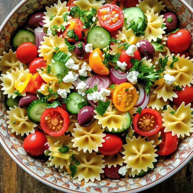 To make a tasty Zesty Greek Pasta Salad, you need fresh, vibrant ingredients. Here’s what to gather: - 8 oz. farfalle pasta (or your choice of pasta) - 1 cup cherry tomatoes, halved - 1 cucumber, diced - 1/2 red onion, thinly sliced - 1 cup Kalamata olives, pitted and halved - 1 cup feta cheese, crumbled - 1/4 cup fresh parsley, chopped - 1/4 cup olive oil - 2 tablespoons red wine vinegar (or lemon juice) - 1 teaspoon dried oregano - 1 clove garlic, minced - Salt and pepper to taste These ingredients create a bright flavor that makes the salad shine. You can add your own twist to this salad. Here are some options: - Bell peppers for extra crunch - Artichoke hearts for a tangy bite - Spinach or arugula for more greens - Chickpeas for added protein - Avocado for creaminess Feel free to mix in these ingredients based on what you like. If you can’t find some ingredients, don’t worry! Here are some tips: - Use any pasta shape you prefer. Penne or rotini work well too. - Swap Kalamata olives for green olives if desired. - Feta can be replaced with goat cheese for a different flavor. - Use fresh herbs like dill or mint instead of parsley for a unique taste. These swaps help you create a salad that suits your taste. For the complete recipe, check the [Full Recipe]. To make a great Zesty Greek Pasta Salad, start with the pasta. Use 8 oz. of farfalle or your favorite kind. Bring a big pot of salted water to a boil. Add the pasta and cook it until it's al dente. This usually takes about 8 to 10 minutes. Drain the pasta and rinse it with cold water. This stops the cooking and cools the pasta. You want it nice and firm. Next, let’s make the zesty dressing. In a small bowl, add 1/4 cup olive oil. Then, mix in 2 tablespoons of red wine vinegar. You can use lemon juice if you prefer. Now, add 1 clove of minced garlic and 1 teaspoon of dried oregano. Sprinkle in salt and pepper to taste. Whisk everything until it blends well. This dressing brings a bright flavor to the salad. Now, it's time to combine everything! In a large bowl, add the cooled pasta. Then, toss in 1 cup of halved cherry tomatoes, 1 diced cucumber, and 1/2 sliced red onion. Next, add 1 cup of Kalamata olives and 1 cup of crumbled feta cheese. Pour the zesty dressing over the top. Gently toss to coat everything evenly. Finally, sprinkle 1/4 cup of chopped parsley. Give it one last toss. For the best taste, chill the salad for at least 30 minutes. This lets all the flavors mix nicely. Check the seasoning once more, then serve. Enjoy your fresh and tasty Zesty Greek Pasta Salad! For more details, see the Full Recipe. To make your Zesty Greek Pasta Salad shine, use fresh ingredients. Fresh herbs, like parsley, add bright flavor. A squeeze of lemon juice can also boost taste. For a kick, try adding red pepper flakes. They bring heat without overpowering the dish. When mixing, taste as you go. Adjust salt and pepper as needed for balance. The texture of your pasta salad is key. Cook the farfalle pasta just until tender, or al dente. Rinse it under cold water after cooking. This stops the cooking process and keeps it firm. When you mix in the veggies, chop them evenly. This ensures every bite has a bit of everything. Letting the salad chill helps the flavors blend while keeping the crunch. Presentation matters! Serve your Zesty Greek Pasta Salad in a big bowl. This invites guests to help themselves. For a pop of color, add whole olives on top. A sprinkle of fresh parsley brightens it further. Drizzle a bit more olive oil before serving for shine. Pair it with crusty bread or grilled chicken for a full meal. Enjoy the vibrant colors and flavors! {{image_2}} You can easily add a Mediterranean twist to your Zesty Greek Pasta Salad. Try adding artichoke hearts or sun-dried tomatoes for a new flavor. Roasted red peppers bring a sweet touch. You could also toss in some capers for a salty bite. Each addition makes the dish more vibrant and exciting. Boost the nutrition in your salad with healthy add-ins. Consider adding chickpeas for protein and fiber. Spinach or arugula adds a fresh green crunch. You can also mix in some toasted nuts for healthy fats. Each of these options makes your salad not just tasty, but also good for you. While the olive oil dressing is classic, you can try other options too. A lemon-tahini dressing offers a creamy texture and a tangy flavor. Greek yogurt dressing gives a rich taste and adds protein. A balsamic vinaigrette can bring a sweet twist. Each dressing changes the salad's flavor while keeping it fresh and light. For the full recipe, check out the detailed steps to create this delightful dish. After making your Zesty Greek Pasta Salad, store it in an airtight container. This keeps the flavors fresh and prevents spills. Place parchment paper between layers if you stack ingredients. This way, the salad stays crisp and delicious. Your salad stays tasty in the fridge for about 3 to 5 days. The flavors blend well over time, which is a bonus. Just make sure to check for freshness before eating. If any ingredients look off, it’s best to toss them. I don’t recommend freezing this salad. Freezing can change the texture of fresh vegetables and cheese. However, if you must freeze it, leave out the tomatoes and cucumbers. Store it in a freezer-safe container. It can last up to 2 months. When ready to eat, thaw it in the fridge overnight and mix in fresh veggies before serving. For the complete recipe, check out the Full Recipe section. Yes, you can use any pasta you like. I often choose rotini or penne for this salad. These shapes hold the dressing well. You can even try whole wheat or gluten-free pasta for a healthier option. Absolutely! This salad is great for meal prep. It stays fresh in the fridge for about three days. Just store it in an airtight container. Make sure to add fresh herbs right before serving for the best taste. Adding protein boosts this salad nicely. Grilled chicken, shrimp, or chickpeas work well. You can also try diced turkey or even canned tuna. These options make the salad heartier and more filling. For the full recipe, check out the details above. This blog post covered how to make a tasty Zesty Greek Pasta Salad. We explored key ingredients and options for customization. Simple steps guided the cooking and mixing. Tips helped enhance flavor and texture. We also looked at fun variations and storage tips. In conclusion, you can enjoy this salad in many ways. Whether for a meal or a party, it’s a crowd-pleaser. Get creative with your ingredients, and have fun making it!
