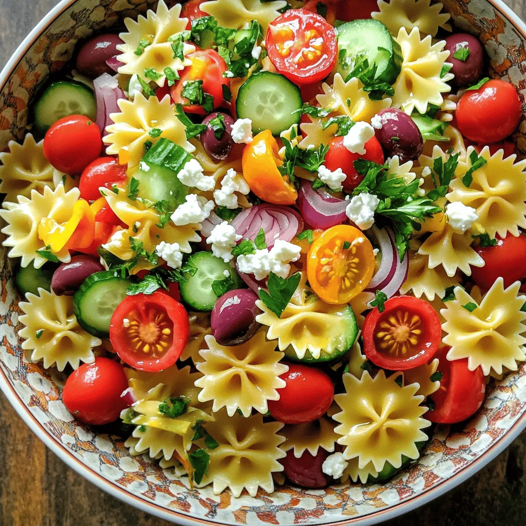 To make a tasty Zesty Greek Pasta Salad, you need fresh, vibrant ingredients. Here’s what to gather: - 8 oz. farfalle pasta (or your choice of pasta) - 1 cup cherry tomatoes, halved - 1 cucumber, diced - 1/2 red onion, thinly sliced - 1 cup Kalamata olives, pitted and halved - 1 cup feta cheese, crumbled - 1/4 cup fresh parsley, chopped - 1/4 cup olive oil - 2 tablespoons red wine vinegar (or lemon juice) - 1 teaspoon dried oregano - 1 clove garlic, minced - Salt and pepper to taste These ingredients create a bright flavor that makes the salad shine. You can add your own twist to this salad. Here are some options: - Bell peppers for extra crunch - Artichoke hearts for a tangy bite - Spinach or arugula for more greens - Chickpeas for added protein - Avocado for creaminess Feel free to mix in these ingredients based on what you like. If you can’t find some ingredients, don’t worry! Here are some tips: - Use any pasta shape you prefer. Penne or rotini work well too. - Swap Kalamata olives for green olives if desired. - Feta can be replaced with goat cheese for a different flavor. - Use fresh herbs like dill or mint instead of parsley for a unique taste. These swaps help you create a salad that suits your taste. For the complete recipe, check the [Full Recipe]. To make a great Zesty Greek Pasta Salad, start with the pasta. Use 8 oz. of farfalle or your favorite kind. Bring a big pot of salted water to a boil. Add the pasta and cook it until it's al dente. This usually takes about 8 to 10 minutes. Drain the pasta and rinse it with cold water. This stops the cooking and cools the pasta. You want it nice and firm. Next, let’s make the zesty dressing. In a small bowl, add 1/4 cup olive oil. Then, mix in 2 tablespoons of red wine vinegar. You can use lemon juice if you prefer. Now, add 1 clove of minced garlic and 1 teaspoon of dried oregano. Sprinkle in salt and pepper to taste. Whisk everything until it blends well. This dressing brings a bright flavor to the salad. Now, it's time to combine everything! In a large bowl, add the cooled pasta. Then, toss in 1 cup of halved cherry tomatoes, 1 diced cucumber, and 1/2 sliced red onion. Next, add 1 cup of Kalamata olives and 1 cup of crumbled feta cheese. Pour the zesty dressing over the top. Gently toss to coat everything evenly. Finally, sprinkle 1/4 cup of chopped parsley. Give it one last toss. For the best taste, chill the salad for at least 30 minutes. This lets all the flavors mix nicely. Check the seasoning once more, then serve. Enjoy your fresh and tasty Zesty Greek Pasta Salad! For more details, see the Full Recipe. To make your Zesty Greek Pasta Salad shine, use fresh ingredients. Fresh herbs, like parsley, add bright flavor. A squeeze of lemon juice can also boost taste. For a kick, try adding red pepper flakes. They bring heat without overpowering the dish. When mixing, taste as you go. Adjust salt and pepper as needed for balance. The texture of your pasta salad is key. Cook the farfalle pasta just until tender, or al dente. Rinse it under cold water after cooking. This stops the cooking process and keeps it firm. When you mix in the veggies, chop them evenly. This ensures every bite has a bit of everything. Letting the salad chill helps the flavors blend while keeping the crunch. Presentation matters! Serve your Zesty Greek Pasta Salad in a big bowl. This invites guests to help themselves. For a pop of color, add whole olives on top. A sprinkle of fresh parsley brightens it further. Drizzle a bit more olive oil before serving for shine. Pair it with crusty bread or grilled chicken for a full meal. Enjoy the vibrant colors and flavors! {{image_2}} You can easily add a Mediterranean twist to your Zesty Greek Pasta Salad. Try adding artichoke hearts or sun-dried tomatoes for a new flavor. Roasted red peppers bring a sweet touch. You could also toss in some capers for a salty bite. Each addition makes the dish more vibrant and exciting. Boost the nutrition in your salad with healthy add-ins. Consider adding chickpeas for protein and fiber. Spinach or arugula adds a fresh green crunch. You can also mix in some toasted nuts for healthy fats. Each of these options makes your salad not just tasty, but also good for you. While the olive oil dressing is classic, you can try other options too. A lemon-tahini dressing offers a creamy texture and a tangy flavor. Greek yogurt dressing gives a rich taste and adds protein. A balsamic vinaigrette can bring a sweet twist. Each dressing changes the salad's flavor while keeping it fresh and light. For the full recipe, check out the detailed steps to create this delightful dish. After making your Zesty Greek Pasta Salad, store it in an airtight container. This keeps the flavors fresh and prevents spills. Place parchment paper between layers if you stack ingredients. This way, the salad stays crisp and delicious. Your salad stays tasty in the fridge for about 3 to 5 days. The flavors blend well over time, which is a bonus. Just make sure to check for freshness before eating. If any ingredients look off, it’s best to toss them. I don’t recommend freezing this salad. Freezing can change the texture of fresh vegetables and cheese. However, if you must freeze it, leave out the tomatoes and cucumbers. Store it in a freezer-safe container. It can last up to 2 months. When ready to eat, thaw it in the fridge overnight and mix in fresh veggies before serving. For the complete recipe, check out the Full Recipe section. Yes, you can use any pasta you like. I often choose rotini or penne for this salad. These shapes hold the dressing well. You can even try whole wheat or gluten-free pasta for a healthier option. Absolutely! This salad is great for meal prep. It stays fresh in the fridge for about three days. Just store it in an airtight container. Make sure to add fresh herbs right before serving for the best taste. Adding protein boosts this salad nicely. Grilled chicken, shrimp, or chickpeas work well. You can also try diced turkey or even canned tuna. These options make the salad heartier and more filling. For the full recipe, check out the details above. This blog post covered how to make a tasty Zesty Greek Pasta Salad. We explored key ingredients and options for customization. Simple steps guided the cooking and mixing. Tips helped enhance flavor and texture. We also looked at fun variations and storage tips. In conclusion, you can enjoy this salad in many ways. Whether for a meal or a party, it’s a crowd-pleaser. Get creative with your ingredients, and have fun making it!