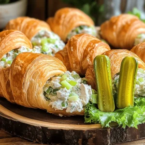 To make this tasty chicken salad, gather these key ingredients: - 2 cups cooked chicken, shredded - 1/2 cup mayonnaise - 1/4 cup dill pickle relish - 1 tablespoon ranch seasoning mix - 1/4 cup chopped green onions - 1/4 cup chopped celery - Salt and pepper to taste - 4 large buttery croissants - Lettuce leaves for serving - Extra dill pickles for garnish (optional) These ingredients blend well together. The shredded chicken gives it a hearty base. The mayonnaise makes it creamy and rich. Dill pickle relish adds a tangy kick that makes this salad shine. You can elevate your croissants with simple garnishes. Here are a few ideas: - Extra dill pickles on the side - Slices of fresh tomatoes - A sprinkle of paprika for color These add-ons can enhance the dish's look and taste. Feel free to get creative! If you have dietary needs, you can adjust the recipe easily. Here are some swaps: - Use Greek yogurt instead of mayonnaise for a lighter option. - Swap chicken for chickpeas for a vegetarian twist. - Choose gluten-free croissants if needed. These substitutions keep the essence of the salad while catering to different diets. You can still enjoy the flavor without missing out. For the full recipe, check out the details above. To make the pickle ranch chicken salad, you start with the chicken. Use two cups of cooked chicken, shredded into small pieces. This can be rotisserie chicken or any leftover chicken you have. In a large bowl, mix the shredded chicken with half a cup of mayonnaise. This gives it a creamy texture. Next, add a quarter cup of dill pickle relish. This is where the tangy flavor comes from. Then, sprinkle in one tablespoon of ranch seasoning mix. This adds a nice herb taste to the salad. Stir in a quarter cup of chopped green onions and a quarter cup of chopped celery. These add crunch and freshness. Finally, taste the mixture and add salt and pepper to your liking. Mix it all well. Now, it's time to assemble the croissants. Take four large buttery croissants and slice each in half. Place a lettuce leaf on the bottom half of each croissant. The lettuce adds a nice layer and keeps the croissant from getting soggy. Next, generously scoop the pickle ranch chicken salad onto the lettuce. Use a good amount, so each bite is full of flavor. After that, place the top half of the croissant back on. The contrast of the crunchy croissant and creamy salad makes this dish special. Repeat this process with the rest of the croissants. When serving these croissants, I suggest placing them on a nice platter. You can garnish each croissant with extra slices of dill pickles on the side for extra flavor. This adds a fun touch to your dish. Serve these croissants right away for the best taste. They are great for lunch or a picnic. For a little extra, pair them with a side of chips or a fresh salad. Enjoy every bite of your pickle ranch chicken salad croissants! For the full recipe, check the details above. To shred chicken fast, use two forks. Hold one fork steady. Use the other fork to pull the chicken apart. This method works great and keeps your hands clean. If you have a stand mixer, you can use it too. Just put the cooked chicken in the bowl and mix on low. This will save time and effort. The key to great flavor is in the seasoning. For this recipe, I use ranch seasoning. It adds a nice zing to the chicken salad. You can also add a bit of garlic powder or onion powder for extra taste. If you love spice, try adding a dash of hot sauce too. Taste the mixture as you go. Adjust the salt and pepper to make it just right. When serving cold sandwiches, keep them fresh and tasty. Always chill the chicken salad before serving. This helps the flavors meld together. You can also assemble the croissants just before serving. This keeps the croissants soft and flaky. If you have any leftovers, store them in the fridge in an airtight container. For a fun touch, serve with extra dill pickles on the side. This adds a nice crunch. For the full recipe, refer back to the beginning. Enjoy your savory pickle ranch chicken salad croissants! {{image_2}} You can play with the flavors in your pickle ranch chicken salad. Try using Greek yogurt instead of mayonnaise for a lighter touch. If you love a spicy kick, add some diced jalapeños or a splash of hot sauce. You can also swap the dill pickle relish for sweet relish for a different taste. Adding nuts, like chopped walnuts or pecans, will give your salad a nice crunch. If you want a dish that fits different diets, use shredded tofu or chickpeas instead of chicken for a vegetarian option. For a low-carb version, skip the croissants and serve the salad on lettuce wraps. You can also use gluten-free croissants or bread if you have gluten issues. Always check the ranch seasoning mix to ensure it meets your dietary needs. Serve your pickle ranch chicken salad in fun ways to impress your guests. Instead of croissants, use mini pita pockets or tortilla wraps for easy handling. You can also serve it in cucumber boats for a fresh twist. If you’re hosting a party, consider making a salad platter. Arrange the chicken salad with crackers, veggies, and dips for a colorful spread. Try these ideas to make your meal special and fun! For the full recipe, check out the Pickle Ranch Chicken Salad Croissants. To keep your pickle ranch chicken salad fresh, place it in an airtight container. Make sure to press out any air before sealing. This salad lasts about three days in the fridge. Always check for any off smells or colors before eating. If you notice anything strange, it’s best to toss it out. Croissants are best fresh, but you can store them too. Wrap each croissant in plastic wrap or foil. Place them in a zip-top bag to keep them safe. Store them at room temperature for one to two days. If you want to keep them longer, freeze them. They can last up to two months in the freezer. Just remember to thaw them at room temperature before enjoying. If you need to warm up your croissants, avoid the microwave. It makes them soggy. Instead, preheat your oven to 350°F. Place croissants on a baking sheet. Heat them for about 5 to 10 minutes. This keeps them flaky and tasty. If you want to enjoy your chicken salad with warm croissants, just fill them after reheating. This way, you preserve all the yummy flavors. Pickle ranch chicken salad stays fresh for about three to four days in the fridge. Store it in an airtight container to keep it tasty. If you see any signs of spoilage, like an off smell or color, throw it away. Yes, you can make this recipe ahead of time! I recommend making the chicken salad a day before your event. Just keep it in the fridge until you’re ready to serve. This lets the flavors blend better. Assemble the croissants right before serving for the best taste. Serve pickle ranch chicken salad croissants with a side of chips or a fresh salad. You can also add some fruit for a sweet touch. Try pairing with crunchy carrot sticks or pickles for extra flavor. If you want to impress your guests, check out the Full Recipe for more ideas! This blog post covered everything from making Pickle Ranch Chicken Salad to serving it well. You learned about key ingredients and optional add-ins. We discussed how to prepare and assemble your dish. Plus, I shared tips for shredding chicken and adding flavor. You now know how to store leftovers too. Experiment with variations to find your perfect twist. Enjoy this tasty recipe and impress your friends with your skills. Happy cooking!