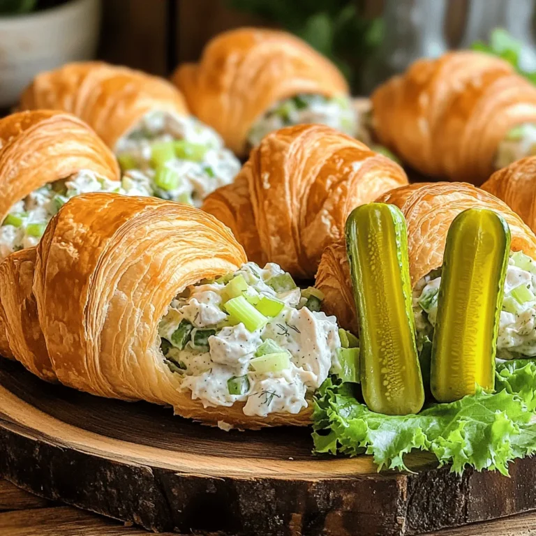 To make this tasty chicken salad, gather these key ingredients: - 2 cups cooked chicken, shredded - 1/2 cup mayonnaise - 1/4 cup dill pickle relish - 1 tablespoon ranch seasoning mix - 1/4 cup chopped green onions - 1/4 cup chopped celery - Salt and pepper to taste - 4 large buttery croissants - Lettuce leaves for serving - Extra dill pickles for garnish (optional) These ingredients blend well together. The shredded chicken gives it a hearty base. The mayonnaise makes it creamy and rich. Dill pickle relish adds a tangy kick that makes this salad shine. You can elevate your croissants with simple garnishes. Here are a few ideas: - Extra dill pickles on the side - Slices of fresh tomatoes - A sprinkle of paprika for color These add-ons can enhance the dish's look and taste. Feel free to get creative! If you have dietary needs, you can adjust the recipe easily. Here are some swaps: - Use Greek yogurt instead of mayonnaise for a lighter option. - Swap chicken for chickpeas for a vegetarian twist. - Choose gluten-free croissants if needed. These substitutions keep the essence of the salad while catering to different diets. You can still enjoy the flavor without missing out. For the full recipe, check out the details above. To make the pickle ranch chicken salad, you start with the chicken. Use two cups of cooked chicken, shredded into small pieces. This can be rotisserie chicken or any leftover chicken you have. In a large bowl, mix the shredded chicken with half a cup of mayonnaise. This gives it a creamy texture. Next, add a quarter cup of dill pickle relish. This is where the tangy flavor comes from. Then, sprinkle in one tablespoon of ranch seasoning mix. This adds a nice herb taste to the salad. Stir in a quarter cup of chopped green onions and a quarter cup of chopped celery. These add crunch and freshness. Finally, taste the mixture and add salt and pepper to your liking. Mix it all well. Now, it's time to assemble the croissants. Take four large buttery croissants and slice each in half. Place a lettuce leaf on the bottom half of each croissant. The lettuce adds a nice layer and keeps the croissant from getting soggy. Next, generously scoop the pickle ranch chicken salad onto the lettuce. Use a good amount, so each bite is full of flavor. After that, place the top half of the croissant back on. The contrast of the crunchy croissant and creamy salad makes this dish special. Repeat this process with the rest of the croissants. When serving these croissants, I suggest placing them on a nice platter. You can garnish each croissant with extra slices of dill pickles on the side for extra flavor. This adds a fun touch to your dish. Serve these croissants right away for the best taste. They are great for lunch or a picnic. For a little extra, pair them with a side of chips or a fresh salad. Enjoy every bite of your pickle ranch chicken salad croissants! For the full recipe, check the details above. To shred chicken fast, use two forks. Hold one fork steady. Use the other fork to pull the chicken apart. This method works great and keeps your hands clean. If you have a stand mixer, you can use it too. Just put the cooked chicken in the bowl and mix on low. This will save time and effort. The key to great flavor is in the seasoning. For this recipe, I use ranch seasoning. It adds a nice zing to the chicken salad. You can also add a bit of garlic powder or onion powder for extra taste. If you love spice, try adding a dash of hot sauce too. Taste the mixture as you go. Adjust the salt and pepper to make it just right. When serving cold sandwiches, keep them fresh and tasty. Always chill the chicken salad before serving. This helps the flavors meld together. You can also assemble the croissants just before serving. This keeps the croissants soft and flaky. If you have any leftovers, store them in the fridge in an airtight container. For a fun touch, serve with extra dill pickles on the side. This adds a nice crunch. For the full recipe, refer back to the beginning. Enjoy your savory pickle ranch chicken salad croissants! {{image_2}} You can play with the flavors in your pickle ranch chicken salad. Try using Greek yogurt instead of mayonnaise for a lighter touch. If you love a spicy kick, add some diced jalapeños or a splash of hot sauce. You can also swap the dill pickle relish for sweet relish for a different taste. Adding nuts, like chopped walnuts or pecans, will give your salad a nice crunch. If you want a dish that fits different diets, use shredded tofu or chickpeas instead of chicken for a vegetarian option. For a low-carb version, skip the croissants and serve the salad on lettuce wraps. You can also use gluten-free croissants or bread if you have gluten issues. Always check the ranch seasoning mix to ensure it meets your dietary needs. Serve your pickle ranch chicken salad in fun ways to impress your guests. Instead of croissants, use mini pita pockets or tortilla wraps for easy handling. You can also serve it in cucumber boats for a fresh twist. If you’re hosting a party, consider making a salad platter. Arrange the chicken salad with crackers, veggies, and dips for a colorful spread. Try these ideas to make your meal special and fun! For the full recipe, check out the Pickle Ranch Chicken Salad Croissants. To keep your pickle ranch chicken salad fresh, place it in an airtight container. Make sure to press out any air before sealing. This salad lasts about three days in the fridge. Always check for any off smells or colors before eating. If you notice anything strange, it’s best to toss it out. Croissants are best fresh, but you can store them too. Wrap each croissant in plastic wrap or foil. Place them in a zip-top bag to keep them safe. Store them at room temperature for one to two days. If you want to keep them longer, freeze them. They can last up to two months in the freezer. Just remember to thaw them at room temperature before enjoying. If you need to warm up your croissants, avoid the microwave. It makes them soggy. Instead, preheat your oven to 350°F. Place croissants on a baking sheet. Heat them for about 5 to 10 minutes. This keeps them flaky and tasty. If you want to enjoy your chicken salad with warm croissants, just fill them after reheating. This way, you preserve all the yummy flavors. Pickle ranch chicken salad stays fresh for about three to four days in the fridge. Store it in an airtight container to keep it tasty. If you see any signs of spoilage, like an off smell or color, throw it away. Yes, you can make this recipe ahead of time! I recommend making the chicken salad a day before your event. Just keep it in the fridge until you’re ready to serve. This lets the flavors blend better. Assemble the croissants right before serving for the best taste. Serve pickle ranch chicken salad croissants with a side of chips or a fresh salad. You can also add some fruit for a sweet touch. Try pairing with crunchy carrot sticks or pickles for extra flavor. If you want to impress your guests, check out the Full Recipe for more ideas! This blog post covered everything from making Pickle Ranch Chicken Salad to serving it well. You learned about key ingredients and optional add-ins. We discussed how to prepare and assemble your dish. Plus, I shared tips for shredding chicken and adding flavor. You now know how to store leftovers too. Experiment with variations to find your perfect twist. Enjoy this tasty recipe and impress your friends with your skills. Happy cooking!