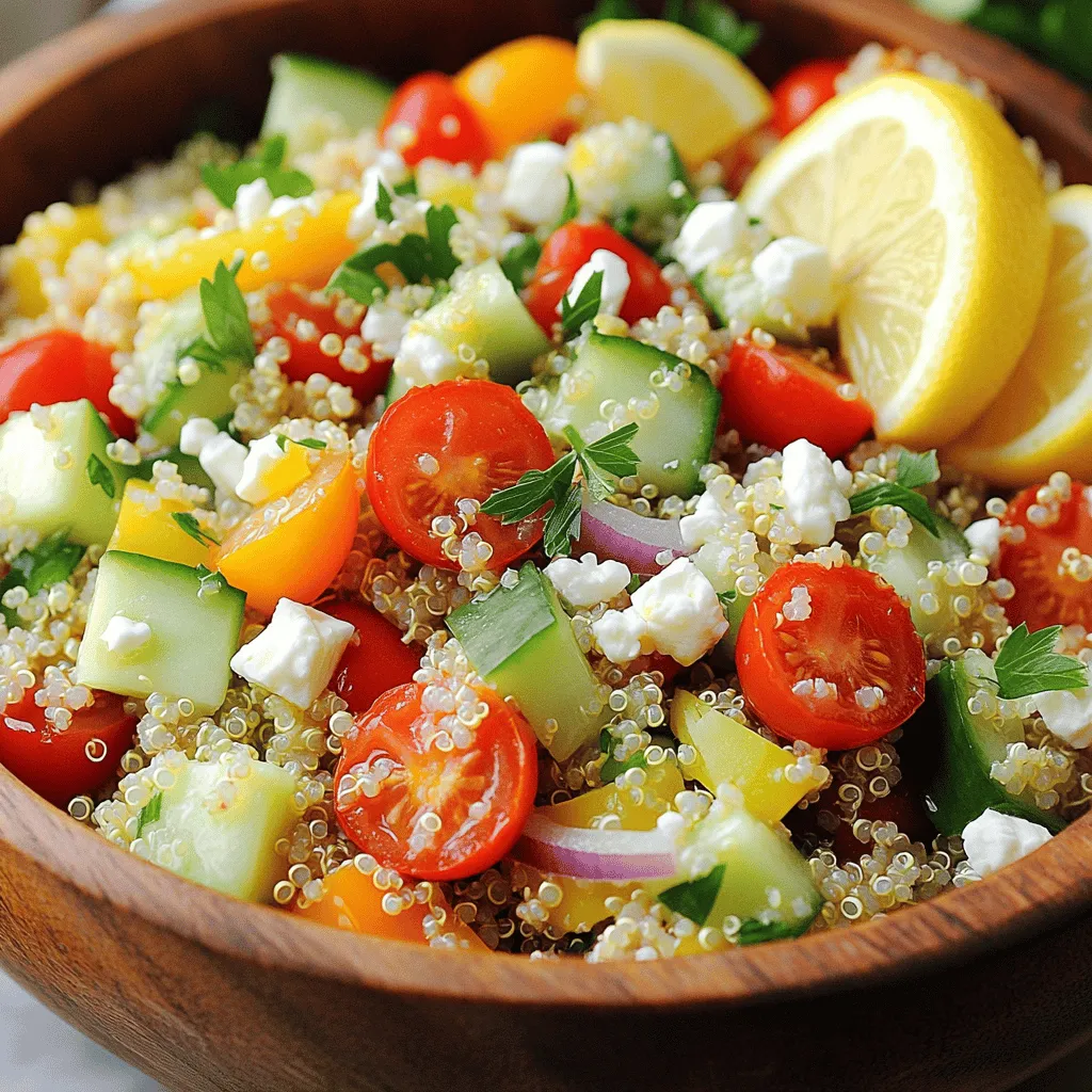 - 1 cup quinoa, rinsed - 2 cups vegetable broth (or water) - 1 cup cherry tomatoes, halved - 1 cucumber, diced - 1 bell pepper, diced (any color) - 1/4 red onion, finely chopped - 1/4 cup fresh parsley, chopped - 3 tablespoons olive oil - 2 tablespoons lemon juice - 2 cloves garlic, minced - Salt and pepper to taste The main part of this salad is quinoa. Quinoa is a fluffy grain that packs a protein punch. It cooks up light and airy, making it the perfect base for our dish. Fresh vegetables add crunch and flavor. Cherry tomatoes give a burst of sweetness. Bell peppers bring color and crispness. Cucumbers cool things down, while red onion gives a nice bite. Fresh parsley ties it all together with a hint of earthiness. - 1/4 cup feta cheese, crumbled (optional) - Herbs and spices for added flavor If you want to enhance the salad, try adding feta cheese. It brings a creamy texture and salty flavor. You can also add herbs like basil or cilantro, or spices like cumin or paprika. These additions can deepen the taste and make each bite exciting. - Medium saucepan - Mixing bowls - Whisk To make this salad, you will need a medium saucepan to cook the quinoa. Mixing bowls help you combine the veggies and the dressing. Finally, a whisk makes it easy to mix the dressing well. With these simple tools, you can whip up this fresh and flavorful dish with ease. For the complete recipe, check out the Full Recipe. To start, take 1 cup of quinoa and rinse it under cold water. This step removes the bitter coating. Next, combine the washed quinoa with 2 cups of vegetable broth in a medium saucepan. Bring this mix to a boil. Once boiling, reduce the heat to low. Cover the saucepan and let it simmer for about 15 minutes. The quinoa will absorb the liquid and become fluffy. While the quinoa cooks, prepare your veggies. Grab 1 cup of cherry tomatoes and cut them in half. Then, take 1 cucumber and 1 bell pepper. Dice these into small pieces. Use 1/4 of a red onion and chop it finely. Lastly, chop 1/4 cup of fresh parsley. This mix adds color and crunch to the salad. For the dressing, take a small bowl. Add 3 tablespoons of olive oil and 2 tablespoons of lemon juice. Then, mince 2 cloves of garlic and add them in. Sprinkle in some salt and pepper to taste. Whisk these ingredients together until they blend well. This dressing will give your salad a zesty kick. Once the quinoa is cooked, let it cool for about 10 minutes. Fluff it gently with a fork. In a large mixing bowl, combine the cooled quinoa with the chopped vegetables. Pour the dressing over the mixture and toss everything together. If you like, sprinkle 1/4 cup of crumbled feta cheese on top for extra flavor. Allow the salad to sit for 10-15 minutes. This wait will help the flavors meld beautifully. Enjoy your fresh and flavorful Lemon Garlic Quinoa Salad! For detailed instructions, refer to the Full Recipe. To ensure quinoa is perfectly cooked, rinse it well before cooking. This removes a bitter coating called saponin. Use two parts liquid for every one part quinoa. Bring it to a boil, then lower the heat. Cover and let it simmer for about 15 minutes. If you want to adjust flavors, taste as you go. You can add more lemon juice for zing or salt for flavor. If it feels bland, a pinch of salt can make a big difference. For an appealing look, serve the salad in a large, colorful bowl. This dish looks great with fresh vegetables showing. A sprinkle of parsley on top gives it a nice touch. Garnishing with lemon wedges adds color and freshness. You can also use extra feta cheese for a creamy bite. A drizzle of olive oil on top adds a glistening finish. Making this salad ahead of time is easy. It tastes even better after sitting for a while. You can prepare all the ingredients and mix them just before serving. For best storage, keep the salad in an airtight container in the fridge. It lasts up to three days. If you want to store it longer, keep the dressing separate until ready to eat. {{image_2}} You can easily boost the protein in your Lemon Garlic Quinoa Salad. Adding grilled chicken gives a nice flavor and texture. Just slice it thin and mix it in. If you prefer a plant-based option, try chickpeas. They add protein and a creamy feel. Just rinse and drain a can of chickpeas and fold them into the salad. To change up the flavor, consider adding roasted vegetables like zucchini or asparagus. These add a smoky taste. You can also toss in some olives for a briny kick. Fresh herbs like basil or mint can brighten up the dish, too. Just chop and mix them in for a fresh twist. Want to make it vegan? Simply leave out the feta cheese. The salad will still taste great without it. For gluten-free needs, quinoa is already gluten-free, making this salad a perfect choice. Just check any added ingredients, like dressings, to ensure they fit your diet. Check out the full recipe to get started on this fresh and flavorful dish! To keep your Lemon Garlic Quinoa Salad fresh, store it in an airtight container. Make sure it cools down first before sealing. This helps lock in flavors and keeps the salad crisp. Use the salad within three to five days for the best taste. If you notice any moisture, drain it before serving again. This simple step keeps your salad enjoyable and fresh. You can freeze this salad, but be aware that some ingredients may change texture. Quinoa freezes well, but fresh veggies like cucumber and tomatoes may become mushy. If you want to freeze it, leave out the fresh vegetables. Add them back when you thaw and serve. To freeze, place the salad in a freezer-safe bag and remove as much air as possible. In the fridge, Lemon Garlic Quinoa Salad lasts about three to five days. After that, the flavors may fade, and the veggies might get soggy. If you see any signs of spoilage, such as a bad smell or color change, it’s best to toss it. Always trust your senses to ensure food safety. Enjoy this vibrant dish while it's fresh! To make Lemon Garlic Quinoa Salad, first, cook the quinoa. Combine one cup of rinsed quinoa with two cups of vegetable broth in a medium saucepan. Bring it to a boil, then lower the heat. Cover and simmer for about 15 minutes until fluffy. Next, chop your veggies: halved cherry tomatoes, diced cucumber, diced bell pepper, chopped red onion, and fresh parsley. In a small bowl, whisk together olive oil, lemon juice, minced garlic, salt, and pepper for the dressing. After the quinoa cools, mix it with the veggies and dressing. If you like, add crumbled feta cheese. Let it sit for 10-15 minutes for the flavors to blend. You can find the full recipe [here](#). If you need a substitute for quinoa, try these options: - Brown rice - Bulgur wheat - Couscous - Farro - Barley These grains provide a similar texture and can carry flavors well. Each option has its own taste and cooking time, so pick what you like best! Yes, Lemon Garlic Quinoa Salad is very healthy! Quinoa is a complete protein, meaning it has all nine essential amino acids. It is also gluten-free and high in fiber. The fresh vegetables add vitamins and minerals. Olive oil gives healthy fats, while lemon juice adds vitamin C. This salad is low in calories and full of nutrients. It’s a great choice for a light meal or side dish. Yes, you can make this salad in advance! It tastes even better after sitting for a while. Prepare it a few hours before serving. Just keep it in the fridge. The salad can marinate, letting the flavors mix well. If you plan to make it one day ahead, wait to add the feta cheese until serving. This keeps it fresh and tasty. This blog post covered how to make a delicious quinoa salad. We explored main ingredients like quinoa, fresh vegetables, and tasty dressings. I shared tips for cooking quinoa and ways to prep veggies. You learned how to make the dressing and assemble the salad for the best results. Plus, I provided ideas for variations and storage methods. Making this salad can be easy and fun. Trying different flavors can keep it exciting. Enjoy every bite and make it your own!