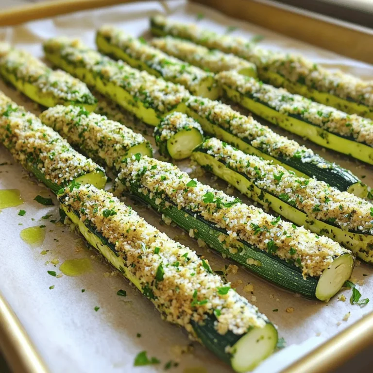 - 2 medium zucchinis - 1 cup breadcrumbs (preferably whole wheat) - 1/2 cup grated parmesan cheese - 2 tablespoons fresh parsley, chopped - 1 tablespoon fresh basil, chopped - 1 teaspoon garlic powder - 1/2 teaspoon onion powder - Salt and pepper to taste - 2 large eggs - Olive oil spray or 2 tablespoons olive oil The ingredients for herb crusted zucchini sticks are simple yet flavorful. Zucchini is a great base because it’s mild and absorbs spices well. You want to use fresh herbs like parsley and basil to boost taste. Whole wheat breadcrumbs add a nice crunch, and parmesan brings a cheesy depth. For the coating, garlic and onion powder add savory notes. Make sure to season with salt and pepper to enhance all the flavors. You will need eggs to help the breadcrumbs stick to the zucchini. Olive oil ensures the sticks get crispy in the oven. I recommend you gather everything before you start cooking. This will help you stay organized and make the process smoother. You can find the full recipe below to guide you through this delicious snack. 1. Preheat your oven to 425°F (220°C). This step is vital for crispiness. 2. Line a baking sheet with parchment paper. It helps with easy cleanup. 3. In a shallow bowl, combine the breadcrumbs, parmesan cheese, chopped parsley, basil, garlic powder, onion powder, salt, and pepper. Mix well to blend the flavors. 4. In a separate bowl, whisk the eggs until smooth and fully combined. 1. Take each zucchini stick and dip it in the egg mixture. Let the extra egg drip off. 2. Next, roll the zucchini stick in the breadcrumb mixture. Press gently to coat evenly. 1. Arrange the coated zucchini sticks on the prepared baking sheet. Give them space to crisp. 2. Lightly spray the zucchini sticks with olive oil or drizzle them with olive oil. This adds flavor and helps with browning. 3. Bake in the preheated oven for 20-25 minutes. Turn them halfway through for even crispiness. Look for a golden color as a sign they are done. 4. Remove from the oven and let them cool slightly before serving. Enjoy these crispy delights! For the complete recipe, refer to the [Full Recipe]. To make your herb crusted zucchini sticks crispy, use fresh herbs. Fresh parsley and basil add great flavor. Dried herbs can work, but fresh gives a better taste. For the perfect coating, press the zucchini sticks into the breadcrumb mix. This helps the crumbs stick well. A light spray of olive oil before baking also boosts crispiness. You can bake zucchini sticks or try an air fryer. An air fryer cooks them faster and can make them even crispier. If you use an air fryer, set it to 400°F (200°C) for about 10-15 minutes. Turn them halfway for even cooking. If you prefer baking, keep the temperature at 425°F (220°C) and bake for 20-25 minutes. Adjust the cook time based on how crispy you want them. For dips, ranch dressing or marinara sauce pairs well with zucchini sticks. You can also try a spicy aioli for a kick. As for side dishes, serve them with a fresh salad or alongside grilled chicken for a nice meal. These sticks can be a great snack or a fun side to any dish. {{image_2}} You can make your herb crusted zucchini sticks even tastier! Try adding spices like paprika or chili flakes. This gives a nice kick and makes them more exciting. You can also mix in cheese variations. Feta adds a tangy flavor, while mozzarella gives a creamy touch. Both options will enhance your dish and please your taste buds. Want to make this recipe fit your diet? You can use gluten-free breadcrumbs to keep it safe for those with gluten issues. Just look for certified gluten-free brands. If you’re vegan, replace the eggs with a mixture of ground flaxseed and water. This will help the breadcrumbs stick without using eggs. These zucchini sticks work great as appetizers or party snacks. Serve them with dips like ranch or marinara for extra fun. You can also mix them with other veggies for a colorful platter. Carrots, bell peppers, and cucumbers pair well and add variety to your snack table. Check out the Full Recipe for more ideas! To keep your zucchini sticks fresh, place them in an airtight container. This helps lock in moisture and flavor. If you want the best taste, eat them within three days. After that, they may lose some crispiness and flavor. For the best results, reheat your zucchini sticks in the oven. Preheat the oven to 375°F (190°C). Place the sticks on a baking sheet for about 10 minutes. This method keeps them crispy and tasty. If you need a quick option, the microwave works too. Heat them for 30 seconds. Check if they need more time. Note that they may not be as crispy in the microwave. Yes, you can freeze zucchini sticks! To do this properly, first, let them cool completely. Next, place them in a single layer on a baking sheet. Freeze for about two hours. Once frozen, transfer them to a freezer bag. Make sure to remove as much air as possible. They can last up to three months in the freezer. Just remember to bake them straight from frozen when you are ready to enjoy! For more details, check the Full Recipe. How do I know when the zucchini sticks are done? You can tell the zucchini sticks are done when they turn golden brown and crispy. They should feel firm to the touch. Bake them for 20 to 25 minutes at 425°F (220°C), turning them halfway through cooking. This helps them cook evenly. If you want extra crunch, keep an eye on them during the last few minutes. Can I use frozen zucchini for this recipe? I do not recommend using frozen zucchini for this recipe. Frozen zucchini tends to lose water and becomes mushy when cooked. Fresh zucchini gives the best texture and flavor. If you only have frozen zucchini, try to drain it well before using it. However, it may still not give you the same crispy result. What can I substitute for parmesan cheese? If you want to substitute parmesan cheese, try using nutritional yeast for a vegan option. It adds a nice cheesy flavor. You can also use other cheeses like Pecorino Romano or Grana Padano. Just remember that different cheeses may change the flavor a bit. Can I use regular breadcrumbs instead of whole wheat? Yes, you can use regular breadcrumbs instead of whole wheat. Both types will work well in this recipe. Just remember that whole wheat breadcrumbs add a bit more fiber and a heartier taste. Use what you have on hand for the best results. How can I make my zucchini less watery? To make zucchini less watery, you can salt the sticks before cooking. Cut them and sprinkle salt on them. Let them sit for about 15 minutes, then rinse and pat them dry. This helps remove excess moisture. You can also try using smaller zucchinis, as they tend to be firmer. Can I bake these zucchini sticks without oil? Yes, you can bake zucchini sticks without oil. Just be aware that they may not be as crispy. You can use a light spray of cooking oil for better results, but if you want to skip it, they will still cook fine. Keep an eye on them to prevent burning. In this blog post, we explored how to make crispy zucchini sticks. We covered the ingredients needed, the step-by-step process, and various tips to ensure great results. I shared methods for baking, storing, and serving your zucchini sticks. These versatile snacks are easy to adjust for different diets and flavors. Remember, fresh herbs and the right cooking methods will enhance your dish. Enjoy your cooking and get creative with your serving ideas!