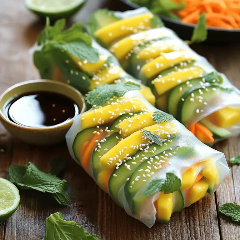 - 4 rice paper wrappers - 1 ripe mango, julienned - 2 ripe avocados, sliced - 1/2 cucumber, julienned - 1 cup shredded carrots - 1/4 cup fresh mint leaves - 1/4 cup fresh cilantro leaves - 1 tablespoon sesame seeds (optional) - 3 tablespoons soy sauce - 1 tablespoon fresh lime juice - 1 teaspoon honey or agave syrup - 1/2 teaspoon grated ginger Gathering fresh ingredients is key for these summer rolls. I love using ripe mangoes, as they add a sweet and juicy burst. Avocados provide creaminess, making each bite delightful. For crunch, I use cucumbers and carrots. The fresh mint and cilantro leaves bring bright flavors. You can add sesame seeds if you like a little crunch in each roll. For the dipping sauce, I mix soy sauce, lime juice, honey, and grated ginger. This sauce enhances the rolls and adds a zesty touch. These ingredients create a fresh and colorful dish. You can find the full recipe to guide you through the steps of making these tasty summer rolls. To make the dipping sauce, start by gathering your ingredients. You will need: - 3 tablespoons soy sauce - 1 tablespoon fresh lime juice - 1 teaspoon honey or agave syrup - 1/2 teaspoon grated ginger In a small bowl, combine these ingredients. Whisk them well until mixed. Set it aside for later. This sauce adds a nice zing to your rolls. Next, we prepare the rice paper wrappers. Fill a shallow dish with warm water. Soak one wrapper for about 10 seconds. It should become soft but not too mushy. Lay the wrapper flat on a damp kitchen towel. This keeps it from sticking. Now comes the fun part: assembling your summer rolls! In the center of the rice paper wrapper, arrange these ingredients: - Sticks of ripe mango - Slices of avocado - Julienned cucumber - A handful of shredded carrots - Fresh mint leaves - Fresh cilantro leaves If you like, you can sprinkle sesame seeds on top for a nice crunch. To roll, fold the sides of the wrapper over the filling. Then, roll tightly away from you. Make sure it stays snug. Repeat this with the other wrappers and fillings. Place the rolls on a plate and cover them with a damp cloth. This keeps them fresh while you finish the rest. Serve the summer rolls with the dipping sauce on the side for dipping. Enjoy your fresh and flavorful snack! For the full recipe, check out the details above. To roll the summer rolls perfectly, keep your ingredients centered. Avoid overfilling. If you add too much, the wrapper may tear. A tight, neat roll looks great and holds together well. Start folding the sides in, then roll from the bottom. This method keeps everything snug. Soaking rice paper is key to a good texture. Use warm water and soak for about 10 seconds. It should feel soft but not mushy. If it feels too hard, give it a few more seconds. Then, lay it flat on a damp towel to prevent sticking. For a stunning display, arrange your summer rolls on a large plate. You can cut them in half to show off the colors inside. Place the dipping sauce in a small bowl in the center. Garnish with lime wedges or extra herbs around the plate. This draws the eye and makes your dish pop. {{image_2}} You can easily add protein to Mango Avocado Summer Rolls. Shrimp, chicken, or tofu work well. For shrimp, use cooked, peeled shrimp. For chicken, grilled or shredded chicken adds great flavor. If you prefer tofu, use firm tofu, sliced thinly. This way, you boost the nutrition and make the rolls more filling. Just layer the protein in with the fruits and veggies. Feel free to swap out ingredients based on what you have. Try using mango with pineapple or peaches for a tropical twist. You can also replace cucumber with bell peppers for a crunch. Seasonal veggies like zucchini or carrots can add color and taste. Experimenting with different fruits and vegetables keeps the rolls fresh and exciting. You can spice up your dipping sauce easily. Try adding sriracha for heat or peanut butter for creaminess. Fresh herbs like basil or cilantro can add a burst of flavor, too. Mix things up to find your favorite sauce. A bit of lime zest can also brighten the taste. These small changes can turn a good dipping sauce into a great one. If you're ready to make these rolls, check out the Full Recipe for all the details! To keep your summer rolls fresh, wrap them in a damp paper towel. Place them in an airtight container. This method prevents drying. You can store them in the fridge for up to two days. If you want to enjoy them later, avoid adding the dipping sauce until right before eating. For the dipping sauce, store it in a small jar with a tight lid. Place it in the fridge to keep it fresh. The sauce will stay tasty for about a week. If you notice any separation, just give it a good shake before serving. Summer rolls are best fresh. If you have leftovers, you can refresh them. Dip them briefly in warm water to soften. Serve them right after. If the rolls feel dry, a little moisture from the dipping sauce can help. Enjoy these tasty bites with the sauce for maximum flavor! Mango Avocado Summer Rolls taste best when fresh. They can last in the fridge for 1 to 2 days. To keep them fresh, wrap them in a damp paper towel. Then, place them in an airtight container. This helps prevent them from drying out. If you notice any browning on the avocado, it’s still safe to eat, but it may not look as nice. Yes, you can prepare these summer rolls in advance. Make them a few hours before you plan to serve. Keep the rolls covered with a damp cloth to prevent drying. For best results, store them in the fridge. You can also prepare the filling a day ahead. Just keep each ingredient separate until you’re ready to roll. Mango Avocado Summer Rolls pair well with many dishes. Here are some tasty options: - Fresh fruit salad - Light soup like miso or vegetable - Edamame or roasted chickpeas - A simple green salad with a light dressing - Rice noodles with soy sauce or sesame oil These sides will enhance your meal and add more flavor! For the complete recipe, check out the Full Recipe section. Mango avocado summer rolls are fresh and fun to make. We covered the needed ingredients, from ripe mangoes to avocados and more. I shared tips for perfect rolling and ideas for variations, like adding protein or different fruits. Remember to store them well to keep them fresh. These rolls are perfect for a quick meal or a snack. Enjoy making them and experimenting with your own twists!