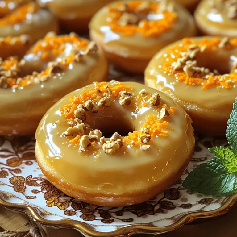 - 2 cups all-purpose flour - 1 cup brown sugar, packed - 1 tablespoon baking powder - 1 teaspoon baking soda - 1 teaspoon ground cinnamon - 1/2 teaspoon ground nutmeg - 1/2 teaspoon salt - 1 cup grated carrots (about 2 medium carrots) - 1/2 cup unsweetened applesauce - 1/2 cup buttermilk - 2 large eggs - 1 teaspoon vanilla extract - 1/4 cup chopped walnuts (optional) I love using fresh ingredients. They make the donuts taste great. Grated carrots add natural sweetness. Plus, they keep the donuts moist. Applesauce is a great substitute for oil. It helps reduce fat while keeping the texture perfect. The spices, like cinnamon and nutmeg, create warmth in every bite. They blend well with the sweetness of the brown sugar. That’s what makes these donuts so special. If you like crunch, try adding walnuts. They give a nice texture contrast. - 1 cup powdered sugar - 2-3 tablespoons maple syrup - 1 tablespoon milk The glaze makes these donuts truly shine. I use maple syrup for a rich flavor. It pairs so well with the carrot cake base. The powdered sugar creates that sweet, creamy finish. Adjust the milk for your preferred glaze thickness. A thicker glaze will coat better, while a thinner one will drizzle nicely. For the full recipe, check out the complete instructions. You’ll love how easy it is to make these treats! 1. Preheat your oven to 350°F (175°C) and grease a donut pan with cooking spray. 2. In a large bowl, mix the dry ingredients. Combine flour, brown sugar, baking powder, baking soda, cinnamon, nutmeg, and salt. 3. In another bowl, blend the wet ingredients. Mix grated carrots, applesauce, buttermilk, eggs, and vanilla extract until smooth. 1. Gradually add the wet mixture to the dry mix. Stir gently until just combined. 2. If you want extra crunch, fold in chopped walnuts. 1. Spoon the batter into the prepared donut pan. Fill each cavity about 2/3 full. 2. Bake for 12-15 minutes. Check if done by inserting a toothpick into the center. It should come out clean. Let the donuts cool in the pan for 5 minutes. Then, transfer them to a wire rack. 1. While the donuts cool, whisk the glaze ingredients. Combine powdered sugar, maple syrup, and milk until smooth. Adjust thickness by adding more milk or sugar. 2. Once the donuts are cool, dip the tops into the glaze. Let any extra glaze drip off. Place them back on the wire rack to set. Now you have delicious maple glazed carrot cake donuts. Enjoy this treat with family or friends! For the full recipe, check out the details above. - Don’t overmix the batter. This keeps your donuts light and fluffy. - Allow proper cooling time after baking. This helps them set and makes glazing easier. - To achieve a smooth glaze finish, dip only the tops of the donuts. This prevents excess from running down the sides. - Adding toppings like chopped walnuts or a sprinkle of cinnamon gives extra flavor and crunch. - Present the donuts on a decorative platter. This makes them look more appealing. - Pair these donuts with coffee or tea for a warm treat. A glass of cold milk also works great! {{image_2}} You can switch up the flavor by swapping carrots with other veggies or fruits. For instance, try using zucchini or sweet potatoes. They add moisture and taste great. You can also add mashed bananas for a unique twist. Seasonal spices can enhance the flavor, too. Try nutmeg in the fall or a hint of ginger in winter. If you need gluten-free donuts, use almond flour or a gluten-free blend. These options work well and taste great. For a vegan version, replace eggs with flax eggs or applesauce, and use plant-based milk. These swaps keep the flavor intact while catering to your dietary needs. Glazes can be more than just maple. Add citrus zest for a bright touch. Lemon or orange pairs well with the flavors of the donut. You can also use warm spices like ginger or cardamom in the glaze for a twist. If you're a chocolate lover, dip the donuts in melted dark chocolate instead of maple. This gives a rich flavor that contrasts nicely with the cake-like donut. To keep your maple glazed carrot cake donuts fresh, store them in an airtight container. This helps prevent them from drying out. Place a piece of parchment paper between layers to avoid sticking. You can also use a resealable plastic bag if you do not have a container. Make sure to squeeze out all the air before sealing the bag. To freeze your donuts, first, ensure they are completely cool. Place them in a single layer on a baking sheet and freeze for about 1-2 hours. After they are firm, transfer them to an airtight container or freezer bag. This method keeps them from sticking together. For the glaze, freeze it separately in a small container. When ready to eat, thaw the donuts at room temperature. For a warm treat, pop them in the oven at 350°F (175°C) for a few minutes. You can store these donuts at room temperature for 2-3 days. Make sure they are in a cool, dry place. If you notice any mold or a strange smell, throw them away. This is a sign they have gone bad. Always trust your senses when checking for freshness. What’s the difference between baked and fried donuts? Baked donuts are lighter and fluffier since they use less oil. They have a cake-like texture. Fried donuts are denser and richer, as they absorb oil during cooking. Both types are tasty, but baked donuts are easier to make at home. Can I make the batter in advance? Yes, you can make the batter ahead of time. Store it in the fridge for up to 24 hours. Just give it a quick stir before using. This helps save time on busy mornings. How do I know when the donuts are done baking? To check if the donuts are done, insert a toothpick in the center. If it comes out clean, the donuts are ready. The tops should also look golden brown and spring back when touched lightly. Is it necessary to glaze the donuts immediately? It’s not necessary, but glazing while still warm helps the glaze stick better. If you let the donuts cool completely, the glaze may not adhere as well. Just ensure they are not too hot, or the glaze will melt. What can I use instead of buttermilk? If you don’t have buttermilk, you can use milk mixed with vinegar or lemon juice. Just add 1 tablespoon of vinegar or lemon juice to 1 cup of milk. Let it sit for 5 minutes to thicken. Can I replace brown sugar with white sugar? You can use white sugar instead of brown sugar. However, brown sugar adds moisture and a richer flavor. If you use white sugar, the donuts may be less moist. Calorie count for one donut Each maple glazed carrot cake donut contains around 150 calories. This can vary based on portion size and ingredients used. Nutritional benefits of carrots in the recipe Carrots are packed with beta-carotene, which helps with vision and skin health. They also provide fiber, which aids digestion. Including carrots in these donuts makes them a bit healthier! This blog post covers how to make delicious baked maple glazed carrot cake donuts. We explored the key ingredients, step-by-step instructions, storage tips, and variations. Remember, using fresh ingredients helps create the best flavor. Don’t rush—let your donuts cool and enjoy the glaze. Experiment with flavors and toppings for your own twist. Perfecting this recipe can lead to a treat everyone loves. Now, it’s time to roll up your sleeves and start baking! Enjoy the joy these donuts bring to your kitchen.