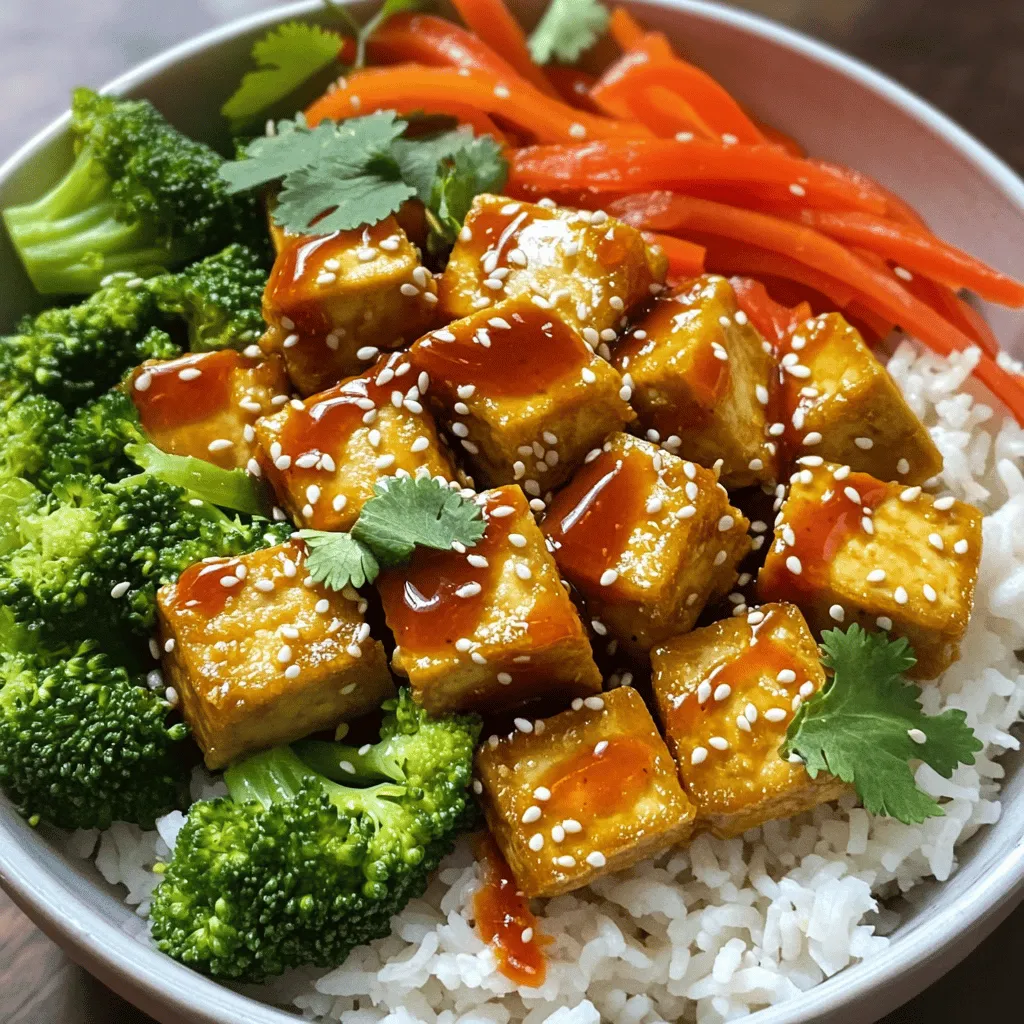 - 1 block firm tofu - 1 cup jasmine rice - 1 cup broccoli florets - 1 red bell pepper, sliced - ½ cup carrots, julienned - 3 green onions, chopped To create a Spicy Sriracha Tofu Bowl, you need firm tofu. This type holds its shape well and becomes crispy when cooked. Jasmine rice makes a great base. Its fluffy texture complements the spicy tofu. Fresh vegetables add color and crunch. Broccoli, red bell pepper, and carrots work well together. Green onions give a fresh kick to the dish. - 2 tablespoons Sriracha sauce - 1 tablespoon soy sauce - 1 tablespoon sesame oil - 1 tablespoon honey or maple syrup The sauce brings the bowl to life. Sriracha sauce adds heat and flavor. A splash of soy sauce gives a savory touch. Sesame oil adds depth and richness. You can use honey or maple syrup for a hint of sweetness that balances the spice. - Sesame seeds - Fresh cilantro Garnishing your bowl makes it look great. Sesame seeds add a nice crunch. Fresh cilantro brightens the flavors and adds a pop of color. You can find the full recipe [here](#). First, drain the tofu by placing it on a clean towel. Press it to remove extra water. Cut the tofu into 1-inch cubes. Toss these cubes in cornstarch until they are well-coated. This step makes the tofu crispy when cooked. Next, grab a medium saucepan. Pour in the vegetable broth and bring it to a boil. Add the jasmine rice and stir once. Cover the pot and reduce the heat to low. Cook for about 15 minutes. The rice will be tender when the liquid is absorbed. Fluff it with a fork and set it aside. Now, take a large skillet or wok. Heat the vegetable oil over medium-high heat. Add the cornstarch-coated tofu cubes. Fry them until golden and crispy, about 8 to 10 minutes. Remove the tofu and set it on paper towels to drain excess oil. In the same skillet, add the broccoli, red bell pepper, and carrots. Stir-fry these veggies for 4 to 5 minutes. They should be tender yet still bright in color. Add the green onions and sauté for one more minute. In a small bowl, mix together the Sriracha, soy sauce, sesame oil, and honey or maple syrup. This sauce gives the dish its spicy kick and sweet balance. Pour this mixture over the sautéed vegetables. Stir well to coat everything. Now, it’s time to bring everything together. Add the crispy tofu back into the skillet with the veggies and sauce. Gently toss everything to ensure the tofu is well-coated. Finally, serve this spicy mixture over a bed of jasmine rice in bowls. Garnish with sesame seeds and fresh cilantro for a tasty touch. For the complete recipe, refer to the Full Recipe section. Tofu can be soft if not pressed. Pressing tofu helps remove excess water. This step makes the tofu crispier when cooked. Use a tofu press or wrap it in a clean towel. Place a heavy object on top for about 30 minutes. If you don't have cornstarch, try using rice flour. It also creates a nice crust on the tofu. Sriracha can be spicy. You can adjust it to fit your taste. Start with just one tablespoon, then add more as needed. If you enjoy extra heat, add chili flakes or cayenne pepper. For a milder taste, mix a little honey or maple syrup into the sauce. This will balance out the heat nicely. This bowl pairs well with other side dishes. Try serving it with a simple salad or steamed edamame. For leftovers, keep the tofu and veggies separate from the rice. This keeps everything fresh. You can also wrap the tofu mixture in a tortilla for a tasty lunch. The Spicy Sriracha Tofu Bowl is versatile and fun to enjoy in different ways. {{image_2}} If you want to change the protein, try tempeh or seitan. Both give a nice texture. Tempeh has a nutty flavor and works well with the sauce. Seitan is chewy, making it a great meat substitute. These options are also vegan, so they fit perfectly into plant-based meals. You can swap in other vegetables to mix things up. Snow peas, zucchini, or bell peppers add color and crunch. Seasonal veggies like asparagus or squash can change the dish based on what’s fresh. Feel free to experiment with whatever you have on hand. Different hot sauces can spice things up. Try sriracha alternatives like sambal oelek or chili garlic sauce. You can also add herbs like basil or cilantro for a fresh twist. Mixing in garlic or ginger gives extra flavor too. To keep your Spicy Sriracha Tofu Bowl fresh, store it in an airtight container. Place it in the fridge if you plan to eat it within the next three days. Make sure to separate the tofu and rice from the vegetables to keep everything crisp. You can layer them in the container or use different ones. When reheating, the best method is using a skillet over medium heat. This helps keep the tofu crispy. Add a splash of water to create steam, which warms everything through without drying it out. Stir gently to avoid breaking the tofu. You can also use a microwave, but be aware the texture may change slightly. Heat in short bursts, stirring in between. Yes, you can freeze the Spicy Sriracha Tofu Bowl, but the texture of the tofu may change. For best results, freeze the tofu separately from the vegetables and rice. Spread them out on a baking sheet to freeze individually before transferring to a freezer bag. This method prevents them from sticking together. When ready to eat, thaw in the fridge overnight before reheating. To make this dish vegan, swap out honey for maple syrup. Maple syrup gives a nice sweetness. It works well and keeps the flavors balanced. You can also use agave nectar. Both options will keep your bowl plant-based and tasty. Yes, you can make it gluten-free. Use gluten-free soy sauce instead of regular soy sauce. Brands like Tamari offer great flavor without gluten. Check the label to be sure it's certified gluten-free. To reduce servings, cut the ingredient amounts in half. For example, use half a block of tofu and half a cup of rice. Adjust the sauce ingredients too. This way, you still keep the bold flavors, but you make just enough for a smaller meal. Tofu is a great source of protein. It is low in calories and high in iron. It also contains calcium, which is good for bones. If you are watching your diet, tofu fits well. But be careful if you have soy allergies. Sriracha sauce comes from Thailand. It was created in the 1930s by a woman named Thanom Chakkapak. She made it in the town of Si Racha. Today, Sriracha is popular worldwide, known for its spicy and sweet flavor. This blog post walks you through creating a tasty Spicy Sriracha Tofu Bowl. We covered all the main ingredients, including firm tofu, jasmine rice, and fresh vegetables. You learned step-by-step instructions, useful tips, and ways to customize the dish. As you explore this recipe, feel free to tweak it to fit your taste. Enjoy making this flavorful meal that caters to diverse diets and preferences. Your kitchen is a place for creativity and delicious food!