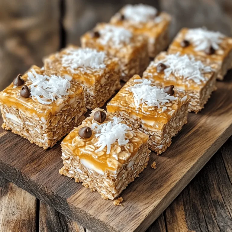 - 2 cups rolled oats - 1 cup natural peanut butter - 1/2 cup honey or maple syrup - 1/2 cup almond flour - 1/4 cup mini chocolate chips - 1/4 cup shredded coconut (unsweetened) - 1 teaspoon vanilla extract - 1/2 teaspoon sea salt - A sprinkle of cinnamon In this recipe, rolled oats are the star. They give the bars a chewy texture. Natural peanut butter adds creaminess and protein. Honey or maple syrup sweetens the mix while acting as a binder. Almond flour enhances the bars with healthy fats and a nice crunch. Mini chocolate chips bring sweetness and fun. Shredded coconut adds a tropical twist. Vanilla extract boosts the flavor, while sea salt balances the sweetness. For a personal touch, sprinkle cinnamon on top. It adds warmth and spice. You can swap ingredients to fit your taste. Use almond or sunflower butter instead of peanut butter. These ingredients come together quickly. You can have a tasty treat ready in no time. Check out the full recipe for detailed steps! Start by gathering your dry ingredients. In a large mixing bowl, combine: - 2 cups rolled oats - 1/2 cup almond flour - 1/4 cup shredded coconut Mix them well to ensure they blend together. This creates a solid base for your bars. Next, it's time for the wet ingredients. In a separate microwave-safe bowl, gently warm: - 1 cup natural peanut butter - 1/2 cup honey or maple syrup Heat them in the microwave for about 30 seconds. Stir in: - 1 teaspoon vanilla extract - 1/2 teaspoon sea salt Mix until everything is smooth and well combined. This step will add flavor and sweetness. Now, pour the warm peanut butter mixture over the dry ingredients. Use a spatula to mix everything together. Make sure to blend well until fully combined. Then, add in: - 1/4 cup mini chocolate chips Gently fold them into the mixture. This ensures the chocolate chips are evenly distributed throughout. For the full recipe, refer to the comprehensive guide. To get the best texture in your no bake oatmeal cookie bars, combine the ingredients well. If the mix isn’t unified, the bars may fall apart. Use your spatula to fold everything together gently. It helps to press the mixture firmly into the baking dish. This step ensures the bars hold their shape once set. For setting time, chill the bars for at least 2 hours. This time allows them to firm up nicely. If you want a more sturdy bar, let them chill longer. The longer they chill, the more perfect they become. When serving, arrange the bars on a rustic wooden board. You can sprinkle some shredded coconut on top for extra flair. For a fun gift idea, wrap the bars in clear cellophane. Then, add a decorative ribbon to make them look special. If you want to serve them at a party, slice them into smaller squares. Guests will love the bite-sized treats. Plus, they are easy to grab and enjoy! {{image_2}} You can change the flavor of your no bake oatmeal cookie bars easily. For example, substitute peanut butter with almond or sunflower butter. Each option adds a unique taste. Almond butter gives a nutty twist, while sunflower butter is great for nut-free diets. Adding extras makes these bars even better. You can mix in dried fruits like raisins, cranberries, or apricots. Nuts also add crunch. Try walnuts, almonds, or pecans. Seeds like chia or flaxseed are great for added nutrition. If you need gluten-free options, use gluten-free oats. They work just as well in this recipe. You can also choose maple syrup instead of honey to make these bars vegan-friendly. This way, everyone can enjoy your no bake treats! For the full recipe, check out the complete details above. To keep your no-bake oatmeal cookie bars fresh, store them in an airtight container. This helps maintain their flavor and texture. I find that a glass container works best, but plastic is fine too. For storage location, the fridge is ideal. It keeps the bars cool and firm. If you prefer, you can also store them at room temperature. Just make sure they are in a cool, dry place. The shelf life of these bars is about one week in the fridge. If you want them to last longer, freezing is a great option. To freeze your bars, first cut them into pieces. Then, wrap each piece in plastic wrap. Place them in a freezer-safe bag or container. This way, you can grab a bar whenever you want! When you’re ready to eat, just take a bar out and let it thaw for a few minutes. Enjoy a tasty snack anytime! For more details, check the Full Recipe. Yes, you can use quick oats. They will work, but the texture will change. Quick oats absorb more liquid and make the bars softer. Rolled oats give a chewier bite and hold the bars together better. These bars can last up to a week when stored in an airtight container. You can keep them in the fridge or at room temperature. The fridge keeps them firm and fresh longer. Yes, these bars are vegan if you use maple syrup instead of honey. Both options are delicious, but maple syrup makes them fully plant-based. If you want to make a few changes, I have tips for you. If you don’t have honey, you can use agave syrup or brown rice syrup. Both will add sweetness and stickiness. You can use maple syrup or agave syrup as a sweetener. Both are great substitutes. They work well in this recipe, keeping the bars sticky and sweet. Yes, you can make it nut-free. Simply use sun butter instead of peanut butter. Sun butter has a similar texture and taste, making it a perfect replacement. For the full recipe with all the details, you can check the [Full Recipe](#). You learned about tasty no-bake oatmeal cookie bars. We covered the key ingredients and step-by-step instructions for making them. You now know tips for perfect texture and options for variations and storage. These bars are easy to customize. They are healthy snacks that you can enjoy anytime. Keep exploring your flavors and share these bars with friends and family. Enjoy your cooking adventure!