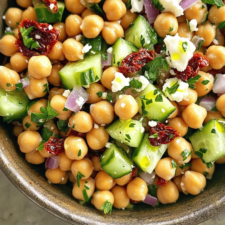 - 1 can (15 oz) chickpeas, drained and rinsed - 1/2 cup sun-dried tomatoes, chopped - 1/4 cup red onion, finely chopped - 1/2 cucumber, diced Chickpeas are the star of this salad. They add protein and fiber. Sun-dried tomatoes bring a burst of flavor and a bit of sweetness. Fresh veggies, like cucumber and red onion, add crunch and color. Together, they make a hearty base. - 2 tablespoons olive oil - 1 tablespoon lemon juice - 1 teaspoon dried oregano - Salt and pepper to taste The dressing is simple yet full of taste. Olive oil adds richness, while lemon juice gives a bright kick. Oregano adds an earthy note. Salt and pepper round out the flavors nicely. - 1/4 cup feta cheese, crumbled - 2 tablespoons fresh parsley, chopped Feta cheese adds a creamy, tangy element. Fresh herbs like parsley give a burst of freshness. You can add these if you want more flavor and texture. If you want the full recipe, check it out [Full Recipe]. - Combine Key Ingredients Start by taking a large mixing bowl. Add one can of drained and rinsed chickpeas. Then, toss in half a cup of chopped sun-dried tomatoes. Next, add a quarter cup of finely chopped red onion and half a diced cucumber. Finally, sprinkle in a quarter cup of crumbled feta cheese. - Whisk the Dressing In a small bowl, mix two tablespoons of olive oil with one tablespoon of lemon juice. Then, add one teaspoon of dried oregano. Season with salt and pepper to taste. Whisk these ingredients together until well combined. This dressing is key to bringing out the flavors. - Toss Ingredients Together Pour the dressing over the salad mix. Gently toss everything together to coat the ingredients evenly. Be careful not to mash the chickpeas or feta. You want everything to stay nice and whole. - Letting Flavors Meld Once tossed, let the salad sit for at least 15 minutes. This time helps the flavors blend. You can cover it and set it aside. It will taste even better after it rests. - Chilled or Room Temperature You can serve this salad chilled or at room temperature. Both options work well. It makes a great side dish or a light lunch. Enjoy the freshness of the sun-dried tomatoes and the crunch of the cucumber. You can save time by preparing ingredients in advance. Chop the cucumbers, red onions, and sun-dried tomatoes the day before. Store them in airtight containers in your fridge. This way, when you're ready to make the salad, it’s quick and easy. You can also mix the dressing ahead of time. Just give it a good shake before using it. To boost flavor, let the salad marinate. After mixing all the ingredients, cover the bowl. Place it in the fridge for at least 30 minutes. This waiting time helps the flavors blend well. You can also add some balsamic vinegar to the dressing for a deeper taste. Seasoning matters! Use fresh herbs like basil or mint for a bright taste. You can also try adding a pinch of red pepper flakes for a bit of heat. Always taste the salad before serving. Adjust salt and pepper to suit your liking. If you prefer a creamier salad, add more feta cheese or a dollop of Greek yogurt. For a lighter version, reduce the olive oil. You can also add more lemon juice for extra zing. Feel free to adjust the chickpeas too; add more for a heartier salad. {{image_2}} You can boost your Sun-Dried Tomato Chickpea Salad by adding proteins. One great choice is grilled chicken. Just cook the chicken until it’s golden and slice it thin. Add the slices right on top of your salad. This makes it heartier and perfect for lunch. Another option is incorporating tuna. Drain a can of tuna and mix it in. The tuna adds a nice flavor and a bit of richness. Both options give you a tasty way to enjoy the salad. For a vegetarian twist, try non-dairy cheese options. There are many brands that mimic feta well. Crumble it on top like regular feta. This keeps the creaminess without dairy. If you prefer a vegan version, consider other legumes. Black beans or kidney beans work well. They add protein and fiber while keeping the salad filling and delicious. As the seasons change, you can mix in fresh veggies. In summer, consider adding bell peppers. They add crunch and color. You can also toss in cherry tomatoes for extra sweetness. For fall, think about adding roasted squash or sweet potatoes. These ingredients bring warmth and earthiness to the salad. Each season offers new flavors to explore in your Sun-Dried Tomato Chickpea Salad. How long will it last? This salad stays fresh in the fridge for about three days. Make sure to store it in an airtight container. This keeps the flavors locked in and the veggies crisp. Can I freeze the salad? I do not recommend freezing this salad. The fresh veggies and feta do not hold up well after freezing. If you freeze it, the texture will change, and it may become mushy. What are the best practices for serving leftovers? You can enjoy this salad cold right from the fridge. If you prefer it warm, gently heat it in the microwave for about 30 seconds. Stir it well to ensure even heating. Just remember, warm is nice, but cold is better for this dish! To make this salad, you start with simple steps. The full recipe shows you how. First, gather your ingredients. You need chickpeas, sun-dried tomatoes, red onion, cucumber, and feta cheese. 1. In a bowl, mix the chickpeas, sun-dried tomatoes, diced cucumber, red onion, and feta cheese. 2. For the dressing, whisk olive oil, lemon juice, dried oregano, salt, and pepper in a small bowl. 3. Pour this dressing over the salad and mix gently. 4. Add chopped parsley and toss once more. 5. Let it sit for at least 15 minutes. This helps the flavors blend. You can serve it cold or at room temp. Yes, you can use dried chickpeas! However, you need to prepare them first. - Soak the dried chickpeas overnight in water. This helps them soften. - The next day, drain and rinse them. - Cook them in boiling water for about 1 to 1.5 hours until they are tender. - Once cooked, drain and cool them before using in your salad. This salad pairs well with many dishes. Here are some ideas: - Serve it alongside grilled chicken for a protein boost. - Pair it with some crusty bread for a tasty meal. - Enjoy it as a side with fish or a light pasta dish. - It also works great as a filling for wraps or pita pockets. Feel free to mix and match! In this post, we explored the sun-dried tomato chickpea salad. We looked at key ingredients, like chickpeas and fresh veggies. We also discussed making a tasty dressing with olive oil and lemon juice. You learned how to prepare and assemble the salad, plus tips for flavor and storage. This salad is both simple and flexible. You can customize it to your taste. Enjoy your delicious creation!