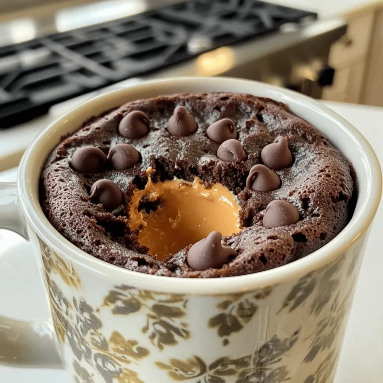 - 4 tablespoons all-purpose flour - 2 tablespoons unsweetened cocoa powder - 3 tablespoons granulated sugar - 1/8 teaspoon baking powder - Pinch of salt - 3 tablespoons milk (or non-dairy alternative) - 2 tablespoons vegetable oil (or melted coconut oil) - 1 tablespoon creamy peanut butter - 1 tablespoon chocolate chips (optional) How do I convert measurements for different serving sizes? To change the number of servings, simply adjust the ingredient amounts. If you want two mug cakes, double each ingredient. For half a cake, use half the amounts. What are some recommendations for ingredient substitutions? - Use whole wheat flour for a healthier option. - Swap granulated sugar with brown sugar for a rich taste. - Try almond milk or oat milk instead of regular milk. - For a nut-free option, use sun butter instead of peanut butter. These tips can help you customize your mug cake to fit your taste. By trying different ingredients, you can make this treat even more fun! For the full recipe, check out the detailed instructions above. 1. Start by taking a microwave-safe mug. This is the key to your cake. 2. In the mug, combine the dry ingredients: - 4 tablespoons all-purpose flour - 2 tablespoons unsweetened cocoa powder - 3 tablespoons granulated sugar - 1/8 teaspoon baking powder - Pinch of salt 3. Whisk these dry ingredients together. Make sure they blend well. No lumps should remain. 4. Now, add the wet ingredients: - 3 tablespoons milk (or a non-dairy alternative) - 2 tablespoons vegetable oil (or melted coconut oil) 5. Stir until the batter is smooth. You want it creamy, not lumpy. 1. Next, spoon the peanut butter into the center. Use about 1 tablespoon. 2. Press the peanut butter down gently. Don't mix it into the batter completely. 3. If you like, sprinkle 1 tablespoon of chocolate chips on top. This adds rich flavor. 4. Place your mug in the microwave. Cook on high for about 30-40 seconds. 5. After 30 seconds, start checking. The cake should puff up and spring back when touched. Be careful not to overcook, as microwave times can vary. 1. Your mug cake is ready when it looks slightly puffed. 2. The top should spring back when pressed. 3. Let it cool for a minute or two before eating. It will be hot! 4. Cooling helps the flavors settle. Plus, you avoid a burnt tongue. You can find the full recipe in the earlier sections. Enjoy your delicious Chocolate Peanut Butter Mug Cake! To make the best chocolate peanut butter mug cake, avoid some common mistakes. First, do not overmix your batter. Mixing too much can make your cake tough. Also, check your microwave power. Different microwaves cook at different speeds. Start with 30 seconds and add more time if needed. For the best texture, use fresh ingredients. Old baking powder can lead to a flat cake. Also, use creamy peanut butter for a smooth filling. This helps create a nice melt in the center. You can add fun flavors to your mug cake. Try nuts, like chopped walnuts or almonds, for crunch. Adding fruits, like banana slices or berries, can give a fresh twist. You can also mix in different chocolates. Dark chocolate or white chocolate chips work great too. For garnishing, consider adding a dollop of whipped cream or a drizzle of chocolate sauce. A sprinkle of sea salt on top can enhance the flavors. It makes your mug cake look fancy, too! When making your mug cake, start with a good microwave-safe mug. Choose one that holds at least 12 ounces. This helps prevent overflow while cooking. For mixing, you only need a fork and a measuring spoon. No need for fancy tools! A small whisk can also work if you like. Just keep it simple, and you’ll have a great treat. For the full recipe, check out the details above! {{image_2}} You can switch up the taste of your chocolate peanut butter mug cake. Try using different nut butters. Almond or cashew butters add unique flavors. You can also add spices like cinnamon or espresso powder. These spices will enhance the cake's taste. A pinch of cinnamon brings warmth, while espresso adds depth. If you need gluten-free options, swap the all-purpose flour for a gluten-free blend. Many blends work well in mug cakes. For vegan alternatives, use a non-dairy milk like almond or oat milk. Replace the egg with a tablespoon of applesauce. These changes keep the cake tasty and light. Serving ideas can make your mug cake even better. Pair it with ice cream or whipped cream for a treat. The cold creaminess contrasts the warm cake perfectly. You can also create a dessert platter with other mug cakes. Mixing flavors and textures makes it fun for guests. For the full recipe, check out the previous section. Store your leftover mug cake in the refrigerator. Use an airtight container to keep it fresh. This will help prevent it from drying out. If you want to eat it later, just take it out and let it come to room temperature. For best reheating, place the mug cake in the microwave for about 10-15 seconds. Check to see if it’s warm enough. If not, heat it in short bursts. This keeps the cake soft and moist. You can make this treat ahead for busy days. Just whip up a few mug cakes and store them. When you're ready to eat, you can reheat them quickly. For serving guests, consider making a mug cake bar. Set out toppings like whipped cream, berries, or extra chocolate chips. Guests can customize their cakes for a fun treat. A mug cake will last in the fridge for about 2-3 days. After that, it may start to dry out. Look for signs of spoilage. If you see mold or a strange smell, it’s time to toss it. Always trust your senses when it comes to food safety. What’s the best way to ensure my mug cake doesn’t overflow? To prevent overflow, use a larger mug. Fill the mug only halfway with batter. This gives the cake room to rise. Also, keep an eye on the microwave time. Stop the microwave if the cake gets too tall. Can I make this recipe without a microwave? Yes, you can bake it in the oven. Preheat your oven to 350°F (175°C). Pour the batter into an oven-safe dish. Bake for about 10-12 minutes. Check for doneness with a toothpick. How can I adjust the recipe for more servings? To make more, simply multiply the ingredients. Use a larger bowl instead of a mug. You can bake the mixture in a cake pan. This way, you can serve more people. What to do if the cake turns out dry? If your mug cake is dry, you may have overcooked it. Check your microwave time next time. You can add a splash of milk. This helps to moisten the cake. How can I fix a mug cake that didn't rise? If the cake didn’t rise, check the baking powder. It may be old or expired. Make sure to mix the batter well. This helps incorporate air for a better rise. Can I use a different type of flour? Yes, you can use whole wheat flour or almond flour. Keep in mind that different flours may change the texture. Experiment to find what you like best. What alternatives exist for sugar in this recipe? You can use honey or maple syrup instead of sugar. Adjust the amount since these are sweeter. You can also try coconut sugar or stevia for a lower-calorie option. In this article, we explored how to make a delicious mug cake using simple ingredients. We discussed measurement tips, preparation steps, and the baking process to ensure your cake turns out perfectly. I shared helpful tips to enhance flavor and avoid common mistakes. You can also try fun variations and find ways to store leftovers. With these easy steps and ideas, you can enjoy a tasty treat any time. Happy baking!