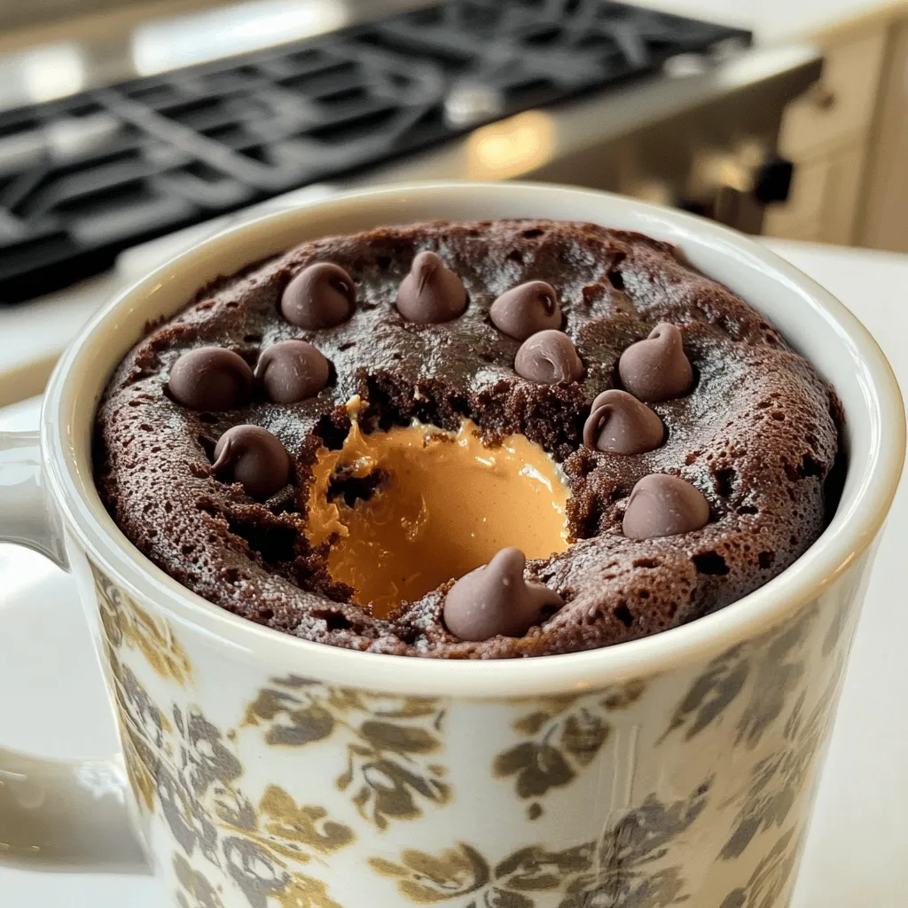 - 4 tablespoons all-purpose flour - 2 tablespoons unsweetened cocoa powder - 3 tablespoons granulated sugar - 1/8 teaspoon baking powder - Pinch of salt - 3 tablespoons milk (or non-dairy alternative) - 2 tablespoons vegetable oil (or melted coconut oil) - 1 tablespoon creamy peanut butter - 1 tablespoon chocolate chips (optional) How do I convert measurements for different serving sizes? To change the number of servings, simply adjust the ingredient amounts. If you want two mug cakes, double each ingredient. For half a cake, use half the amounts. What are some recommendations for ingredient substitutions? - Use whole wheat flour for a healthier option. - Swap granulated sugar with brown sugar for a rich taste. - Try almond milk or oat milk instead of regular milk. - For a nut-free option, use sun butter instead of peanut butter. These tips can help you customize your mug cake to fit your taste. By trying different ingredients, you can make this treat even more fun! For the full recipe, check out the detailed instructions above. 1. Start by taking a microwave-safe mug. This is the key to your cake. 2. In the mug, combine the dry ingredients: - 4 tablespoons all-purpose flour - 2 tablespoons unsweetened cocoa powder - 3 tablespoons granulated sugar - 1/8 teaspoon baking powder - Pinch of salt 3. Whisk these dry ingredients together. Make sure they blend well. No lumps should remain. 4. Now, add the wet ingredients: - 3 tablespoons milk (or a non-dairy alternative) - 2 tablespoons vegetable oil (or melted coconut oil) 5. Stir until the batter is smooth. You want it creamy, not lumpy. 1. Next, spoon the peanut butter into the center. Use about 1 tablespoon. 2. Press the peanut butter down gently. Don't mix it into the batter completely. 3. If you like, sprinkle 1 tablespoon of chocolate chips on top. This adds rich flavor. 4. Place your mug in the microwave. Cook on high for about 30-40 seconds. 5. After 30 seconds, start checking. The cake should puff up and spring back when touched. Be careful not to overcook, as microwave times can vary. 1. Your mug cake is ready when it looks slightly puffed. 2. The top should spring back when pressed. 3. Let it cool for a minute or two before eating. It will be hot! 4. Cooling helps the flavors settle. Plus, you avoid a burnt tongue. You can find the full recipe in the earlier sections. Enjoy your delicious Chocolate Peanut Butter Mug Cake! To make the best chocolate peanut butter mug cake, avoid some common mistakes. First, do not overmix your batter. Mixing too much can make your cake tough. Also, check your microwave power. Different microwaves cook at different speeds. Start with 30 seconds and add more time if needed. For the best texture, use fresh ingredients. Old baking powder can lead to a flat cake. Also, use creamy peanut butter for a smooth filling. This helps create a nice melt in the center. You can add fun flavors to your mug cake. Try nuts, like chopped walnuts or almonds, for crunch. Adding fruits, like banana slices or berries, can give a fresh twist. You can also mix in different chocolates. Dark chocolate or white chocolate chips work great too. For garnishing, consider adding a dollop of whipped cream or a drizzle of chocolate sauce. A sprinkle of sea salt on top can enhance the flavors. It makes your mug cake look fancy, too! When making your mug cake, start with a good microwave-safe mug. Choose one that holds at least 12 ounces. This helps prevent overflow while cooking. For mixing, you only need a fork and a measuring spoon. No need for fancy tools! A small whisk can also work if you like. Just keep it simple, and you’ll have a great treat. For the full recipe, check out the details above! {{image_2}} You can switch up the taste of your chocolate peanut butter mug cake. Try using different nut butters. Almond or cashew butters add unique flavors. You can also add spices like cinnamon or espresso powder. These spices will enhance the cake's taste. A pinch of cinnamon brings warmth, while espresso adds depth. If you need gluten-free options, swap the all-purpose flour for a gluten-free blend. Many blends work well in mug cakes. For vegan alternatives, use a non-dairy milk like almond or oat milk. Replace the egg with a tablespoon of applesauce. These changes keep the cake tasty and light. Serving ideas can make your mug cake even better. Pair it with ice cream or whipped cream for a treat. The cold creaminess contrasts the warm cake perfectly. You can also create a dessert platter with other mug cakes. Mixing flavors and textures makes it fun for guests. For the full recipe, check out the previous section. Store your leftover mug cake in the refrigerator. Use an airtight container to keep it fresh. This will help prevent it from drying out. If you want to eat it later, just take it out and let it come to room temperature. For best reheating, place the mug cake in the microwave for about 10-15 seconds. Check to see if it’s warm enough. If not, heat it in short bursts. This keeps the cake soft and moist. You can make this treat ahead for busy days. Just whip up a few mug cakes and store them. When you're ready to eat, you can reheat them quickly. For serving guests, consider making a mug cake bar. Set out toppings like whipped cream, berries, or extra chocolate chips. Guests can customize their cakes for a fun treat. A mug cake will last in the fridge for about 2-3 days. After that, it may start to dry out. Look for signs of spoilage. If you see mold or a strange smell, it’s time to toss it. Always trust your senses when it comes to food safety. What’s the best way to ensure my mug cake doesn’t overflow? To prevent overflow, use a larger mug. Fill the mug only halfway with batter. This gives the cake room to rise. Also, keep an eye on the microwave time. Stop the microwave if the cake gets too tall. Can I make this recipe without a microwave? Yes, you can bake it in the oven. Preheat your oven to 350°F (175°C). Pour the batter into an oven-safe dish. Bake for about 10-12 minutes. Check for doneness with a toothpick. How can I adjust the recipe for more servings? To make more, simply multiply the ingredients. Use a larger bowl instead of a mug. You can bake the mixture in a cake pan. This way, you can serve more people. What to do if the cake turns out dry? If your mug cake is dry, you may have overcooked it. Check your microwave time next time. You can add a splash of milk. This helps to moisten the cake. How can I fix a mug cake that didn't rise? If the cake didn’t rise, check the baking powder. It may be old or expired. Make sure to mix the batter well. This helps incorporate air for a better rise. Can I use a different type of flour? Yes, you can use whole wheat flour or almond flour. Keep in mind that different flours may change the texture. Experiment to find what you like best. What alternatives exist for sugar in this recipe? You can use honey or maple syrup instead of sugar. Adjust the amount since these are sweeter. You can also try coconut sugar or stevia for a lower-calorie option. In this article, we explored how to make a delicious mug cake using simple ingredients. We discussed measurement tips, preparation steps, and the baking process to ensure your cake turns out perfectly. I shared helpful tips to enhance flavor and avoid common mistakes. You can also try fun variations and find ways to store leftovers. With these easy steps and ideas, you can enjoy a tasty treat any time. Happy baking!