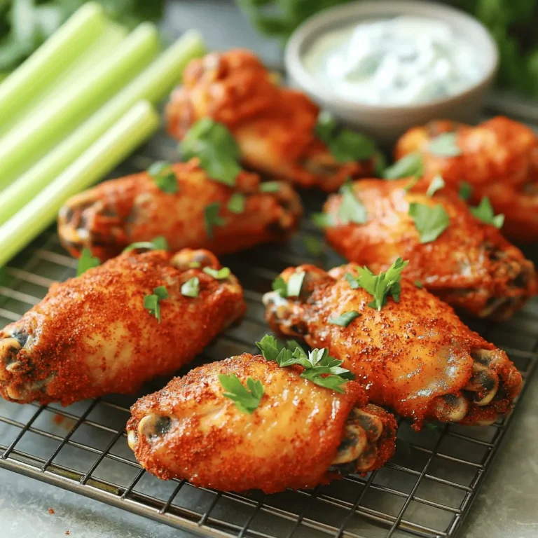 - 2 pounds chicken wings, cleaned and patted dry - 1 tablespoon baking powder - 1 teaspoon garlic powder - 1 teaspoon onion powder - 1 teaspoon smoked paprika - 1 teaspoon cayenne pepper (adjust for heat preference) - Salt and black pepper to taste - 2 tablespoons olive oil To make crispy baked chicken wings, you need a few key ingredients. First, start with fresh chicken wings. They should be cleaned and patted dry. This helps them get crispy. Next, you’ll need seasoning spices. The blend of baking powder, garlic powder, onion powder, smoked paprika, and cayenne pepper gives the wings great flavor. Baking powder is key for that crispy skin. Lastly, a drizzle of olive oil helps the spices stick to the wings. - Fresh parsley, chopped (for garnish) - Celery sticks - Blue cheese dressing When serving your wings, add some fresh parsley on top for a pop of color. It makes them look nice and adds a bit of taste. Celery sticks are a classic side. They add crunch and freshness. If you love dips, try blue cheese dressing. It pairs perfectly with the spicy wings. These extras make your meal even better. For the complete recipe, check out the Full Recipe. First, preheat your oven to 425°F (220°C). This high heat helps create crispy skin. Next, line a baking sheet with aluminum foil. This makes for easy cleanup later. Place a wire rack on top of the baking sheet. The rack allows air to circulate around the wings. Now, let’s mix the spices. In a large bowl, combine: - 1 tablespoon baking powder - 1 teaspoon garlic powder - 1 teaspoon onion powder - 1 teaspoon smoked paprika - 1 teaspoon cayenne pepper (adjust for heat preference) - Salt and black pepper to taste Toss these spices together well. Then, add the cleaned chicken wings to the bowl. Drizzle 2 tablespoons of olive oil over them. Mix the wings and spices until they are all coated evenly. This step is key for great flavor. Arrange the wings in a single layer on the wire rack. Make sure they do not touch each other. This space helps them cook evenly. Bake the wings in your preheated oven for 40-45 minutes. Turn the wings halfway through cooking. This ensures they brown nicely on both sides. For extra crispiness, keep an eye on them as they cook. You want them golden brown. To check if the wings are done, use a meat thermometer. The internal temperature should reach 165°F (75°C). This ensures they are safe to eat. After baking, let the wings rest for a few minutes. This helps keep them juicy. Now you are ready to enjoy your crispy baked chicken wings! These wings will be a hit at any gathering or for a cozy night in. For the full recipe, check the details above. To get that great crunch, baking powder is key. It helps dry out the skin. This gives your wings a crispier texture. Just one tablespoon is enough for two pounds of wings. Using a wire rack is also important. It lets air flow around the wings. This means they cook evenly. You won't get soggy spots. Place the rack on top of a lined baking sheet. This way, any drips fall away. You can adjust the spice levels to fit your taste. If you like heat, add more cayenne pepper. If you prefer milder wings, use less. You can also try different seasonings. Some great options include: - Lemon zest for brightness - Cumin for warmth - Dried herbs like oregano or thyme for earthiness Mix these in with your spices for a fun twist. Using the right tools makes cooking simple. A sturdy baking sheet is a must. Look for one that can handle high heat. A good set of tongs helps when tossing and coating the wings. They let you mix the wings without making a mess. You might also want a basting brush. It can help you apply oil evenly. For the full recipe, check the details above. {{image_2}} You can dress up your crispy baked chicken wings with many sauces. Here are some popular choices: - Buffalo Sauce: This classic sauce adds heat and tang. - BBQ Sauce: Sweet and smoky, great for a rich flavor. - Honey Garlic: A perfect mix of sweetness and garlic. To apply sauces, I recommend tossing the cooked wings in a bowl. Use enough sauce to coat each wing evenly. Do this right after baking, while the wings are hot. This helps the sauce stick better. Want to try something new? Consider these flavor profiles: - Asian-Inspired Wings: Use soy sauce, ginger, and sesame oil for a unique taste. - Herb and Lemon-Infused Wings: Mix fresh herbs like rosemary and thyme with lemon juice for a fresh twist. These options can change the whole vibe of your wings. They pair well with the crispy texture you achieve in the baking process. Baking and frying yield different results. Baking is healthier and easier. It also gives you that crispy skin without the mess of frying. If you prefer quicker cooking, try air frying. An air fryer circulates hot air around the wings, making them crispy and delicious. Just remember to adjust the cooking time, as air fryers often cook faster than ovens. For the full recipe, check out the Crispy Baked Chicken Wings section. To keep your leftover chicken wings tasty, cool them down quickly. Allow them to sit at room temperature for no more than two hours. Once cooled, pack them in an airtight container. This helps keep them fresh and prevents drying out. In the fridge, you can store them for up to four days. If you want to keep them longer, consider freezing them. When it's time to eat your wings again, reheating them well is key. The best way to keep them crispy is to use your oven. Preheat the oven to 375°F (190°C). Place the wings on a baking sheet lined with foil. Bake them for about 10 to 15 minutes until they are hot and crisp. You can also use a microwave, but this may make the wings soggy. If you must use a microwave, heat them in short bursts. Check often to avoid overcooking. For best results, stick to the oven method to enjoy that perfect crunch again. For the full recipe, check out the Crispy Baked Chicken Wings recipe. To make chicken wings crispy without frying, use baking powder. This helps dry out the skin, making it crispy when baked. Here are some tips: - Pat dry the wings: Ensure they are dry before seasoning. Moisture causes sogginess. - Use a wire rack: Place wings on a rack over a baking sheet. This allows hot air to circulate around them. - High heat baking: Bake at 425°F (220°C) for the best crisp. - Turn halfway: Flip the wings during baking for even crispness. These tips will help you achieve a crunchy texture that rivals fried wings. Crispy baked chicken wings pair well with various sides and dips. Here are some great suggestions: - Celery sticks: Crunchy and refreshing, they balance the heat. - Blue cheese dressing: Creamy and tangy, it complements the wings perfectly. - Ranch dressing: A popular choice for dipping, adding rich flavor. - French fries: Classic comfort food that everyone loves. - Coleslaw: Adds a cool crunch and a bit of sweetness. Feel free to mix and match to make your meal even more enjoyable! Yes, you can freeze baked chicken wings. Here’s how: - Cool completely: Allow the wings to cool before freezing. This keeps them from getting soggy. - Use airtight containers: Place wings in a freezer-safe bag or container. Remove as much air as possible. - Label and date: Write the date on the bag. This helps you keep track of freshness. - Storage duration: They can last up to three months in the freezer. When you’re ready to eat them, thaw in the fridge and reheat in the oven for the best texture. Baked chicken wings last for a while if stored correctly: - In the refrigerator: They can stay fresh for about 3-4 days. Keep them in an airtight container. - In the freezer: They last for up to three months. Make sure to follow the freezing instructions above. Always check for any off smells or changes in texture before eating leftovers. Enjoy your crispy baked chicken wings! Crispy baked chicken wings are easy to make with the right ingredients and methods. We covered essential spices, cooking techniques, and ways to serve them. Whether you enjoy buffalo or honey garlic, there’s a flavor for everyone. Remember to store leftovers correctly and reheat them for the best taste. Now it’s your turn to try these wings. Once you master the basics, feel free to get creative with flavors and techniques. Enjoy your cooking!