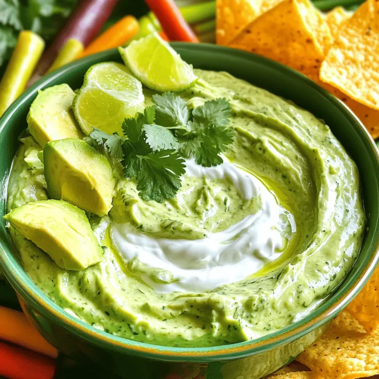 - 2 ripe avocados, peeled and pitted - 1 cup Greek yogurt - 1 packet ranch seasoning mix These three main ingredients create a rich and creamy base. The ripe avocados bring healthy fats and a smooth texture. Greek yogurt adds creaminess and a slight tang. The ranch seasoning mix gives the dip its bold flavor, making it irresistible. - 1 tablespoon fresh lime juice - 1 clove garlic, minced - 1/4 cup fresh cilantro, chopped Adding optional ingredients can enhance the dip’s taste. Fresh lime juice adds brightness and keeps the avocados green. Minced garlic gives a nice kick, while chopped cilantro adds freshness. You can mix and match based on your taste! - Veggie sticks - Tortilla chips This dip pairs well with many snacks. Serve it with crunchy veggie sticks like carrots or cucumbers for a healthy treat. Tortilla chips add a fun crunch and are perfect for scooping. Both options make for a tasty and fun way to enjoy the dip. For the full recipe, check out the details above! 1. Start by taking the ripe avocados. Cut them in half and remove the pit. 2. Use a fork or a potato masher to mash the avocados in a medium bowl. Aim for a smooth texture. 3. Measure one cup of Greek yogurt and add it to the mashed avocados. It helps make the dip creamy. 4. Next, gather your seasonings. Measure one packet of ranch seasoning mix and set it aside for mixing later. 1. Mix the mashed avocado with the Greek yogurt until well combined. The two should blend seamlessly. 2. Now, sprinkle in the ranch seasoning mix. Add one tablespoon of fresh lime juice to brighten the flavor. 3. Stir the mixture well to ensure the ranch flavor spreads evenly throughout the dip. 1. Finely chop one clove of garlic and 1/4 cup of fresh cilantro. Add them to the bowl. 2. Mix everything together, letting the garlic and cilantro blend into the dip. 3. Season with salt and pepper to taste. Adjust according to your preference. 4. You can serve it right away or chill it for an hour. This lets the flavors meld together nicely. For the complete recipe, refer to the Full Recipe section. Identifying ripeness To choose ripe avocados, look for ones that are slightly soft. Press gently; if it yields to pressure, it's ready. Avoid avocados that feel mushy or have dark spots. Dark green skin often means it's ripe. If you find hard avocados, leave them at room temperature for a few days. They will ripen, and you can check them daily. How to store avocados before use If your avocados are ripe but you are not ready to use them, store them in the fridge. This slows down the ripening process. If you have cut an avocado, brush the flesh with lime or lemon juice to prevent browning. Wrap it tightly with plastic wrap and place it in the fridge. Variations of seasoning You can switch up the flavor of your dip by adding different seasonings. Try mixing in chili powder or smoked paprika for a smoky touch. If you like herbs, fresh dill or parsley can brighten the flavor. Experiment to find your favorite mix, and don’t be afraid to be bold! Adding heat with peppers For those who enjoy a kick, add diced jalapeños or crushed red pepper flakes. Start with a small amount and taste as you go. You can always add more heat, but it's tough to take it out once it's in! Best pairings for the dip This creamy avocado ranch dip goes well with many snacks. Pair it with veggie sticks like carrots, celery, or bell peppers. Tortilla chips are also a hit, offering that nice crunch. You can even use it as a spread on sandwiches or wraps for added flavor. Creative serving ideas Get creative with how you serve the dip! Try it in a hollowed-out avocado skin for a fun twist. You could also serve it in a mason jar for a picnic. Add some colorful veggies around the dip to create a beautiful spread. Don't forget to taste as you go! Check out the Full Recipe for more ideas. {{image_2}} Using Greek yogurt in this dip adds creaminess and protein. It makes the dip thicker and richer. Greek yogurt is lower in fat than sour cream, making it a healthier choice. If you want a dairy-free option, try coconut yogurt or almond yogurt. Both can give a nice texture while keeping it plant-based. You can easily jazz up your dip by adding cheese or sour cream. Cream cheese works well too if you want a richer taste. You can also sprinkle in your favorite herbs or spices. Chopped chives or dill can add nice flavors. For some heat, try adding a dash of cayenne or smoked paprika. For kids, mild flavors work best. You can use plain yogurt instead of Greek yogurt for a lighter taste. Try adding a bit of honey to sweeten the dip. This can help make it more appealing. You can sneak in finely chopped veggies like carrots or bell peppers. This adds nutrition without changing the flavor. For the full recipe, check out the Creamy Avocado Ranch Dip section above. To keep your creamy avocado ranch dip fresh, use an airtight container. Glass or plastic containers work well. Make sure to seal the lid tightly to prevent air from getting in. This helps avoid browning and keeps the flavors intact. If you have leftover dip, press plastic wrap directly onto the surface before sealing. This extra step keeps it fresh longer. Can you freeze avocado dip? Yes, you can freeze it, but the texture may change. Freezing can make the dip watery when thawed. If you decide to freeze it, use a freezer-safe container. Leave some space at the top for expansion. To use frozen dip, thaw it in the fridge overnight. Stir it well before serving to help restore some creaminess. How long does the dip last in the fridge? Properly stored, it lasts about 3 to 5 days. Always check for signs that the dip has gone bad. Look for discoloration or an off smell. If it has a strange taste or a watery layer on top, it’s best to toss it. Freshness is key to enjoying this dip at its best! Tortilla chips pair well with many dips. Here are some tasty options: - Salsa: Fresh and zesty, it adds great flavor. - Guacamole: Creamy and rich, it's a classic choice. - Cheese dip: Warm and cheesy, it’s always a hit. - Hummus: A healthy option that adds nice texture. - Creamy Avocado Ranch Dip: This dip is smooth and full of flavor. It works well with tortilla chips and adds a fresh twist. To make your avocado dip thicker, try these tips: - Add more avocado: Use an extra avocado to boost thickness. - Use less yogurt: Cut down the Greek yogurt for a creamier mix. - Chill the dip: Refrigerate for about an hour. This helps it firm up. - Include cream cheese: Blend in a little cream cheese for added body. Yes, Creamy Avocado Ranch Dip is healthy for many reasons: - Avocados: They provide healthy fats and fiber. - Greek yogurt: This adds protein and probiotics. - Fresh herbs: Cilantro boosts flavor and nutrients. - Low in calories: Compared to many other dips, it is lighter. This dip is a great choice for snacking or parties! This blog post covered how to make a tasty Creamy Avocado Ranch Dip. We discussed the main and optional ingredients, along with easy steps to prepare it. You learned tips for choosing avocados and creative variations to try. At the end, we explored storage options to keep your dip fresh. This dip is both fun to make and enjoyable to eat. I hope you try it and find ways to make it your own!