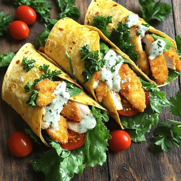 To make tasty Chicken Caesar Wraps, you need some key items. Here’s what to gather: - 2 boneless, skinless chicken breasts - 1 cup Romaine lettuce, chopped - ½ cup cherry tomatoes, halved - ½ cup Caesar dressing - ¼ cup grated Parmesan cheese - 4 large flour tortillas - Olive oil for cooking These ingredients create a fresh and flavorful wrap. The chicken adds protein, while the lettuce and tomatoes give a nice crunch. The Caesar dressing ties everything together with its rich taste. Seasoning makes a big difference in flavor. For these wraps, I use: - 1 teaspoon garlic powder - 1 teaspoon paprika - Salt and pepper to taste Garlic powder gives a warm taste, and paprika adds a little color and smokiness. Salt and pepper enhance the flavors of all the ingredients. Garnishes can make your dish look even better. Here are some options: - Fresh parsley Adding fresh parsley is a great touch. It brightens up the dish and adds a pop of color. You can sprinkle it on top before serving for extra flair. You can find the Full Recipe for detailed steps on putting all these ingredients together. To start, season the chicken breasts with garlic powder, paprika, salt, and pepper. This adds great flavor. Heat a tablespoon of olive oil in a skillet over medium heat. Once the oil is hot, add the chicken breasts. Cook them for about 6-7 minutes on each side. You want them to be golden brown and fully cooked. After cooking, remove the chicken from the skillet. Let it rest for a few minutes. This helps keep it juicy. Now, slice the chicken into thin strips. In a large bowl, mix the chopped Romaine lettuce, halved cherry tomatoes, sliced chicken, Caesar dressing, and grated Parmesan cheese. Toss gently until everything is well-coated. To cook chicken well, make sure your skillet is hot before adding the chicken. This helps create a nice sear. Use a meat thermometer if you want to be precise. The chicken should reach 165°F. Avoid overcrowding the pan; this can steam the chicken instead of searing it. Letting the chicken rest is key. This allows the juices to settle, making it tender. Now it’s time to assemble your wraps! Lay a tortilla flat on a clean surface. Spoon a generous amount of the chicken Caesar mixture onto the center. Fold the sides of the tortilla inward. Then, roll it up tightly from the bottom. Make sure to encase the filling well. Repeat this process with the rest of the tortillas and filling. For extra crispiness, place the wraps seam-side down in the skillet for 2-3 minutes. This gives them a nice golden look. Finally, slice each wrap in half diagonally and serve warm. Enjoy your tasty Chicken Caesar Wraps! For the complete recipe, check out the Full Recipe section. To keep your wraps fresh, store them in an airtight container. Wrap each one in plastic wrap, too. This helps hold in moisture and flavor. You can also place a damp paper towel inside. It keeps the wraps from drying out. If you plan to eat them later, add the dressing just before serving. This prevents sogginess. You can easily boost the flavor of your Chicken Caesar Wraps. Try adding slices of avocado for creaminess. You can also toss in some crisp bacon bits for a smoky taste. Fresh herbs like basil or cilantro add a nice touch, too. Want some heat? Add sliced jalapeños or a dash of hot sauce. These simple additions make each bite even better. One common mistake is overcooking the chicken. This can make it dry and tough. Always check the chicken's internal temperature. It should be 165°F for safety. Another mistake is using too much dressing. This can make your wrap soggy. Start with a small amount and add more if you need it. Finally, don’t forget to slice your wraps. This makes them easy to eat and fun to share. {{image_2}} You can easily switch to a vegetarian version. Use grilled tofu or tempeh instead of chicken. Both options absorb flavor well and offer great texture. Add your favorite veggies, like bell peppers, cucumbers, or even roasted carrots. These wraps stay tasty and filling, while keeping the classic Caesar flavor. If you want to change the taste, try different dressings. A ranch or Greek yogurt dressing can work well. You can also mix in a bit of lemon juice for freshness. Experiment with flavors until you find your favorite. Each dressing brings a new twist to your wrap. You can make your wraps lighter by using whole wheat tortillas. Swap regular Caesar dressing for a light version. You can also reduce cheese or use nutritional yeast for a cheesy flavor without the calories. Add more greens, like spinach or kale, to boost nutrients. These small changes keep your meal healthy and delicious. If you have extra Chicken Caesar wraps, store them in the fridge. Place each wrap in a sealed container or wrap them in plastic. They will stay fresh for about 2 days. Make sure to keep them away from strong smells in your fridge. This helps maintain their taste. To freeze your Chicken Caesar wraps, wrap each one tightly in foil or plastic wrap. Then, place them in a freezer bag. They can last up to 3 months in the freezer. When you want to eat them, it’s best to thaw them overnight in the fridge. This keeps the wraps from getting soggy. When you are ready to enjoy your wraps, you can reheat them in a skillet. Heat the skillet over medium heat and place the wraps seam-side down. Cook for about 2-3 minutes on each side until they are warm and crispy. You can also microwave them for about 30 seconds, but they won’t be as crispy. Enjoy these tasty wraps fresh and hot! To make Chicken Caesar Wraps gluten-free, use gluten-free tortillas. These are easy to find at most grocery stores. You can also make your own using gluten-free flour. Ensure your Caesar dressing is gluten-free too. Check the label for any hidden gluten. Using these swaps keeps your wraps tasty and safe. Yes, you can use leftover chicken for this recipe. Shredded or diced chicken works great. It saves time and adds flavor. Just make sure it’s cooked well and seasoned. This way, you can enjoy a quick meal without starting from scratch. You can find the Full Recipe for these Chicken Caesar Wraps in the article above. Follow the steps to create a delicious meal that your family will love. Don’t forget to enjoy the process! Chicken Caesar wraps are simple and fun to make. We covered must-have ingredients, cooking steps, and tips to keep your wraps fresh. Variations let you enjoy different flavors while storage info helps reduce waste. Remember, you can adapt this wrap to fit your needs, whether gluten-free or using leftovers. Enjoy exploring these options and making your own delicious wraps!