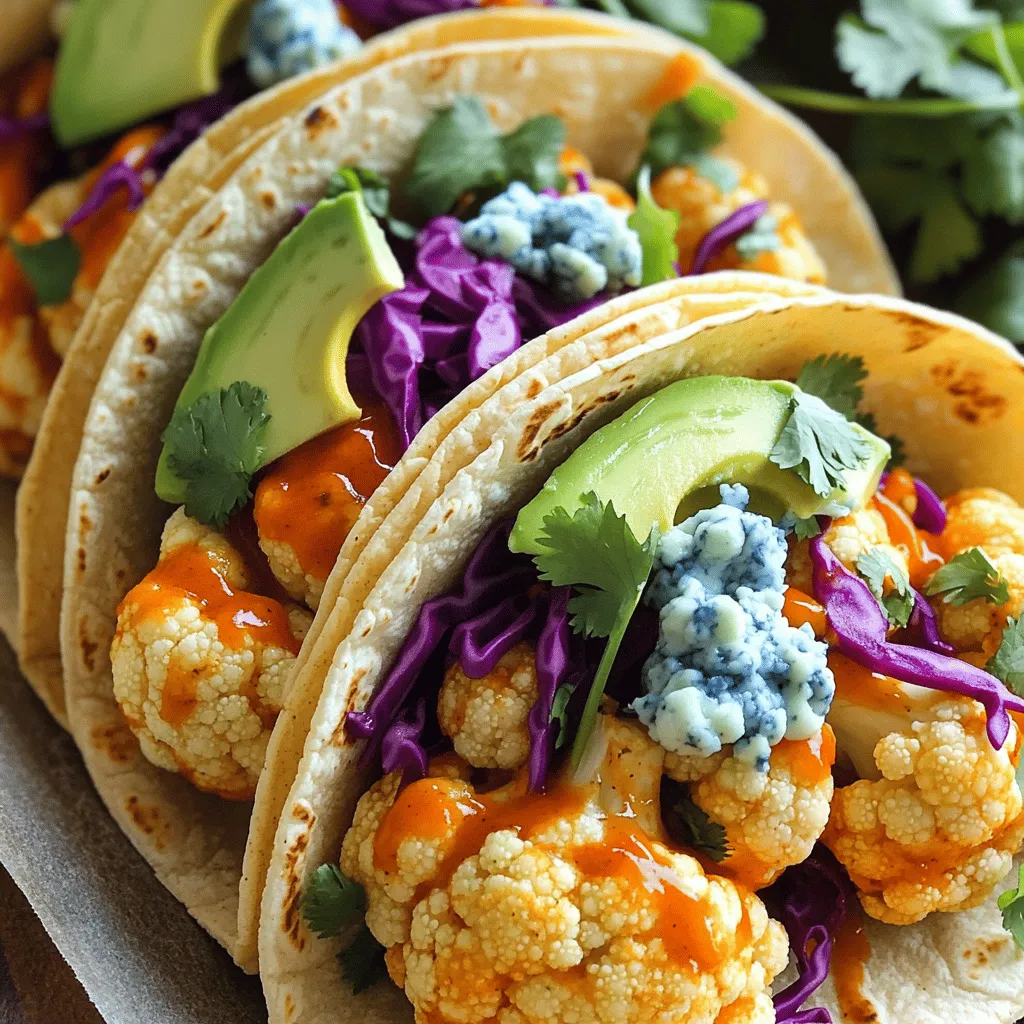 - 1 medium head of cauliflower, cut into florets - 1 cup all-purpose flour - 1 cup water - 1 cup buffalo sauce (store-bought or homemade) - 8 small corn or flour tortillas - 1 avocado, sliced - 1 cup shredded red cabbage - 1/2 cup crumbled blue cheese (optional) - Fresh cilantro, for garnish - Salt and pepper to taste - Parchment paper - Baking sheet - Mixing bowl Gathering the right ingredients is key to making buffalo cauliflower tacos. You want to start with a medium head of cauliflower. Cut it into small florets; this helps them cook evenly. Next, you need flour and water to create a batter. This will coat the cauliflower and give it that nice crunch. Buffalo sauce is a must. You can buy it or make your own if you like. For extra flavor and texture, grab some tortillas, avocado, and shredded cabbage. Blue cheese adds a nice touch, but it's optional. Cilantro makes a great garnish, and don’t forget salt and pepper to taste. Having parchment paper and a baking sheet ready makes cooking easier. A mixing bowl will help you whip up the batter quickly. For the full recipe, check out the link included in the article. - First, preheat the oven to 450°F (230°C). - In a mixing bowl, whisk together flour, water, garlic powder, onion powder, and smoked paprika. This forms the batter. - Take each cauliflower floret and dip it in the batter. Make sure it gets fully coated. - Arrange the coated florets on a baking sheet lined with parchment paper. - Bake them for 20 minutes until they turn golden brown. The baking gives them a nice crunch. - After baking, remove the florets and toss them in buffalo sauce. Ensure each piece is well coated. - Return the sauced cauliflower to the oven for an extra 10 minutes. This step caramelizes the sauce. - While the cauliflower bakes, warm the tortillas in a dry skillet for about 30 seconds on each side. - To assemble your tacos, place a good amount of buffalo cauliflower in each tortilla. - Add slices of avocado, shredded red cabbage, and crumbled blue cheese if you want. - Finish with fresh cilantro and more buffalo sauce if you like. Enjoy your tasty tacos! To get the best texture, coat the cauliflower well with batter. The batter should cover every piece. This helps each floret get crispy. Bake the cauliflower until it turns golden brown. This gives it a nice crunch and enhances the flavor. For a brighter taste, use homemade buffalo sauce. This will make your tacos stand out! You can also play with spices in the batter. Adding a pinch of cayenne or smoked paprika can really boost the flavor. Serve your tacos with fresh lime wedges. The lime adds a zesty kick that balances the heat. Pair the tacos with a light side salad for a complete meal. This adds freshness and color to your plate. For the full recipe, check out the complete instructions above. {{image_2}} You can swap out some ingredients for healthier choices. - Use gluten-free flour or chickpea flour for the batter. - Substitute blue cheese with vegan cheese to keep it plant-based. These options still give great taste while fitting different diets. You can customize your tacos with different fillings. - Add extra veggies like bell peppers or corn for more flavor. - Experiment with different types of tortillas like whole wheat or spinach. These changes can make your meal more colorful and fun! You can easily adjust the spice in your tacos. - Use mild buffalo sauce for less heat if you prefer it that way. - Add jalapeños for extra spice if you like a kick. Adjusting the spice lets everyone enjoy this dish their way. To keep your uneaten tacos fresh, place them in an airtight container. This prevents moisture loss and keeps flavors intact. It’s best to store the buffalo cauliflower separately. This way, it stays crispy and delicious. For the best texture, reheat your tacos in the oven. Set it to 350°F (175°C) and heat for about 10 minutes. If you need a quick option, use the microwave. Heat in short bursts, checking to avoid sogginess. You can freeze the baked buffalo cauliflower for later use. Just place it in a freezer-safe bag or container. When you’re ready to enjoy, thaw it in the fridge overnight. Reheat thoroughly before serving. This method helps keep the flavors and crunch you love. Yes, preparations can be done in advance. You can chop the cauliflower and mix the batter the day before. Just store them in the fridge until you're ready to bake. This will save you time and help you enjoy fresh tacos faster. Yes, buffalo cauliflower tacos are vegetarian-friendly. They use cauliflower and other fresh veggies. This makes them a great choice for anyone looking to eat less meat or explore plant-based meals. A homemade or well-rated store-bought buffalo sauce works well. The sauce gives the tacos that spicy kick. You can adjust the heat by choosing a mild or hot version based on your taste. Add hot sauce or cayenne pepper to the batter. You can also drizzle extra hot sauce on top of the assembled tacos. This lets you control the spice level and makes the meal just how you like it. Pair with side salads, chips, or a refreshing dip. A cool avocado dip or a tangy yogurt sauce balances the heat of the tacos. You can also serve them with a side of crunchy veggies for extra crunch. In this blog post, we explored making delicious buffalo cauliflower tacos. We covered the ingredients, steps, and tips for the perfect meal. Remember to bake your cauliflower until crispy and try different fillings for variety. Whether you’re meal prepping or making a quick meal, these tacos are a hit. Enjoy customizing them to match your taste. Transform your ordinary taco night into something special with this flavorful recipe!