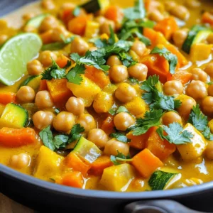 - 1 can (15 oz) chickpeas, drained and rinsed - 1 medium onion, finely chopped - 3 cloves garlic, minced - 2 tablespoons curry powder - 1 teaspoon ground cumin - 1 teaspoon turmeric - 1 medium carrot, diced - 1 bell pepper (any color), chopped - 1 zucchini, diced - 1 cup cauliflower florets - 1 can (14 oz) coconut milk - Salt and pepper to taste - Fresh coriander for garnish - Lime wedges for serving The heart of this savory vegetable curry lies in its vibrant ingredients. Each element plays a key role in building flavor and texture. Chickpeas give this dish protein and a nice bite. Onions and garlic add a sweet and savory base. The spices bring warmth and depth to the curry, while fresh veggies provide color and crunch. For a truly rich flavor, I love using coconut milk. It adds creaminess and balances the spices perfectly. The mix of vegetables gives you a range of nutrients, making this dish not just tasty but also healthy. If you want to dive deeper into cooking this dish, check out the Full Recipe. You’ll find all you need to enjoy this delightful meal! - Heat olive oil in a large pot. - Sauté onions, garlic, and ginger. First, I heat olive oil in a large pot over medium heat. This oil adds flavor and helps cook the ingredients. Next, I add the chopped onion. I sauté it until it turns translucent, which takes about 5 minutes. This step builds a great base for the curry. Then, I stir in the minced garlic and ginger. I cook them for about 2 minutes until they smell amazing. - Add diced carrot, zucchini, and bell pepper. - Stir in cauliflower florets with spices. After the onions, garlic, and ginger are ready, I add the diced carrot, zucchini, and chopped bell pepper. I sauté these for about 5 to 7 minutes until they soften a bit. This adds color and texture. Then, I stir in the cauliflower florets with spices. I use curry powder, cumin, and turmeric. I cook this mix for 2 minutes to toast the spices. This step makes the flavors pop! - Pour in coconut milk and chickpeas. - Simmer and season to taste. Now, I pour in a can of coconut milk and add the rinsed chickpeas. This makes the curry creamy and rich. I bring the mix to a gentle simmer, then lower the heat. I let it simmer for about 15 to 20 minutes. This time helps the flavors blend and the veggies to cook fully. I check the taste and season with salt and pepper. For the final touch, I remove it from the heat and garnish with fresh coriander. You can serve it hot with lime wedges on the side. For the full recipe, see the link above. To get great flavor, start by sautéing your vegetables. Heat olive oil in your pot over medium heat. Add the chopped onion and cook until it turns clear. This usually takes about 5 minutes. Next, add minced garlic and ginger. Cook them for 2 minutes to bring out their aroma. For the next step, toss in your diced carrot, zucchini, and chopped bell pepper. Sauté these for another 5 to 7 minutes. You want them to be slightly soft but still have a bit of crunch. This method helps keep the flavors fresh and vibrant. When it comes to toasting spices, it’s all about timing. After adding the cauliflower florets, curry powder, cumin, and turmeric, let them cook for about 2 minutes. This step brings out their full flavor and makes your dish pop. Want to spice things up? You can add more curry powder or even a pinch of cayenne pepper for heat. If you prefer milder flavors, try adding a bit of honey or brown sugar. This can balance the spice. Adjusting the heat level is easy. If you find it too spicy, add more coconut milk or a splash of water. This helps tone it down while keeping the dish creamy and delicious. Pair your curry with rice or warm bread. Both options soak up the tasty sauce. If you want something different, try serving it over quinoa or couscous for a nutty flavor. Get creative with your presentation! You can serve the curry in bowls and top it with fresh coriander. Adding lime wedges on the side gives a nice citrusy touch. This makes your dish not only tasty but also beautiful. For the full recipe, check out the details above. {{image_2}} You can switch chickpeas for other beans. White beans or lentils work well. They add a nice texture and protein. Feel free to swap any vegetables in the recipe. Try sweet potatoes, spinach, or peas. Each veggie gives a new taste. Mix and match based on what you have at home. To make this dish gluten-free, use certified gluten-free curry powder. Most spices are gluten-free, but it’s good to check. If you're vegan, this recipe is already plant-based! Just ensure your curry powder is vegan, too. For low-sodium options, use low-sodium coconut milk. Skip added salt or use a salt substitute. You can also add more herbs for flavor without the salt. Add spices from different regions to give a unique taste. For example, try garam masala for a richer flavor. You can also add fresh herbs like basil or mint for a fresh twist. Change the cooking method by using a slow cooker or pressure cooker. These tools can save time and enhance flavors. Just adjust cooking times based on your method. For more creative ideas, check the Full Recipe for a delicious starting point! To store leftover curry, let it cool completely first. Place it in a container with a lid. Glass or plastic containers work well. Make sure to seal it tightly. Leftover curry can last up to 3 to 4 days in the fridge. When you reheat it, stir well to make sure it heats evenly. Freezing curry is a great way to save it for later. To freeze, let the curry cool, then transfer it to freezer-safe bags or containers. Leave some space at the top for expansion. It can stay fresh in the freezer for about 2 to 3 months. When you want to enjoy it again, thaw it in the fridge overnight. Reheat it gently on the stove or in the microwave until hot. Vegetable curry with chickpeas stays fresh for a few days in the fridge. If stored properly, it can last 3 to 4 days. If you freeze it, expect it to last 2 to 3 months. Watch out for signs of spoilage, like off smells or mold. If you spot any, it's best to throw it away. Enjoy your delicious curry, knowing it can be stored safely! What is vegetable curry with chickpeas? Vegetable curry with chickpeas is a hearty dish. It combines chickpeas with various vegetables in a rich, spiced sauce. The base often includes coconut milk, which adds creaminess. This dish brings together flavors from many cultures, making it both tasty and filling. Can I make this recipe in advance? Yes, you can make this recipe ahead of time. It actually tastes better the next day! Just store it in the fridge after it cools. When you're ready to eat, heat it on the stove or in the microwave. How many calories per serving? This vegetable curry with chickpeas has about 350 calories per serving. This number can change based on the exact ingredients you use. If you use less oil or coconut milk, you can lower the calorie count. Are chickpeas healthy? Yes, chickpeas are very healthy. They are high in protein and fiber. This makes them great for keeping you full. Chickpeas also have vitamins and minerals, like iron and folate. Adding them to your diet can boost your health. What to do if the curry is too thick? If your curry is too thick, add a little water or vegetable broth. Stir well until you reach your desired consistency. This will help keep the flavors balanced while making it easier to serve. How to make the curry spicier? To make the curry spicier, add more curry powder or some red pepper flakes. You can also mix in fresh chopped chili peppers. Start with a small amount, then taste and adjust as needed. This way, you can find your perfect heat level. This blog post covered a tasty vegetable curry with chickpeas. You now have the ingredients, steps, cooking tips, and variations to create your dish. Remember to experiment with flavors and adjust spices to your taste. Use the storage tips to save leftovers for later. Enjoy this healthy, easy meal any time. Try it out and share your results. A good curry can bring warmth to any table. Happy cooking!