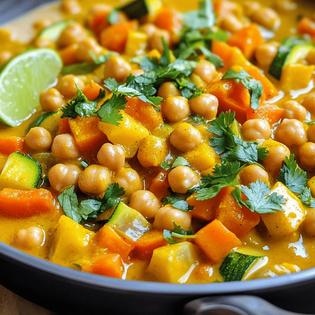 - 1 can (15 oz) chickpeas, drained and rinsed - 1 medium onion, finely chopped - 3 cloves garlic, minced - 2 tablespoons curry powder - 1 teaspoon ground cumin - 1 teaspoon turmeric - 1 medium carrot, diced - 1 bell pepper (any color), chopped - 1 zucchini, diced - 1 cup cauliflower florets - 1 can (14 oz) coconut milk - Salt and pepper to taste - Fresh coriander for garnish - Lime wedges for serving The heart of this savory vegetable curry lies in its vibrant ingredients. Each element plays a key role in building flavor and texture. Chickpeas give this dish protein and a nice bite. Onions and garlic add a sweet and savory base. The spices bring warmth and depth to the curry, while fresh veggies provide color and crunch. For a truly rich flavor, I love using coconut milk. It adds creaminess and balances the spices perfectly. The mix of vegetables gives you a range of nutrients, making this dish not just tasty but also healthy. If you want to dive deeper into cooking this dish, check out the Full Recipe. You’ll find all you need to enjoy this delightful meal! - Heat olive oil in a large pot. - Sauté onions, garlic, and ginger. First, I heat olive oil in a large pot over medium heat. This oil adds flavor and helps cook the ingredients. Next, I add the chopped onion. I sauté it until it turns translucent, which takes about 5 minutes. This step builds a great base for the curry. Then, I stir in the minced garlic and ginger. I cook them for about 2 minutes until they smell amazing. - Add diced carrot, zucchini, and bell pepper. - Stir in cauliflower florets with spices. After the onions, garlic, and ginger are ready, I add the diced carrot, zucchini, and chopped bell pepper. I sauté these for about 5 to 7 minutes until they soften a bit. This adds color and texture. Then, I stir in the cauliflower florets with spices. I use curry powder, cumin, and turmeric. I cook this mix for 2 minutes to toast the spices. This step makes the flavors pop! - Pour in coconut milk and chickpeas. - Simmer and season to taste. Now, I pour in a can of coconut milk and add the rinsed chickpeas. This makes the curry creamy and rich. I bring the mix to a gentle simmer, then lower the heat. I let it simmer for about 15 to 20 minutes. This time helps the flavors blend and the veggies to cook fully. I check the taste and season with salt and pepper. For the final touch, I remove it from the heat and garnish with fresh coriander. You can serve it hot with lime wedges on the side. For the full recipe, see the link above. To get great flavor, start by sautéing your vegetables. Heat olive oil in your pot over medium heat. Add the chopped onion and cook until it turns clear. This usually takes about 5 minutes. Next, add minced garlic and ginger. Cook them for 2 minutes to bring out their aroma. For the next step, toss in your diced carrot, zucchini, and chopped bell pepper. Sauté these for another 5 to 7 minutes. You want them to be slightly soft but still have a bit of crunch. This method helps keep the flavors fresh and vibrant. When it comes to toasting spices, it’s all about timing. After adding the cauliflower florets, curry powder, cumin, and turmeric, let them cook for about 2 minutes. This step brings out their full flavor and makes your dish pop. Want to spice things up? You can add more curry powder or even a pinch of cayenne pepper for heat. If you prefer milder flavors, try adding a bit of honey or brown sugar. This can balance the spice. Adjusting the heat level is easy. If you find it too spicy, add more coconut milk or a splash of water. This helps tone it down while keeping the dish creamy and delicious. Pair your curry with rice or warm bread. Both options soak up the tasty sauce. If you want something different, try serving it over quinoa or couscous for a nutty flavor. Get creative with your presentation! You can serve the curry in bowls and top it with fresh coriander. Adding lime wedges on the side gives a nice citrusy touch. This makes your dish not only tasty but also beautiful. For the full recipe, check out the details above. {{image_2}} You can switch chickpeas for other beans. White beans or lentils work well. They add a nice texture and protein. Feel free to swap any vegetables in the recipe. Try sweet potatoes, spinach, or peas. Each veggie gives a new taste. Mix and match based on what you have at home. To make this dish gluten-free, use certified gluten-free curry powder. Most spices are gluten-free, but it’s good to check. If you're vegan, this recipe is already plant-based! Just ensure your curry powder is vegan, too. For low-sodium options, use low-sodium coconut milk. Skip added salt or use a salt substitute. You can also add more herbs for flavor without the salt. Add spices from different regions to give a unique taste. For example, try garam masala for a richer flavor. You can also add fresh herbs like basil or mint for a fresh twist. Change the cooking method by using a slow cooker or pressure cooker. These tools can save time and enhance flavors. Just adjust cooking times based on your method. For more creative ideas, check the Full Recipe for a delicious starting point! To store leftover curry, let it cool completely first. Place it in a container with a lid. Glass or plastic containers work well. Make sure to seal it tightly. Leftover curry can last up to 3 to 4 days in the fridge. When you reheat it, stir well to make sure it heats evenly. Freezing curry is a great way to save it for later. To freeze, let the curry cool, then transfer it to freezer-safe bags or containers. Leave some space at the top for expansion. It can stay fresh in the freezer for about 2 to 3 months. When you want to enjoy it again, thaw it in the fridge overnight. Reheat it gently on the stove or in the microwave until hot. Vegetable curry with chickpeas stays fresh for a few days in the fridge. If stored properly, it can last 3 to 4 days. If you freeze it, expect it to last 2 to 3 months. Watch out for signs of spoilage, like off smells or mold. If you spot any, it's best to throw it away. Enjoy your delicious curry, knowing it can be stored safely! What is vegetable curry with chickpeas? Vegetable curry with chickpeas is a hearty dish. It combines chickpeas with various vegetables in a rich, spiced sauce. The base often includes coconut milk, which adds creaminess. This dish brings together flavors from many cultures, making it both tasty and filling. Can I make this recipe in advance? Yes, you can make this recipe ahead of time. It actually tastes better the next day! Just store it in the fridge after it cools. When you're ready to eat, heat it on the stove or in the microwave. How many calories per serving? This vegetable curry with chickpeas has about 350 calories per serving. This number can change based on the exact ingredients you use. If you use less oil or coconut milk, you can lower the calorie count. Are chickpeas healthy? Yes, chickpeas are very healthy. They are high in protein and fiber. This makes them great for keeping you full. Chickpeas also have vitamins and minerals, like iron and folate. Adding them to your diet can boost your health. What to do if the curry is too thick? If your curry is too thick, add a little water or vegetable broth. Stir well until you reach your desired consistency. This will help keep the flavors balanced while making it easier to serve. How to make the curry spicier? To make the curry spicier, add more curry powder or some red pepper flakes. You can also mix in fresh chopped chili peppers. Start with a small amount, then taste and adjust as needed. This way, you can find your perfect heat level. This blog post covered a tasty vegetable curry with chickpeas. You now have the ingredients, steps, cooking tips, and variations to create your dish. Remember to experiment with flavors and adjust spices to your taste. Use the storage tips to save leftovers for later. Enjoy this healthy, easy meal any time. Try it out and share your results. A good curry can bring warmth to any table. Happy cooking!