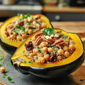 - 2 medium acorn squashes - 1 cup quinoa - 2 cups vegetable broth - 1 cup cooked chickpeas - 1/2 cup dried cranberries - 1/4 cup chopped pecans - 1 small onion - 2 cloves garlic - Ground cumin and cinnamon - Olive oil, salt, and pepper - Fresh parsley or cilantro The main ingredients set the stage for a hearty meal. Acorn squashes are sweet and nutty. They act as the perfect bowl for the filling. Quinoa adds protein and texture. It is a great base for our dish. We add chickpeas for a boost of fiber. Dried cranberries give a sweet burst in every bite. They balance the savory notes of the dish. Chopped pecans add crunch and flavor. All these ingredients combine to create a colorful plate. For seasoning, onion and garlic bring depth. They form the backbone of the filling. Ground cumin and cinnamon add warmth and spice. Olive oil helps everything cook evenly. Salt and pepper enhance all the flavors. Finally, fresh parsley or cilantro brightens the dish. It adds a pop of color and freshness. This mix of ingredients makes stuffed acorn squash tasty and nutritious. For the full recipe, check out the link provided. First, I preheat the oven to 400°F (200°C). This helps to cook the squash evenly. While the oven heats, I cut the acorn squashes in half and remove the seeds. I place them cut-side up on a baking sheet. Next, I drizzle each half with olive oil and sprinkle salt and pepper. This simple seasoning brings out the squash's natural sweetness. While the squash roasts, I focus on cooking the quinoa. I bring 2 cups of vegetable broth to a boil in a medium pot. Once boiling, I add 1 cup of rinsed quinoa. I cover the pot and reduce the heat to a simmer. Cooking takes about 15 minutes. I wait until the quinoa absorbs all the liquid. After that, I remove it from heat and let it sit covered for 5 more minutes. This step makes the quinoa fluffy. In a skillet, I heat 2 tablespoons of olive oil over medium heat. I add 1 small diced onion and sauté until it turns translucent, which takes about 5 minutes. Next, I stir in 2 minced garlic cloves, 1 teaspoon of ground cumin, and 1 teaspoon of cinnamon. I cook this mixture until it smells great, about one minute. Then, I add 1 cup of cooked chickpeas, 1/2 cup of dried cranberries, and 1/4 cup of chopped pecans. I let these cook together for 3-4 minutes, so the flavors meld nicely. Once the quinoa is ready, I fluff it with a fork. Then, I mix it into the skillet with the veggies and spices. I season this filling with salt and pepper to taste. Now, I carefully take the roasted squash from the oven. I spoon the quinoa filling into each squash half, packing it lightly. Finally, I return the stuffed squash to the oven and bake them for another 10-15 minutes until heated through. I let them cool a bit before garnishing with fresh parsley or cilantro. This dish is not just tasty; it's also nutritious! For the full recipe, visit the link. To ensure perfect roasting of acorn squash, choose squash that feels heavy for its size. Cut them in half and remove the seeds. Brush the cut sides with olive oil and sprinkle salt and pepper. Roast them cut-side up at 400°F for 25-30 minutes. This method gives them a sweet, tender flavor. For perfect quinoa texture, rinse your quinoa under cold water. This removes bitterness. Then, cook it in vegetable broth for added taste. Bring the broth to a boil, add the quinoa, and cover it. Reduce the heat and let it simmer for about 15 minutes. Once cooked, let it sit covered for 5 more minutes. Fluff it with a fork before mixing it into your filling. When serving stuffed acorn squash, pair it with a simple green salad. This adds freshness and crunch. You can also serve it with a light vinaigrette to balance the flavors. For a cozy touch, enjoy it with warm, crusty bread. Presentation matters, too. Place each stuffed squash half on a plate. Garnish with fresh parsley or cilantro for a pop of color. Drizzle a little olive oil around the plate for an elegant look. One common mistake is overcooking quinoa or squash. Overcooked quinoa becomes mushy, losing its nice texture. Keep an eye on the cooking time for both. Check them a few minutes before the recommended time. Another mistake is inadequate seasoning. Make sure to taste your filling. Adjust salt and pepper before stuffing the squash. A well-seasoned filling enhances the overall dish. For the full recipe, check out the complete guide. {{image_2}} You can switch up the veggies, grains, or beans in this recipe. If you have bell peppers or zucchini, they work great too. Try brown rice instead of quinoa for a different taste. You can even use lentils for a hearty texture. Each swap gives a unique twist to the dish. Experimenting with spices and herbs can change the whole vibe of your meal. Add chili powder for some heat or fresh thyme for a subtle earthy taste. A squeeze of lemon juice can brighten up the flavors. Don’t be afraid to play around until you find your perfect mix! You can easily adapt this recipe to fit your dietary needs. To make it vegan, just ensure your broth is plant-based. For gluten-free, choose quinoa and check your broth labels. If you're nut-free, you can substitute pecans with seeds like sunflower or pumpkin. This flexibility makes the dish enjoyable for everyone! To keep your stuffed acorn squash fresh, store it in the fridge. Place the leftovers in an airtight container. This helps to keep moisture in and prevents odors. You can enjoy the leftovers for up to three days. To make them last longer, make sure to cool them before sealing. You can freeze stuffed acorn squash, which is great for meal prep. First, let the squash cool completely. Wrap each half in plastic wrap or aluminum foil tightly. Then, place them in a freezer-safe bag. They will stay good for up to three months. When you're ready to eat, just defrost them in the fridge overnight. Reheating stuffed acorn squash can be easy and tasty. To keep the flavor, use the oven or microwave. If using the oven, heat it to 350°F (175°C). Place the squash on a baking sheet and cover it with foil. Bake for about 15-20 minutes until heated through. If you use the microwave, place the squash in a microwave-safe dish. Heat for 2-3 minutes or until warm. This way, the flavors stay fresh and delicious. To cook acorn squash, it takes about 25-30 minutes in the oven. Set your oven to 400°F (200°C). Place the squash cut-side up on a baking sheet. Brush with olive oil and season with salt and pepper. Cook until the squash is tender and fork-friendly. Yes, you can prep this dish ahead. Roast the squash and make the filling in advance. Store each component in the fridge. When ready to serve, just reheat the filled squash in the oven. This keeps it fresh and tasty. Stuffed acorn squash pairs well with a green salad or roasted veggies. You might enjoy it with a light soup too. For drinks, try a crisp white wine or herbal tea. These options enhance the flavors of the dish. To make it heartier, add more protein. You can include diced chicken, tofu, or tempeh. Adding nuts or seeds boosts the protein content as well. These additions create a more satisfying meal. For the full recipe, check out my Stuffed Acorn Squash with Quinoa and Cranberries. Stuffed acorn squash is a hearty dish with quinoa, chickpeas, and spices. You prep the squash, cook the quinoa, and mix in fresh ingredients. I shared tips to avoid mistakes and make the dish shine. You can adjust flavors and fillings to fit your needs. Embrace this recipe as a canvas for your creativity. Enjoy this delicious and versatile meal with friends and family. Dive into cooking and make it your own. Happy cooking!