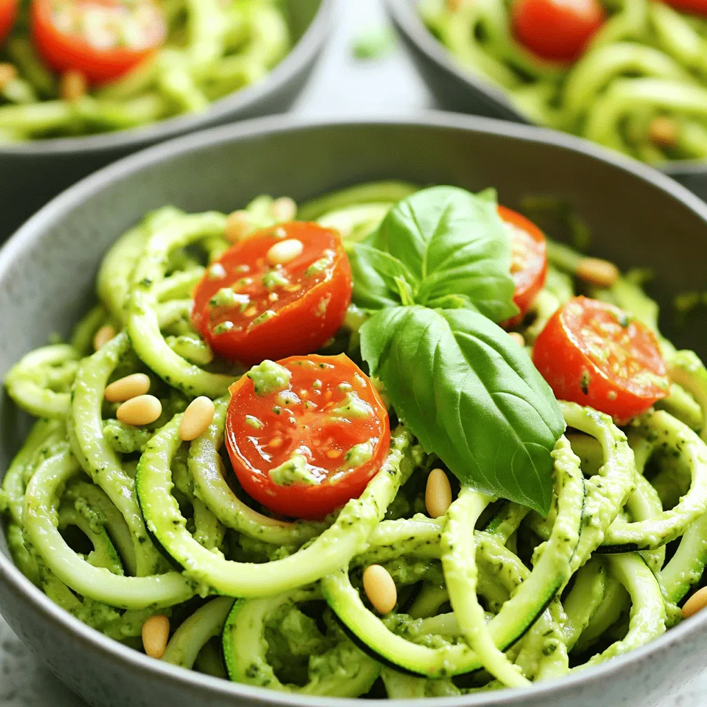To make zucchini noodles with pesto, you need some fresh and simple ingredients. This dish bursts with flavor and is easy to prepare. Here’s what you will need: - 4 medium zucchinis, spiralized into noodles - 1 ripe avocado - 1 cup fresh basil leaves - 1/4 cup pine nuts (or walnuts) - 2 tablespoons nutritional yeast - 2 cloves garlic - 2 tablespoons lemon juice - 1/4 cup olive oil - Salt and pepper to taste - Cherry tomatoes, halved (for garnish) - Grated parmesan cheese (optional, for a non-vegan option) Each of these ingredients plays a key role. The zucchinis serve as a great base. They are light and crunchy. The avocado adds creaminess, while the basil brings freshness. Nuts give a nice texture and flavor. Garlic and lemon juice brighten the dish. Olive oil binds everything together, making it smooth. You can adjust salt and pepper to your taste. Cherry tomatoes add color and sweetness. If you want a richer flavor, add parmesan cheese. For the full recipe, check out the detailed instructions to create this dish. First, let's make the avocado pesto. Grab a food processor and add the ripe avocado, fresh basil leaves, and pine nuts. You can use walnuts if you prefer. Next, add the nutritional yeast, garlic, and lemon juice. Pulse this mix until it becomes smooth. It should look creamy and bright green. As the processor runs, slowly pour in the olive oil. This helps blend the flavors well. After that, season with salt and pepper. Taste it and adjust the seasoning if needed. Your avocado pesto is now ready! Now, let’s cook the zucchini noodles. Heat a drizzle of olive oil in a large skillet over medium heat. Add the spiralized zucchini noodles to the skillet. Stir them gently as they cook. Sauté for about 3 to 4 minutes. The noodles should be tender but still have a little bite. Be careful not to overcook them, or they will get mushy. Once the zucchini noodles are cooked, remove the skillet from heat. Add the prepared avocado pesto to the noodles. Toss everything together gently. You want to make sure the noodles are evenly coated with the creamy sauce. Now, plate the zucchini noodles in deep bowls. Garnish with halved cherry tomatoes for a pop of color. If you like cheese, sprinkle some grated parmesan on top. This dish is fresh, healthy, and bursting with flavor. For the full recipe, check the section above. Enjoy your meal! To make perfect zucchini noodles, start with firm zucchinis. Look for ones that feel heavy for their size. Cut off both ends before spiralizing. This helps the zucchini fit better in the spiralizer. Push down gently as you turn the handle. The noodles should come out evenly and look like spaghetti. If you don’t have a spiralizer, use a vegetable peeler. Just peel long strips for a similar effect. Pesto should be creamy but not too thick. If it feels too thick, add more olive oil. A little water can help too. Blend until you reach your desired smoothness. Taste your pesto before serving. If it’s too strong, add more avocado or lemon juice. This balances the flavors well. Adjust salt and pepper to your liking for a perfect finish. How you serve your dish matters. Use deep bowls to hold the zucchini noodles. They make a lovely display. Top with halved cherry tomatoes for a pop of color. Add a sprinkle of extra pine nuts for crunch. Fresh basil leaves also add vibrancy. You can finish with grated parmesan cheese for a rich touch. This makes your meal look as good as it tastes. For the complete method, follow the Full Recipe. {{image_2}} You can boost your zucchini noodles with protein. Chicken, shrimp, or tofu work great. For chicken, grill or sauté it first. Slice it thin and mix it in. For shrimp, cook them until pink and add them to the noodles. Tofu is a great option for vegans. Use firm tofu, press it, then cube and fry. This step adds a nice texture. Each protein makes the dish heartier and more filling. Pine nuts are popular in pesto, but you can switch them out. Walnuts add a rich flavor and are easier to find. Almonds give a crunch to your dish. If you want a nut-free option, use sunflower seeds. They blend well and keep the pesto creamy. Each nut changes the taste a little, so feel free to experiment. Basil is classic, but you can use other herbs too. Cilantro adds a fresh twist. Parsley gives a lighter flavor that is nice and bright. For a spicy kick, try arugula. Mixing herbs can create unique tastes. You can even combine two or more herbs for fun flavors. This way, you make your pesto special every time. For the full recipe, check out the Zesty Zucchini Noodles with Avocado Pesto. To keep leftover zucchini noodles fresh, store them in an airtight container. Place a paper towel inside to soak up any extra moisture. This keeps the noodles from getting soggy. They will last about 2 to 3 days in the fridge. If you want to freeze them, place the noodles in a freezer bag. Squeeze out all the air before sealing. Frozen noodles can last up to 2 months. Remember, thaw them in the fridge before using. For leftover pesto, transfer it to a clean jar or container. To prevent browning, drizzle a thin layer of olive oil on top. Seal the container tightly. This can keep your pesto fresh for up to 5 days in the fridge. If you want to store it longer, consider freezing it. Ice cube trays are great for this. Pour the pesto into the trays, freeze, and then transfer the cubes to a freezer bag. You can take out just what you need later. When reheating zucchini noodles, it’s best to do so gently. Place them in a skillet on low heat. Add a splash of olive oil or a bit of water to help steam them. Stir often, cooking for 2 to 3 minutes until warm. Avoid high heat, as it can make the noodles mushy. You can also reheat pesto in a small pot on low heat. Stir until warmed through, but do not boil. This will help keep all the fresh flavors intact. For more details, check the Full Recipe. Yes, this recipe is mostly vegan. To keep it vegan, skip the parmesan cheese. The avocado pesto is rich and creamy without it. You still get all the flavor you want. If you don't have a spiralizer, use a vegetable peeler. Simply peel thin strips from the zucchini. You can also use a box grater. Just grate the zucchini into thin strands. Both methods work well for this dish. If pine nuts are hard to find or too pricey, use walnuts or sunflower seeds. These nuts add a nice crunch and flavor. You can also try cashews for a creamier texture. Each option gives the pesto a unique taste. This blog post covered a simple and tasty dish made with zucchini noodles and avocado pesto. You learned about the ingredients, step-by-step instructions, and helpful tips. We discussed variations for more flavors and protein, as well as storage tips for leftovers. Cooking should be fun and easy. You can enjoy healthy meals without much fuss. Try this recipe for a fresh twist on pasta. Enjoy your cooking adventure!