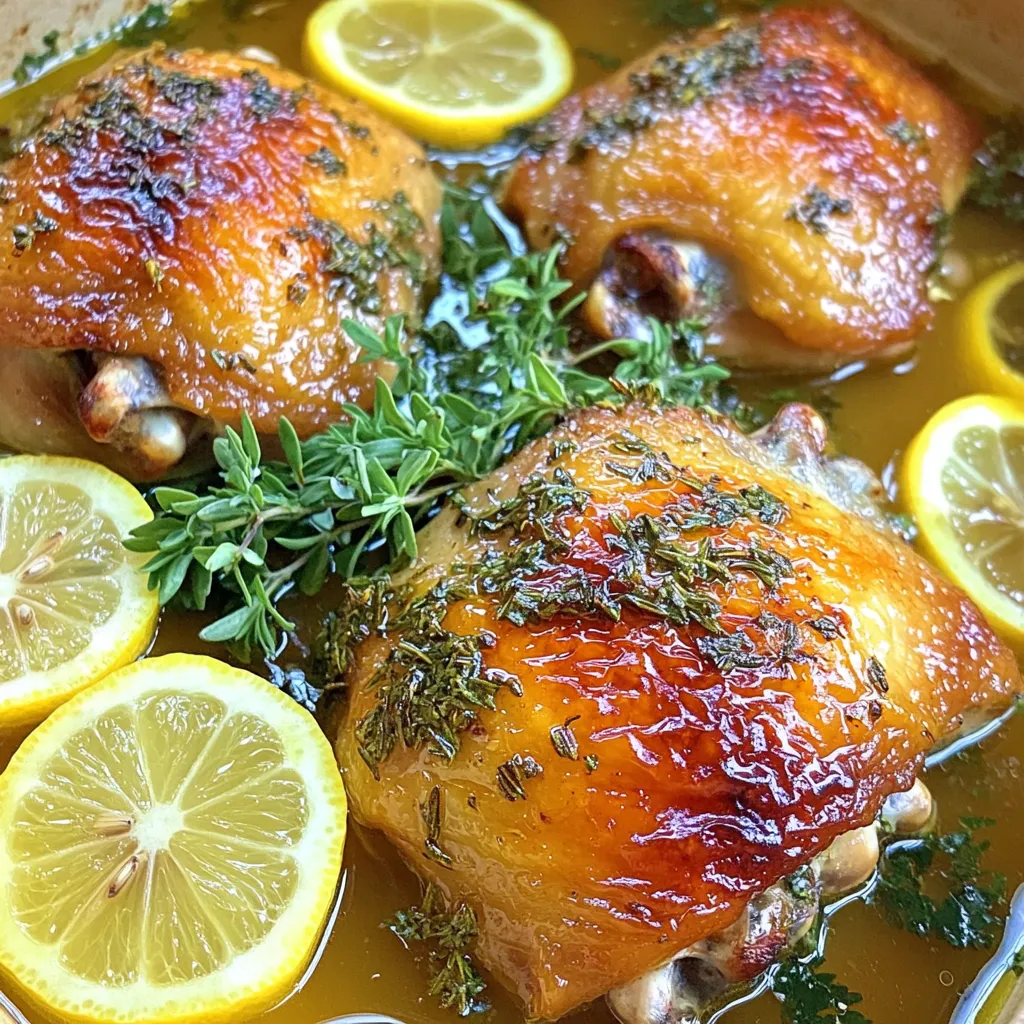 - 4 bone-in, skin-on chicken thighs - 2 tablespoons olive oil - 3 cloves garlic, minced - 1 tablespoon fresh rosemary, chopped - 1 tablespoon fresh thyme, chopped - 1 teaspoon dried oregano - 1 teaspoon paprika - Salt and pepper to taste - 1 lemon, sliced - 1 cup chicken broth - Optional: Fresh parsley for garnish Gathering these ingredients is the first step to great flavor. Each item plays a role in making this dish special. The chicken thighs give a rich taste. The olive oil helps the herbs stick and adds healthy fat. Garlic brings a punch of flavor. Fresh rosemary and thyme add depth. Dried oregano gives a warm note. Paprika adds color and a hint of warmth. Lemon brightens the dish, while chicken broth keeps it juicy. Finally, parsley is a nice touch for color and freshness. Using high-quality herbs is key. Fresh herbs have more flavor than dried. If you can, choose organic chicken for better taste and health. This dish is all about layers of flavor, so use good ingredients. For the full recipe, check the earlier section. It provides clear steps to follow for your cooking adventure. - Preheat your oven to 425°F (220°C). - In a small bowl, mix 2 tablespoons of olive oil, 3 cloves of minced garlic, 1 tablespoon of chopped rosemary, 1 tablespoon of chopped thyme, 1 teaspoon of dried oregano, 1 teaspoon of paprika, and salt and pepper. This mix is your herb paste. - Take 4 bone-in, skin-on chicken thighs and pat them dry with paper towels. - Rub the herb paste all over the chicken. Make sure to get it under the skin, too, for lots of flavor. - Place the chicken thighs skin-side up in a large oven-safe skillet. - Scatter lemon slices around the chicken for added flavor. - Pour in 1 cup of chicken broth, surrounding the chicken without washing off the herb paste. - Roast the chicken in the oven for 35-40 minutes. Check if it’s golden brown and has reached an internal temperature of 165°F (75°C). - For an extra crispy skin, broil the chicken for 2-3 minutes at the end of cooking. - Once done, let it rest for 5 minutes before serving it with fresh parsley, if you like. This recipe is simple and brings out amazing flavors in the chicken. You can find the full recipe for more details. To get that perfect crispy skin, broiling is key. After roasting the chicken thighs, turn on the broiler for 2-3 minutes. Watch closely to avoid burning. The skin will turn golden and crunchy. This step makes your dish look and taste amazing. For the best flavor, marinate the chicken thighs for at least 30 minutes. You can also marinate them overnight in the fridge. This gives the herbs time to soak in. Just remember to bring them back to room temperature before cooking. This helps them cook evenly. Want to amp up the flavor? Try adding a pinch of chili flakes for heat. You can mix in lemon zest for a bright taste. Other herbs like sage or tarragon also work great. Experimenting with flavors keeps your meals exciting. For more ideas, check the Full Recipe. {{image_2}} You can switch up the flavor of your chicken thighs easily. Here are two great ideas: - Spicy herb version: Add a pinch of chili flakes to the herb paste. This gives your dish a warm kick. - Lemon herb version: Mix in some lemon zest. This adds brightness and freshness to the chicken. If you run out of some ingredients, don’t worry! Here are some good swaps: - You can use vegetable broth instead of chicken broth. It works just as well. - For oil, try avocado oil or melted butter. Both add great taste. If you want a different flavor, try grilling the chicken instead. Grilling gives the chicken a nice smoky taste. Just make sure to check for doneness as you cook. You can still use the herb paste for grilling. This keeps the flavors strong and tasty. For the full recipe, check back to the beginning! After cooking, let the chicken cool down. Place it in an airtight container. You can store it in the fridge for up to four days. If you want to keep it longer, freeze the chicken. Be sure to wrap it well in plastic wrap and then in foil. It can last in the freezer for three months. For the best taste, reheat the chicken in the oven. Set your oven to 350°F (175°C). Place the chicken in an oven-safe dish. Cover it with foil to keep it moist. Heat for about 20-25 minutes or until warm. You can also reheat it in a skillet over medium heat. Add a bit of broth or water to help keep it juicy. Savory Herb Roasted Chicken Thighs can last up to four days in the fridge. If frozen, it will stay good for about three months. Always check for any changes in smell or color before eating. If in doubt, throw it out! Yes, you can use boneless chicken thighs. They cook faster than bone-in thighs. Adjust the cooking time to about 25-30 minutes. Always check if they're done. The internal temperature should reach 165°F (75°C). Pair your chicken thighs with simple sides. Here are some tasty options: - Roasted vegetables like carrots and Brussels sprouts - Creamy mashed potatoes - A fresh green salad with vinaigrette - Quinoa or rice for a hearty base These sides balance the rich flavors of the chicken. Check the chicken's internal temperature. Use a meat thermometer for the best results. Insert it into the thickest part of the thigh without touching bone. When it reads 165°F (75°C), the chicken is safe to eat. If you don’t have a thermometer, check if the juices run clear when pierced. Yes, you can prepare this dish ahead. Marinate the chicken thighs up to 24 hours before cooking. Store them in the fridge in a sealed bag or container. You can also cook the chicken in advance. Let it cool, then store it in the fridge for 3-4 days. To enjoy later, just reheat it gently in the oven or microwave. For the full recipe, check the instructions above. Savory Herb Roasted Chicken Thighs are simple to make and full of flavor. We discussed the key ingredients and steps to get crispy skin. Tips for marinating and flavor enhancements add depth to your dish. You can try variations for a different taste or use substitutes as needed. Remember to store your leftovers properly and enjoy them later. Follow these steps for a delicious meal that impresses everyone. Cooking can be easy and fun with the right guidance!