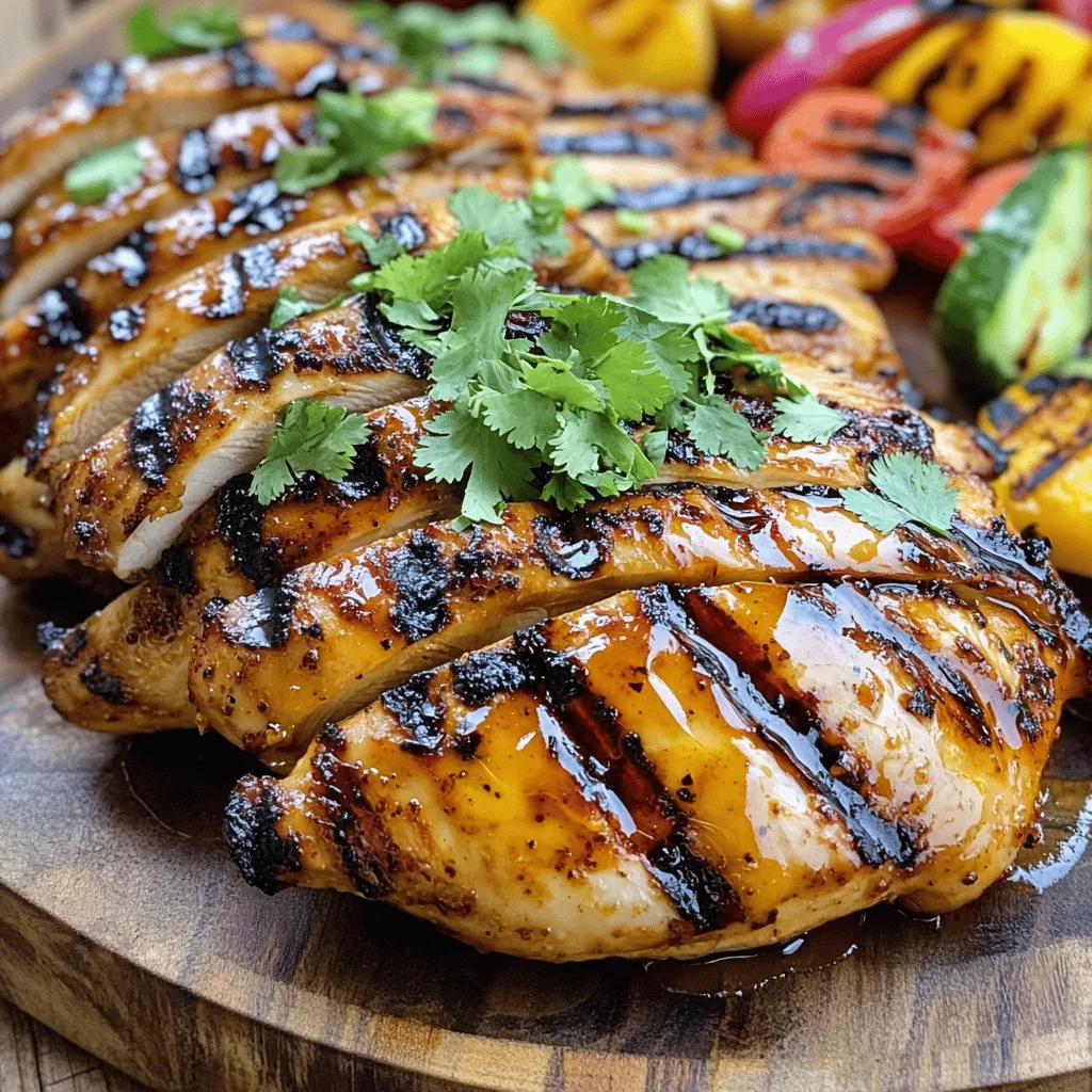 - 4 boneless, skinless chicken breasts - 1/4 cup honey - 2 tablespoons soy sauce - 1 tablespoon chili garlic sauce - 1 tablespoon olive oil - 2 cloves garlic, minced - 1 teaspoon ground ginger - 1 teaspoon smoked paprika - Salt and pepper to taste For this Sweet and Spicy Grilled Chicken, use fresh chicken breasts for the best flavor. The marinade combines sweet and spicy notes. Honey adds sweetness, while chili garlic sauce brings the heat. Each ingredient plays a role in creating a balanced taste. - Fresh cilantro, chopped (for garnish) - Optional garnish ideas: sesame seeds, lime wedges For garnish, fresh cilantro brightens the dish. It adds color and a fresh taste. If you want to elevate the look, sprinkle sesame seeds on top. Lime wedges can give a nice zing when served. These small additions make a big difference. - Grill or cooking equipment: outdoor grill or stovetop grill pan - Cooking tools needed: mixing bowl, whisk, resealable plastic bag or shallow dish, grill tongs, meat thermometer You need a grill for cooking. An outdoor grill is ideal, but a stovetop grill pan works too. Essential tools include a mixing bowl for the marinade and a whisk to blend it well. A resealable bag or dish helps marinate the chicken. Grill tongs make flipping easy. Finally, a meat thermometer ensures your chicken is safe to eat. For the full recipe, check the instructions provided. To make the marinade, start by whisking together the main ingredients. In a bowl, combine: - 1/4 cup honey - 2 tablespoons soy sauce - 1 tablespoon chili garlic sauce - 1 tablespoon olive oil - 2 cloves garlic, minced - 1 teaspoon ground ginger - 1 teaspoon smoked paprika - Salt and pepper to taste Whisk these together until smooth. This mixture will give your chicken that sweet and spicy kick. For the right container, use a resealable plastic bag or a shallow dish. Both options work well for marinating. Now, it’s time to marinate the chicken. Place the 4 boneless, skinless chicken breasts in your chosen container. Pour the marinade over the chicken, making sure it's well-coated. Seal the bag or cover the dish tightly. How long should you marinate? For best flavor, let it sit for at least 1 hour. If you have time, marinate for up to 4 hours. Always keep the chicken in the fridge while it marinates to stay safe. Before grilling, preheat your grill to medium-high heat. This step is crucial for getting those nice grill marks. After preheating, take the chicken out of the marinade. Let the excess drip off, then discard the leftover marinade. Grill the chicken for about 6-7 minutes on each side. You want the chicken to reach an internal temperature of 165°F (75°C). Check the temperature with a meat thermometer to ensure it’s safe to eat. After grilling, let the chicken rest for 5 minutes before slicing. This helps keep it juicy. For a beautiful finish, garnish with fresh chopped cilantro as shown in the Full Recipe. Enjoy your sweet and spicy grilled chicken! To get great grill marks, follow these simple steps: - Preheat the grill to medium-high heat. This helps create a nice sear. - Place chicken on the grill at a 45-degree angle. This gives those beautiful diamond marks. - Avoid flipping the chicken too often. Let it cook for 6-7 minutes before turning. - Watch the temperature. If the grill is too hot, the chicken can burn. Common mistakes can ruin your grilling. Here’s what to avoid: - Don’t skip preheating. A cold grill means no grill marks. - Avoid overcrowding. Too much chicken on the grill leads to uneven cooking. - Don’t press down on the chicken. This squeezes out juices and makes it dry. Want to boost the flavor of your chicken? Try these tips: - Add cumin or coriander for a warm, earthy taste. - Use lime or lemon juice for a fresh twist. - Consider adding fresh herbs like rosemary or thyme to the marinade. For flavor infusions, think outside the box: - Soak the chicken in coconut milk for a tropical touch. - Try using fruit juices like pineapple or orange for sweetness. - Mix in some mustard for a tangy kick. To make your Sweet and Spicy Grilled Chicken shine, pair it with these sides: - A fresh salad with greens, tomatoes, and a light vinaigrette. - Grilled vegetables like zucchini, bell peppers, or corn on the cob. - Rice or quinoa for a filling addition. For a creative presentation, try these ideas: - Serve on a large platter with colorful garnishes. - Drizzle some extra honey on top for shine. - Sprinkle sesame seeds for added texture and crunch. These tips will help you create a meal that looks and tastes great! Check out the Full Recipe for more details. {{image_2}} You can switch out honey for other sweeteners. Agave syrup works well, as it has a similar consistency. It adds a mild sweetness. Maple syrup is another great option. It brings a rich flavor and pairs nicely with the spices. Both choices can make your dish unique. Experimenting with sweeteners can really change the vibe of the chicken. Chicken is fantastic, but you can also try other proteins. Steak gives a hearty bite and rich flavor. Shrimp cooks quickly and adds a lovely seafood twist. Tofu is a great plant-based option. It absorbs flavors well and is perfect for a veggie meal. Each protein will change the dish's taste and texture in fun ways. If you like heat, you can boost the spice in the marinade. Add more chili garlic sauce for extra kick. You could also mix in red pepper flakes for a more intense flavor. If you want a smoky taste, try adding chipotle powder. Adjusting the heat can make this dish your own. Just remember, start small and taste as you go! To keep your sweet and spicy grilled chicken fresh, store leftovers right away. Place the chicken in an airtight container. This prevents air from getting in and helps keep the flavor. Refrigerate it within two hours of cooking. The chicken will stay good for up to four days in the fridge. When you want to enjoy your leftovers, reheating is key. You can use a microwave or oven. If using a microwave, heat it on medium power. This helps avoid drying it out. If you prefer the oven, set it to 350°F (175°C). Cover the chicken with foil to lock in moisture. Heat until it reaches 165°F (75°C) for safe eating. Freezing is a great way to save your grilled chicken for later. To freeze, let the chicken cool completely. Wrap each piece in plastic wrap, then place it in a freezer bag. This keeps them fresh for up to three months. When you're ready to eat, thaw it in the fridge overnight for the best results. Avoid thawing at room temperature to keep it safe. I suggest marinating the chicken for at least 1 hour. This time allows the flavors to soak in well. For even more taste, marinate for up to 4 hours. The longer you marinate, the more intense the flavors become. Just be careful not to marinate too long, as it can change the chicken's texture. Yes, you can prepare the chicken ahead of time. Marinate it the night before for the best flavor. Then, just grill it when you are ready. This makes it easy for busy days or meal prep. Store the marinated chicken in the fridge until you are ready to cook. You can serve this dish with many sides. Grilled vegetables, rice, or a fresh salad work great. For drinks, try iced tea or a light beer. These options pair well and balance the spicy sweetness of the chicken. To add heat, use more chili garlic sauce. You can also mix in some crushed red pepper flakes. These options keep the flavor while giving you that extra kick. Just remember to taste as you go to find the right level for you. The safe internal temperature for grilled chicken is 165°F (75°C). Use a meat thermometer to check the thickest part of the breast. This ensures the chicken is cooked safely and is juicy. Avoid undercooking or overcooking for the best results. This blog post covered how to make Sweet and Spicy Grilled Chicken. We talked about the main ingredients, cooking tools, and the steps to prepare and grill the chicken. I shared tips to get perfect grill marks and enhance flavors. You learned about variations to try and storage info for leftovers. In summary, grilling chicken can be simple and fun. With these steps, you can impress at any meal. Enjoy your cooking, and keep experimenting with flavors!