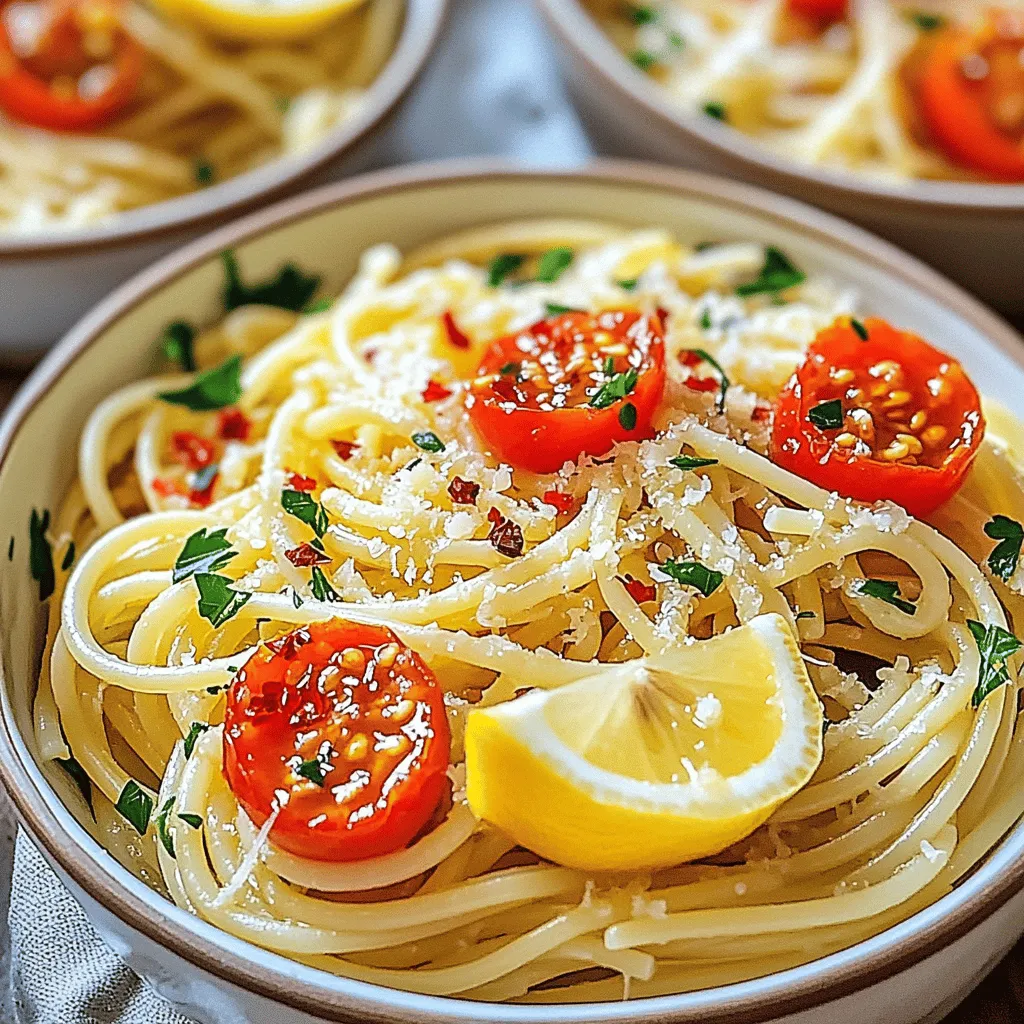 - 300g spaghetti - 6 cloves garlic, thinly sliced - 1/2 teaspoon red pepper flakes - 1/4 cup extra-virgin olive oil - Zest and juice of 1 lemon - 1/2 cup fresh parsley, chopped - Salt to taste - Freshly grated Parmesan cheese (optional) - 1 cup cherry tomatoes, halved To make Spaghetti Aglio e Olio, you need simple and fresh ingredients. The garlic is key. It adds depth and flavor. Thinly sliced garlic cooks fast, so watch it closely. Red pepper flakes give the dish a bit of spice. You can add more or less based on your taste. Extra-virgin olive oil is the base for the sauce. It should be high quality for the best flavor. The lemon zest and juice brighten up the dish. Fresh parsley adds color and freshness. Salt enhances all the flavors, so don’t skip it. If you like cheese, sprinkle on some Parmesan at the end. The cherry tomatoes are a fun addition. They bring sweetness and juiciness. You can use them or leave them out. They add a nice twist to the classic recipe. Check out the Full Recipe for more details on how to prepare this dish. - Protein options (shrimp, chicken) - Seasonal vegetables - Other herbs and spices To make the meal heartier, think about adding proteins. Shrimp or chicken cook quickly and add great flavor. Seasonal vegetables like spinach or zucchini can also bring in extra nutrients. Herbs like basil or oregano can enhance the taste too. Feel free to get creative with what you have! To start, boil water in a large pot. Add salt to the water. This step adds flavor to the spaghetti. Once the water reaches a rolling boil, add 300g of spaghetti. Cook according to package instructions until it is al dente. This usually takes around 8 to 10 minutes. After cooking, reserve 1 cup of pasta water. This is key for the sauce. Drain the spaghetti but do not rinse it. In a large skillet, pour in 1/4 cup of extra-virgin olive oil. Heat it over medium heat. Add 6 cloves of sliced garlic. Sauté the garlic until it turns golden, about 2 minutes. Be careful not to burn it. Next, stir in 1/2 teaspoon of red pepper flakes. This adds a nice kick to the dish. Allow the flakes to cook for about 30 seconds. Then, add 1 cup of halved cherry tomatoes. Cook these for 3 to 4 minutes. They should soften and become juicy. Now it’s time to combine! Toss the drained spaghetti into the skillet. Mix it well to coat it with the garlic and oil. Add the zest and juice of 1 lemon. Also, add half of the chopped parsley. If the pasta looks dry, add some reserved pasta water. Keep mixing until you reach your desired creaminess. Finally, season with salt to taste. Remove the skillet from heat. Your delicious Spaghetti Aglio e Olio is ready to enjoy! For the full recipe, check out the detailed guide. To get great flavor, focus on sautéing garlic just right. Use medium heat and watch it closely. Garlic cooks fast and can burn easily. Sauté it for about two minutes until golden, but not brown. This gives a nice, sweet flavor. Next, balance spice and acidity with lemon. The zest adds a fresh burst, while the juice brightens the dish. Add lemon juice right before serving. This keeps the flavor fresh and lively. For al dente pasta, cook spaghetti for 8-10 minutes. Check the package for exact times, as brands vary. You want it to be firm but not hard. Timing is key for adding ingredients. Toss in cherry tomatoes after the garlic. Cook them for 3-4 minutes until they soften. This keeps them fresh and juicy. Don't forget to reserve some pasta water before draining. It helps bind the dish together later. When plating Spaghetti Aglio e Olio, use shallow bowls. This makes the dish look inviting. Add a drizzle of olive oil on top for shine. Garnish with parsley for color. A lemon wedge on the side adds a nice touch. You can also sprinkle freshly grated Parmesan cheese for extra flavor. Enjoy your beautiful, tasty dish! For the full recipe, check out the link provided. {{image_2}} You can easily add proteins like shrimp or chicken to make your dish heartier. This small change can turn a light meal into a filling feast. You can also incorporate seasonal vegetables, like zucchini or asparagus, for a fresh taste. These add color and nutrition to your plate, making your meal even better. To make your dish pop, try infusing extra-virgin olive oil with herbs. You can use rosemary, thyme, or basil. This simple step adds rich flavors without much effort. Another great idea is to use different types of cheese for depth. Pecorino Romano or a tangy goat cheese can bring new taste sensations to your Spaghetti Aglio e Olio. If you want to simplify your cooking, try the one-pot spaghetti method. Cook everything together for a quick meal with less cleanup. Just toss the raw pasta, garlic, and oil into the pot with water and let it cook. You can also make a baked version. This way, your pasta gets crispy edges while remaining soft inside, offering a delightful contrast. For the full recipe, visit [Full Recipe]. To store leftover spaghetti, let it cool first. Place it in an airtight container. Make sure to refrigerate it. Leftovers can last up to three days in the fridge. If you want to keep it longer, you can freeze spaghetti for up to three months. To reheat spaghetti, the stovetop is best. Heat a pan over medium heat. Add a splash of water or olive oil. This helps keep the pasta moist. Stir occasionally until warm. You can also use the microwave. Place the spaghetti in a bowl, cover it, and heat in short bursts. Check often to avoid drying it out. Enjoy your meal! Yes, you can! If you skip the cheese, the dish remains tasty. You might add a splash of cream for a creamy texture. Another option is to use nutritional yeast. It gives a cheesy flavor without dairy. Salads go great with this dish. A simple green salad with lemon dressing works well. Garlic bread is also a fantastic choice. It complements the garlic flavor in the pasta. To serve more people, just multiply the ingredients. For example, double everything for eight servings. Keep the cooking times the same, but check the pasta for doneness. You may need a larger pot for boiling. If you lack olive oil, use avocado oil or sunflower oil. Both have a mild taste that works well. Grapeseed oil is another option, as it has a light flavor too. You can find the full recipe [here](Full Recipe). It has all the steps and tips to make this dish perfect. Spaghetti Aglio e Olio is simple yet delicious. We covered key ingredients, cooking steps, and tips to enhance flavor. You can customize this dish by adding proteins and veggies. Remember to balance the garlic and lemon for taste. If you store leftovers, keep them moist while reheating. Enjoy your cooking adventure and try the variations for a fresh twist. You’ll impress anyone with this dish!