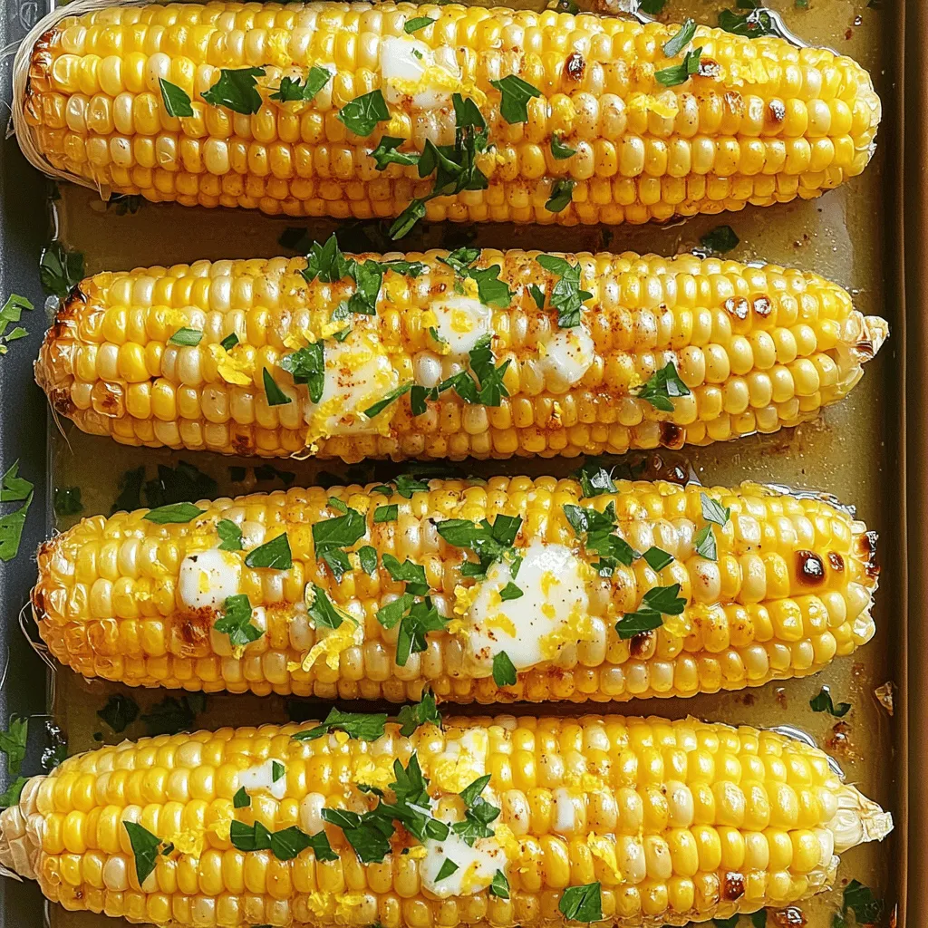 - 4 ears of corn, husked - 4 tablespoons unsalted butter, melted - 3 cloves garlic, minced - Zest of 1 lemon - 2 tablespoons fresh lemon juice - 1 teaspoon paprika - Salt and pepper to taste - Fresh parsley, chopped (for garnish) What can I use instead of unsalted butter? You can swap unsalted butter for olive oil or coconut oil. Both choices add nice flavors. What are alternatives for fresh garlic? You can use garlic powder as a quick fix. One teaspoon of garlic powder equals one clove of garlic. How can I substitute fresh lemon juice? If you don’t have fresh lemon juice, use bottled lemon juice. You might want to adjust the amount for taste. This recipe brings a burst of fresh taste to any meal. Check out the Full Recipe for cooking details! First, preheat your oven to 400°F (200°C). This step is key for even cooking. While the oven heats, prepare your baking sheet. Line it with parchment paper for easy cleanup. Next, mix the lemon garlic butter. In a small bowl, combine the melted butter, minced garlic, lemon zest, lemon juice, paprika, salt, and pepper. Stir until everything blends well. This mixture adds a bright flavor to the corn. Now, it’s time to coat the corn. Take your husked ears of corn and lay them on the prepared baking sheet. Use a brush to apply the lemon garlic mixture generously. Make sure every ear is well coated for the best taste. Roast the corn in the oven for 25-30 minutes. Turn the corn every 10 minutes. This helps it cook evenly and get a nice char. Look for tender corn with some golden spots when done. Once the corn is roasted, take it out and let it cool for a few minutes. Garnish with chopped fresh parsley for a pop of color. You can drizzle leftover garlic butter from the baking sheet over the corn for extra flavor. This dish pairs well with grilled meats or fresh salads. It makes a lovely side for summer barbecues or family dinners. For the full recipe, check out the complete guide on Lemon Garlic Roasted Corn. To make perfect roasted corn, you want the right char and tenderness. Start by preheating your oven to 400°F (200°C). This heat gives the corn that nice roasted flavor. Roast the corn for 25 to 30 minutes. Turn it every ten minutes. This ensures even cooking and nice char spots. For even coating of flavors, brush the lemon garlic mixture on each ear of corn. Use a basting brush for the best results. Make sure to coat all sides. This helps every bite burst with flavor. Serve your lemon garlic roasted corn right after cooking. It tastes best hot and fresh from the oven. The lemon juice and garlic flavors shine when warm. If you have leftovers, store them in an airtight container in the fridge. They last about three days. You can reheat them in the oven or microwave. For a quick snack, enjoy them cold or add them to salads. Try drizzling a little olive oil over the corn for extra flavor. For the full recipe, check out the [Full Recipe]. {{image_2}} To make lemon garlic roasted corn even more exciting, you can add herbs and spices. Fresh herbs like basil or cilantro can bring a nice twist. Dried spices like cumin or chili powder also work well. These options can change the flavor profile easily. If you like heat, try adding cayenne pepper or red pepper flakes. This addition gives your corn a spicy kick. You can mix these spices right into the butter for even coverage. You can grill your corn for a smoky flavor. To grill, soak the husked corn in water for 30 minutes. Then, place it on the grill over medium heat. Turn it every few minutes until it’s charred and cooked through. This takes about 15-20 minutes. If you prefer the stovetop, you can also use a skillet. Heat a bit of butter in a large pan over medium heat. Add the corn and cook for about 10-15 minutes. Stir frequently until it's tender and has a nice golden color. Each method gives you a unique taste, so feel free to experiment! You can find the full recipe [here]. To keep your Lemon Garlic Roasted Corn fresh, store it right. First, let the corn cool down. Then, wrap each ear in plastic wrap or place it in an airtight container. This keeps moisture in and prevents drying out. You can store it in the fridge for up to four days. If you want to save it for longer, freezing is a great option. Wrap each ear tightly in foil, then place them in a freezer bag. They can last for up to six months in the freezer. When it's time to enjoy your leftovers, you want them to taste great. There are a few ways to reheat them. The oven is my favorite method. Preheat it to 350°F (175°C). Place the corn on a baking sheet and cover it with foil. Heat for about 10-15 minutes. This warms the corn evenly without losing flavor. You can also use the microwave for a quicker option. Place the corn on a microwave-safe plate and cover it with a damp paper towel. Heat for 1-2 minutes, checking often to avoid overheating. If you want a bit of char, you can quickly sear the corn in a hot pan for a minute or two. Enjoy your tasty Lemon Garlic Roasted Corn just like it was fresh! For the full recipe, check out the details above. What can I substitute for corn on the cob? You can use canned corn or frozen corn. Both options work well. For canned corn, drain it well. For frozen corn, thaw it first. This swap can save time and still taste great. Can I use frozen corn for this recipe? Yes, frozen corn is perfect for this recipe. Just make sure to thaw it completely and pat it dry. This helps to avoid excess moisture. You can then follow the same roasting steps. How can I make Lemon Garlic Roasted Corn spicier? To add heat, you can mix in red pepper flakes or cayenne pepper. Just a pinch can spice things up. You can also add a dash of hot sauce to the butter mixture for an extra kick. What is the best way to select fresh corn? Look for corn with bright green husks. The silk should be silky and slightly sticky. Check that the kernels are plump and full. If they feel firm and slightly moist, you’ve got a winner! This blog covers the best ways to make Lemon Garlic Roasted Corn. You learned about the simple ingredients, substitutions, and step-by-step cooking instructions. I shared tips for perfecting your corn and serving suggestions to impress your guests. We also discussed variations and storage to make your meal prep easier. As you try this recipe, keep these ideas in mind. Enjoy creating a delicious dish that will wow everyone who tastes it!