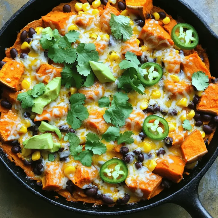 - 2 large sweet potatoes, peeled and diced - 1 tablespoon olive oil - 1 teaspoon smoked paprika - 1/2 teaspoon cumin - Salt and pepper to taste - 1 can black beans, rinsed and drained - 1 cup canned corn, drained - 1 cup cherry tomatoes, halved - 1 avocado, diced - 1/2 cup shredded cheese (cheddar or a vegan alternative) - 2 tablespoons chopped fresh cilantro - 1 jalapeño, sliced (optional) - Lime wedges for serving The heart of this dish lies in its vibrant ingredients. Sweet potatoes bring sweetness and a lovely texture. The spices, like smoked paprika and cumin, add depth. Black beans and corn offer protein and a satisfying bite. Fresh cherry tomatoes and avocado brighten the dish, adding freshness. You can customize the toppings for more fun. Try adding more cheese for a gooey texture or extra jalapeños for heat. Fresh herbs, like cilantro, enhance flavor. Each ingredient plays a key role in making this Loaded Sweet Potato Nacho Skillet a hit. For the full recipe, follow the steps outlined and enjoy every bite! First, preheat your oven to 400°F (200°C). This step makes sure your sweet potatoes roast well. In a big bowl, toss your diced sweet potatoes with olive oil, smoked paprika, cumin, salt, and pepper. Make sure each piece gets coated. This will add flavor and help them crisp up. Next, spread the sweet potatoes on a baking sheet in a single layer. This helps them cook evenly. Bake them for about 25-30 minutes. Flip them halfway through for the best results. You want them tender and crispy. If they look golden, you nailed it! Once the sweet potatoes are ready, reduce the oven temperature to 350°F (175°C). Grab a large oven-safe skillet. Layer the roasted sweet potatoes first. Then, add black beans, corn, and cherry tomatoes. Each layer builds flavor and texture. Using an oven-safe skillet is key, so your nachos don’t spill out. Now, sprinkle your shredded cheese evenly over the top. This is where the magic happens! Put the skillet back in the oven and bake for another 10-15 minutes. You want the cheese to melt and bubble. This makes the nachos extra gooey and delicious. After baking, take the skillet out of the oven. Let it cool for a minute. Then, add fresh toppings like diced avocado, sliced jalapeños, and chopped cilantro. These give a fresh crunch. Serve with lime wedges for that zesty kick. For the full recipe, you can refer to the earlier sections. Enjoy your Loaded Sweet Potato Nacho Skillet! To get sweet potatoes crispy, start by cutting them into small, even cubes. This ensures they cook evenly. Toss them with olive oil and your favorite spices. I love using smoked paprika and cumin. These spices add a warm, rich flavor that elevates the dish. Don't forget to season with salt and pepper. Spread the sweet potatoes on a baking sheet in one layer. This helps them roast, not steam. Bake at 400°F for about 25-30 minutes. Flip them halfway to ensure they crisp up on all sides. If they are golden and soft, you nailed it! When serving the Loaded Sweet Potato Nacho Skillet, add some fun dips. Guacamole or salsa pairs well and adds freshness. Lay out the skillet on a large table or serving board for a fun presentation. You can also serve each person their own small plate. This way, they can build their own nachos with toppings. Use lime wedges for a zesty touch. This makes the dish even more exciting! Sweet potatoes are packed with vitamins A and C. They are low in calories but high in fiber. Black beans add protein and fiber too. Together, they make a filling meal that is good for you. Toppings like avocado and cilantro provide healthy fats and fresh flavor. Avocado is also full of nutrients that keep your heart healthy. Adding these toppings not only makes the dish taste great but boosts its health benefits. For the complete Loaded Sweet Potato Nacho Skillet recipe, check the Full Recipe. {{image_2}} You can easily make this dish fit your diet. For a vegan option, use a dairy-free cheese. Many brands offer tasty alternatives. If you're gluten-free, check your spices and beans. Most are safe, but always read labels. You can swap beans for lentils if you need a different protein. Try different cheeses to change up the flavor! Pepper jack adds a nice kick. You can also mix cheeses for a creamy blend. Want to add more fun? Top with salsa, guacamole, or a drizzle of hot sauce. Chopped green onions or pickled jalapeños can also bring extra zing. Turn this dish into a wrap or taco by using large tortillas. Just fill them with the sweet potato mix. For breakfast, you can add scrambled eggs or sautéed spinach. This makes it a hearty morning meal. Enjoy the versatility of this dish and get creative! Check out the Full Recipe for more ideas. To keep your Loaded Sweet Potato Nacho Skillet fresh, put leftovers in an airtight container. This helps seal in flavor and moisture. Store them in the fridge for up to three days. To reheat, use the oven at 350°F (175°C) for about 10 minutes. This makes the sweet potatoes crispy again. You can also use a microwave for a quick reheat, but the texture might change. If you want to save your nachos longer, freezing is a great option. First, let the dish cool completely. Then, transfer it into a freezer-safe container. You can freeze it for up to three months. When you’re ready to eat, thaw it overnight in the fridge. Reheat in the oven for the best taste and texture. The sweet potatoes and other ingredients have a good lifespan. When stored properly, they can last three days in the fridge and three months in the freezer. Look for signs of spoilage, such as off smells or discoloration. If you see any mold or if the texture feels off, it’s best to throw it out. Always prioritize safety when it comes to food! Yes, you can use regular potatoes. They have a different taste and texture. Sweet potatoes are sweeter and creamier. Regular potatoes are starchier and firmer. This change may alter the flavor and health benefits. Sweet potatoes provide more vitamins and fiber. If you prefer a classic nacho vibe, go for regular potatoes. The spice level can change with jalapeños. They add a nice heat but are not too hot. If you want less spice, remove the seeds and ribs. You can also skip the jalapeños altogether. For more heat, add more slices or use hotter peppers. Adjusting spice helps cater to different tastes. Yes, you can prep this dish in advance. You can roast the sweet potatoes and store them. Keep the toppings separate until ready to serve. This keeps everything fresh and crisp. Store in the fridge for up to three days. Just reheat before adding toppings for the best taste. If you want a cheese substitute, try nutritional yeast. It gives a cheesy flavor without dairy. You can also use cashew cheese or a vegan cheese option. These alternatives melt well and taste great. Each option will change the flavor a bit but still adds creaminess. To make this dish healthier, use less cheese or choose a low-fat option. You can also add more veggies, like bell peppers or spinach. Use homemade salsa instead of store-bought for fewer preservatives. Try using less oil when roasting the sweet potatoes. These changes enhance nutrition without losing flavor. For the full recipe, check the details above! The blog post covers how to make a delicious Loaded Sweet Potato Nacho Skillet. We explored ingredients like sweet potatoes, spices, beans, cheese, and optional toppings. I shared simple steps for preparation, layering, and baking. Tips on roasting and delicious serving ideas can enhance flavor. You can also find variations to suit your diet and storage advice to keep leftovers fresh. In the end, this dish is easy to make and fun to share. Enjoy the balance of taste and health that loaded sweet potatoes offer!