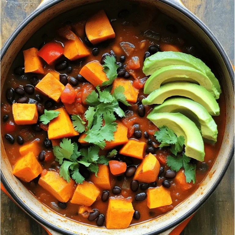 To make a yummy sweet potato black bean chili, you need a few key ingredients. Here’s a detailed list to help you gather everything you need: - Sweet potatoes: Use 2 medium sweet potatoes. Peel and dice them into small pieces. - Black beans: Grab 1 can (15 oz) of black beans. Make sure to drain and rinse them before adding. - Diced tomatoes: You’ll need 1 can (14 oz) of diced tomatoes. This adds nice flavor and texture. - Onion and garlic: One medium onion, chopped, and 2 cloves of garlic, minced. These give your chili a great base flavor. - Bell pepper: Choose 1 bell pepper, either red or green. Chop it into bite-sized pieces. - Spices and herbs: Use 1 tablespoon of chili powder, 1 teaspoon of cumin, 1 teaspoon of smoked paprika, and 1/2 teaspoon of cayenne pepper. Adjust the cayenne to your spice level. These ingredients come together to create a rich and savory dish. For the full recipe, follow the link provided to guide you through cooking this delicious meal. First, heat 1 tablespoon of olive oil in a large pot over medium heat. Add 1 chopped onion and 1 chopped bell pepper. Sauté these for about 5 minutes. You want them soft and fragrant. Next, stir in 2 minced garlic cloves. Cook for another 1-2 minutes. This will give your chili a great base flavor. Now it's time to add the star ingredients. Toss in 2 diced sweet potatoes, 1 tablespoon of chili powder, 1 teaspoon of cumin, 1 teaspoon of smoked paprika, and 1/2 teaspoon of cayenne pepper. Stir everything together. Let it cook for about 2-3 minutes. This step allows the spices to bloom. After that, pour in 2 cups of vegetable broth. Add 1 can of diced tomatoes and 1 can of black beans. Season with salt and pepper to taste. Bring the mixture to a boil. Then, reduce the heat to low. Cover the pot and let it simmer for 25-30 minutes. This will help the sweet potatoes cook through. Stir occasionally to prevent sticking. Once the sweet potatoes are tender, check the consistency. If it's too thick, you can add more broth. Taste the chili and adjust the seasoning as needed. You may want to add more spices or salt. Enjoy the rich flavors in each bite! - Optimal cooking times: Cook the sweet potatoes for about 25-30 minutes. This lets them become tender and soak up flavors. Check for doneness by piercing them with a fork. If it goes in easily, they're ready. - How to prevent burning: Stir the chili every few minutes while it simmers. This keeps the ingredients moving and prevents them from sticking to the pot. Adding a splash of broth or water can help if you notice it thickening too much. - Adjusting spice levels: If you love heat, add more cayenne pepper. Start with a little and taste as you go. You can always add more, but it’s hard to take it out! - Adding other vegetables: Feel free to sneak in veggies like corn, zucchini, or even kale. These add more color and nutrients to your chili. Just chop them small so they cook evenly. - Garnishing techniques: Top your chili with fresh cilantro and avocado slices. This adds a nice pop of color and flavor. You can also sprinkle some cheese or a dollop of sour cream for creaminess. - Best serving utensils: Use a large ladle for serving. This makes it easier to dish out portions. Pair it with bowls that have a wide rim to show off your beautiful chili. {{image_2}} You can boost the protein in your chili easily. Adding tofu or tempeh works great. Firm tofu can soak up flavors well. Just cut it into small cubes and add it when cooking. Tempeh has a nutty taste. Crumble it into the pot for a hearty texture. Quinoa is another fantastic option. It cooks fast and adds protein. Rinse one cup of quinoa and add it with the broth. It will soak up the chili's flavors and make it even heartier. If you need a gluten-free option, this chili is simple to modify. All the ingredients are naturally gluten-free. Just check your vegetable broth to ensure it’s gluten-free. For those who follow a vegan diet, you can enjoy this dish too. It’s already plant-based! You don’t need any animal products here. If you want a creamier texture, you can add coconut milk or cashew cream. These options keep it vegan while adding richness. You can change the flavor of your chili with different spices. Try using chipotle powder for a smoky kick. Or add ground coriander for a fresh taste. Adjust the spices to suit your taste. Using alternative beans can also change the flavor. Chickpeas or kidney beans can bring a new twist. You can even mix beans together for variety. This keeps your chili exciting and fun to make. For the full recipe, don’t forget to check the link above! Store your chili in airtight containers. Glass or BPA-free plastic containers work well. This keeps the flavor fresh. In the fridge, your chili lasts about 4 to 5 days. Make sure it cools first before sealing. To freeze, use freezer-safe containers or bags. Leave some space for expansion. Divide the chili into single servings for easy thawing. When you're ready to eat, thaw it in the fridge overnight. You can reheat it on the stove or microwave. Stir well to ensure even heating. Pair your chili with warm cornbread or tortilla chips. A side salad adds a fresh touch. Top it with avocado slices for creaminess. You can also sprinkle on some cheese if you like. For a fun twist, serve it with rice or quinoa for a heartier meal. Check out the Full Recipe for more ideas! Can I make this in a slow cooker? Yes, you can! Start by sautéing the onion, garlic, and bell pepper in a pan. Then, add everything to the slow cooker. Cook on low for 6-8 hours or on high for about 4 hours. This method will enhance the flavors and make the chili even tastier. How do I make it spicier? You can add more cayenne pepper or chili powder. If you like heat, try fresh jalapeños or hot sauce. Start small, then taste as you go. Adjust until it reaches your desired spice level! Caloric content and nutritional breakdown One serving of Sweet Potato Black Bean Chili has about 300 calories. It contains protein, fiber, and healthy carbs. Each bowl is packed with nutrients to fuel your day. Health benefits of ingredients Sweet potatoes are rich in vitamins A and C. Black beans offer protein and fiber. Tomatoes provide antioxidants. Together, these ingredients support heart health and digestion. What can I use instead of sweet potatoes? You can use regular potatoes or butternut squash. Both will give your chili a sweet and creamy texture. Check for cooking times, as they may vary slightly. Alternatives to black beans? If you don’t have black beans, try kidney beans or pinto beans. They both add great flavor and texture to your chili. You can also use lentils for a different twist! For the full recipe, check out the Sweet Potato & Black Bean Chili . In this blog post, we explored how to make a delicious sweet potato black bean chili. We covered each ingredient, step-by-step instructions, and helpful cooking tips. You learned ways to tweak flavors, switch ingredients, and present your dish nicely. Cooking chili can be fun and easy. With this recipe, you can impress anyone. Don't hesitate to try different combos and share your own spin. Flavors can be endless, so keep experimenting! Enjoy your cooking journey!