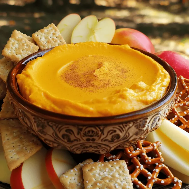 To make a delicious Pumpkin Spice Cheesecake Dip, you need these key ingredients: - 8 oz cream cheese, softened - 1 cup pumpkin puree - 1/2 cup powdered sugar - 1 tablespoon brown sugar - 1 teaspoon vanilla extract - 1 teaspoon pumpkin pie spice - 1/2 teaspoon cinnamon - 1/2 cup whipped topping - Dippers: graham crackers, apple slices, or pretzels Each ingredient plays a special role. The cream cheese gives the dip that rich and creamy base. Pumpkin puree adds a nice fall flavor while keeping the dip smooth. Sugar sweetens it just enough, and the spices bring warmth. I love using whipped topping for a light texture. It makes the dip airy and fun to eat. For dippers, graham crackers add crunch, apple slices bring freshness, and pretzels give a salty kick. You can mix and match to find your favorite! For the full recipe and instructions, check out the section above. Enjoy making this fun treat! Start by taking your cream cheese out of the fridge. You want it to be soft. This makes it easy to mix. Place the cream cheese in a large mixing bowl. Beat it with a mixer until it is smooth. This step is key to a creamy dip. Next, add the pumpkin puree to the bowl. Then, sprinkle in the powdered sugar and brown sugar. Pour in the vanilla extract, pumpkin pie spice, and cinnamon. Mix everything together until you have a smooth and even texture. This is where the flavors start to come alive. Now, it’s time for the whipped topping. Gently fold it into the mixture. This helps keep the dip light and fluffy. After mixing, taste the dip. If you want it sweeter or spicier, adjust as needed. Finally, transfer your dip to a serving bowl. Chill it in the fridge for at least 30 minutes. This lets the flavors blend perfectly. When ready, serve it with graham crackers, apple slices, or pretzels for dipping. Enjoy your creamy and delightful treat! For more details, check the Full Recipe. To get the right texture, mix gently. Over-mixing can make the dip too runny. You want it smooth but thick. After mixing, chill the dip for at least 30 minutes. Chilling helps the flavors blend well and makes it creamy. If you find the dip too sweet, you can change that. Add a little more pumpkin puree or a pinch of salt to balance the sweetness. For more flavor, add extra spices. A dash of nutmeg or more cinnamon can elevate the taste. How you serve the dip matters. Use a decorative bowl to make it look appealing. You can sprinkle a little pumpkin pie spice on top for style. Arrange graham crackers, apple slices, or pretzels around the bowl. This makes it easy for guests to dip in and adds a nice touch to your table. For the full recipe, check out Pumpkin Spice Cheesecake Dip! {{image_2}} You can make this dip lighter by swapping cream cheese with Greek yogurt. Greek yogurt adds protein and tang. This change keeps the dip creamy while cutting calories. You can also use natural sweeteners like honey or maple syrup instead of powdered sugar. These options offer a sweet taste without refined sugar. To make your dip more exciting, try adding chocolate chips or nuts. Chocolate chips give a rich flavor that pairs well with pumpkin. Nuts add a nice crunch, making each bite interesting. You can also mix in other spices, such as nutmeg. Nutmeg adds warmth and depth, enhancing the pumpkin spice profile. For festive fun, add cranberries to your dip. The tartness of cranberries contrasts nicely with the sweet dip. It also gives a holiday vibe. You can also use flavored whipped topping, like cinnamon or vanilla. This twist can add an extra layer of flavor to the dip and surprise your guests. For the full recipe, check out the details I provided earlier. Store your Pumpkin Spice Cheesecake Dip in an airtight container. This keeps it fresh and tasty. Place it in the refrigerator right after serving. Avoid leaving it out for too long. To preserve its creamy texture, use the container with the best seal. Yes, you can freeze the dip! Just put it in a freezer-safe container. Make sure to leave some space at the top for expansion. When you are ready to eat it, thaw it in the fridge overnight. This method keeps the dip smooth and delicious. In the fridge, the dip lasts about 3 to 5 days. Check for any changes in smell or color. If you see separation or an off smell, it’s best to throw it away. Always trust your senses; they guide you well! Yes, you can make this dip ahead of time. I recommend preparing it a day before. Just chill it in the fridge. This allows the flavors to blend well. You have many tasty options! Try apple slices for a fresh crunch. Pretzels add a nice salty bite. You can also use vanilla wafers or even banana slices for a sweet twist. This dip can last up to five days in the fridge. Store it in an airtight container. If it looks or smells off, don't eat it. Always check for freshness. The dip itself is gluten-free if you use gluten-free dippers. Graham crackers often contain gluten, so opt for gluten-free options. Always read the labels to be sure. The Pumpkin Spice Cheesecake Dip is an easy treat to enjoy. You learned the essential ingredients, from cream cheese to spices. I shared step-by-step instructions for smooth mixing and chilling. You discovered tips to change flavor and achieve the best texture. I also covered storage, variations, and common questions. This dip is simple, tasty, and perfect for gatherings. Enjoy making this delightful treat whenever you crave something sweet!